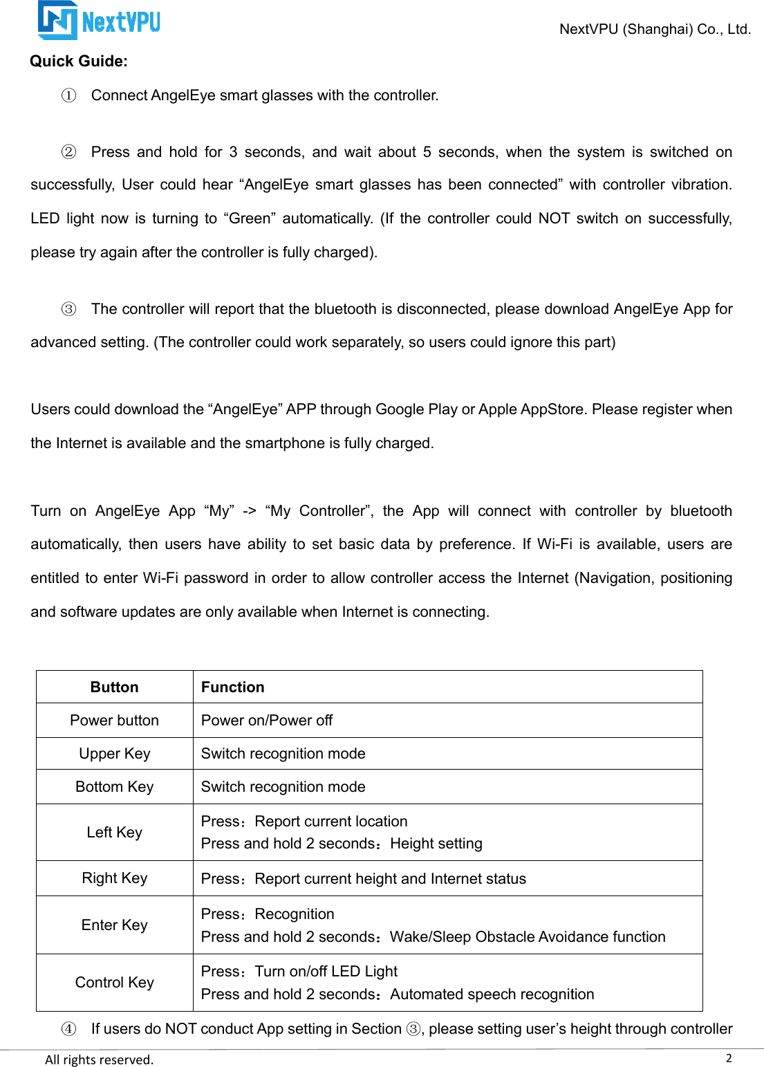    All rights reserved.     Quick Guide: Connect AngelEye smart glasses with the controller. Press  and  hold  for  3  seconds,  and  wait  about  5  seconds, successfully,  User  could  hear  “AngelEye  smart  glasses  has  been  connected” with  controller  vibration. LED  light  now  is  turning to  “Green”please try again after the controller is  The controller will report that the bluetooth is disconnected, please download AngelEye App for advanced setting. (The controller could work separately, so users  Users could download the “AngelEye” APP through Google Play or Apple AppStore. Please register when the Internet is available and the smartphone is fully charged.  Turn  on  AngelEye  App  “My”  -&gt;  “My  Controller”,  the  App  will  connectautomatically,  then  users  have  ability  to  set  basic  data  by  preference.  If  Wientitled to enter Wi-Fi password in order to allow controller access the Internet (Navigation, positioning and software updates are only available when Internet is connecting. If users do NOT conduct ApButton  FunctionPower button  Power on/Power Upper Key Switch recognition modeBottom Key Switch recognition modeLeft Key  PressReport current Press and hold 2 secondsRight Key  PressReport current height and Internet statusEnter Key  PressRecognitionPress and hold 2 secondsControl Key  PressTurn Press and holdNextVPU (Shanghai) Co., Ltd.Connect AngelEye smart glasses with the controller. Press  and  hold  for  3  seconds,  and  wait  about  5  seconds, when  the  system  is successfully,  User  could  hear  “AngelEye  smart  glasses  has  been  connected” with  controller  vibration. to  “Green”  automatically.  (If  the  controller  could  NOT  switch  on  successfully,please try again after the controller is fully charged). will report that the bluetooth is disconnected, please download AngelEye App for advanced setting. (The controller could work separately, so users could ignore this part)Users could download the “AngelEye” APP through Google Play or Apple AppStore. Please register when the Internet is available and the smartphone is fully charged.  &gt;  “My  Controller”,  the  App  will  connect with  controller  by  bluetooth automatically,  then  users  have  ability  to  set  basic  data  by  preference.  If  Wi-Fi  is  available,  users  are Fi password in order to allow controller access the Internet (Navigation, positioning pdates are only available when Internet is connecting. uct App setting in Section  , please setting user’s heunction n/Power off Switch recognition mode Switch recognition mode Report current location Press and hold 2 secondsHeight setting Report current height and Internet status Recognition Press and hold 2 secondsWake/Sleep Obstacle Avoidance functionTurn on/off LED Light Press and hold 2 seconds Automated speech recognition2NextVPU (Shanghai) Co., Ltd. when  the  system  is switched  on successfully,  User  could  hear  “AngelEye  smart  glasses  has  been  connected” with  controller  vibration. r  could  NOT  switch  on  successfully, will report that the bluetooth is disconnected, please download AngelEye App for could ignore this part) Users could download the “AngelEye” APP through Google Play or Apple AppStore. Please register when with  controller  by  bluetooth Fi  is  available,  users  are Fi password in order to allow controller access the Internet (Navigation, positioning r’s height through controller Wake/Sleep Obstacle Avoidance function ecognition 