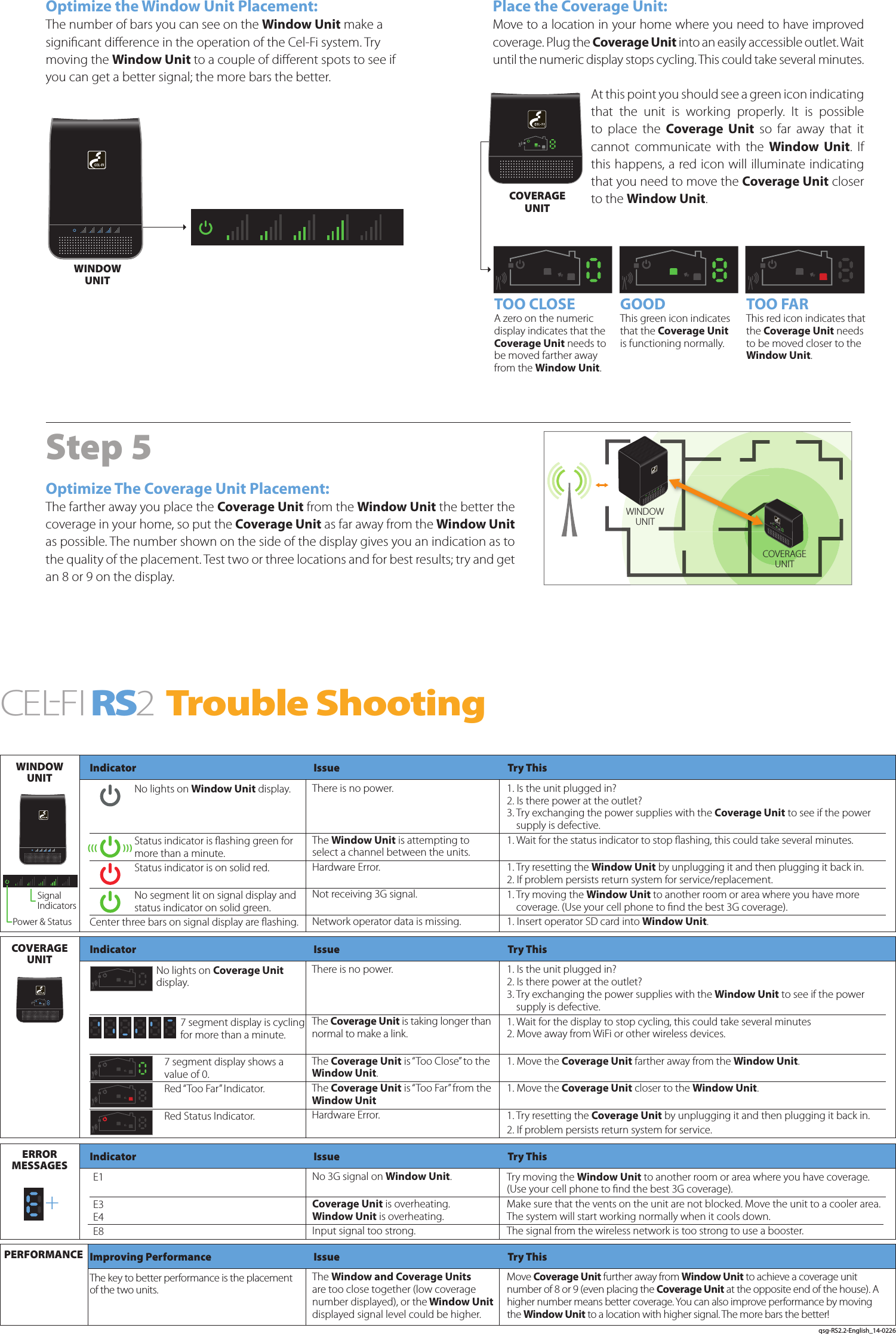 Step 4Place the Coverage Unit:Move to a location in your home where you need to have improved coverage. Plug the Coverage Unit into an easily accessible outlet. Wait until the numeric display stops cycling. This could take several minutes. At this point you should see a green icon indicating that  the  unit  is  working  properly.  It  is  possible to  place  the  Coverage  Unit  so  far  away  that  it cannot  communicate  with  the  Window  Unit.  If this happens, a red icon will illuminate indicating that you need to move the Coverage Unit closer to the Window Unit.TOO CLOSEA zero on the numeric display indicates that the Coverage Unit needs to be moved farther away from the Window Unit.GOODThis green icon indicates that the Coverage Unit is functioning normally.TOO FARThis red icon indicates that the Coverage Unit needs to be moved closer to the Window Unit.Step 3 Optimize the Window Unit Placement:The number of bars you can see on the Window Unit make a signicant dierence in the operation of the Cel-Fi system. Try moving the Window Unit to a couple of dierent spots to see if you can get a better signal; the more bars the better. Step 5Optimize The Coverage Unit Placement:The farther away you place the Coverage Unit from the Window Unit the better the coverage in your home, so put the Coverage Unit as far away from the Window Unit as possible. The number shown on the side of the display gives you an indication as to the quality of the placement. Test two or three locations and for best results; try and get an 8 or 9 on the display.COVERAGE UNITWINDOW UNITCOVERAGEUNITWINDOW UNITCEL-FIRS 2 Trouble ShootingIndicator  Issue  Try ThisIndicator  Issue  Try ThisIndicator  Issue  Try ThisImproving Performance  Issue  Try ThisNo lights on Window Unit display.   Status indicator is ashing green for more than a minute.Status indicator is on solid red. No segment lit on signal display and status indicator on solid green.Center three bars on signal display are ashing.No lights on Coverage Unit display.  7 segment display is cycling for more than a minute. 7 segment display shows a value of 0.Red “Too Far” Indicator. Red Status Indicator.E1 E3  E4 E8The key to better performance is the placement of the two units. There is no power.   The Window Unit is attempting to select a channel between the units.Hardware Error. Not receiving 3G signal. Network operator data is missing.There is no power.   The Coverage Unit is taking longer than normal to make a link. The Coverage Unit is “Too Close” to the Window Unit.The Coverage Unit is “Too Far” from the Window UnitHardware Error. No 3G signal on Window Unit.Coverage Unit is overheating.Window Unit is overheating.Input signal too strong.The Window and Coverage Units are too close together (low coverage number displayed), or the Window Unit displayed signal level could be higher.1. Is the unit plugged in? 2. Is there power at the outlet? 3.  Try exchanging the power supplies with the Coverage Unit to see if the power supply is defective.1. Wait for the status indicator to stop ashing, this could take several minutes. 1. Try resetting the Window Unit by unplugging it and then plugging it back in.2. If problem persists return system for service/replacement.1.  Try moving the Window Unit to another room or area where you have more coverage. (Use your cell phone to nd the best 3G coverage).1. Insert operator SD card into Window Unit.1. Is the unit plugged in? 2. Is there power at the outlet? 3.  Try exchanging the power supplies with the Window Unit to see if the power supply is defective.1. Wait for the display to stop cycling, this could take several minutes 2. Move away from WiFi or other wireless devices. 1. Move the Coverage Unit farther away from the Window Unit.1. Move the Coverage Unit closer to the Window Unit.1. Try resetting the Coverage Unit by unplugging it and then plugging it back in.2. If problem persists return system for service.Try moving the Window Unit to another room or area where you have coverage. (Use your cell phone to nd the best 3G coverage). Make sure that the vents on the unit are not blocked. Move the unit to a cooler area. The system will start working normally when it cools down.The signal from the wireless network is too strong to use a booster.Move Coverage Unit further away from Window Unit to achieve a coverage unit number of 8 or 9 (even placing the Coverage Unit at the opposite end of the house). A higher number means better coverage. You can also improve performance by moving the Window Unit to a location with higher signal. The more bars the better!    WINDOW UNITCOVERAGE UNITERROR  MESSAGESPERFORMANCEqsg-RS2.2-English_14-0226+(((            )))SignalIndicatorsPower &amp; Status