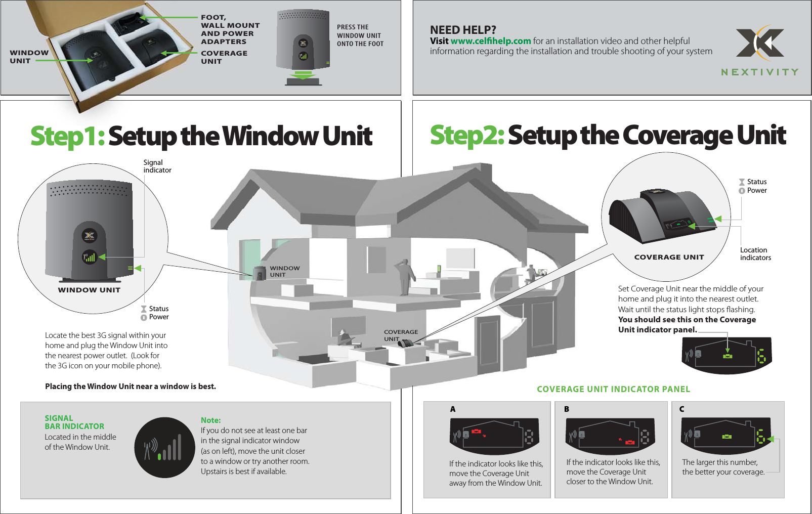 Step1: Setup the Window Unit Step2: Setup the Coverage UnitLocate the best 3G signal within your home and plug the Window Unit into the nearest power outlet.  (Look for the 3G icon on your mobile phone). Placing the Window Unit near a window is best.Set Coverage Unit near the middle of your home and plug it into the nearest outlet. Wait until the status light stops ashing. You should see this on the Coverage Unit indicator panel.If the indicator looks like this, move the Coverage Unitaway from the Window Unit.If the indicator looks like this, move the Coverage Unitcloser to the Window Unit.COVERAGE UNIT INDICATOR PANELWINDOW UNITCOVERAGE UNITSignalindicatorLocationindicatorsWINDOW UNITFOOT, WALL MOUNT AND POWER ADAPTERSCOVERAGE UNITWINDOW UNITCOVERAGE UNITThe larger this number, the better your coverage.SIGNAL BAR INDICATORLocated in the middleof the Window Unit.NEED HELP?Visit www.celhelp.com for an installation video and other helpful information regarding the installation and trouble shooting of your systemAB CNote:If you do not see at least one barin the signal indicator window(as on left), move the unit closer to a window or try another room.Upstairs is best if available.PRESS THEWINDOW UNIT ONTO THE FOOTStatusPowerStatusPower