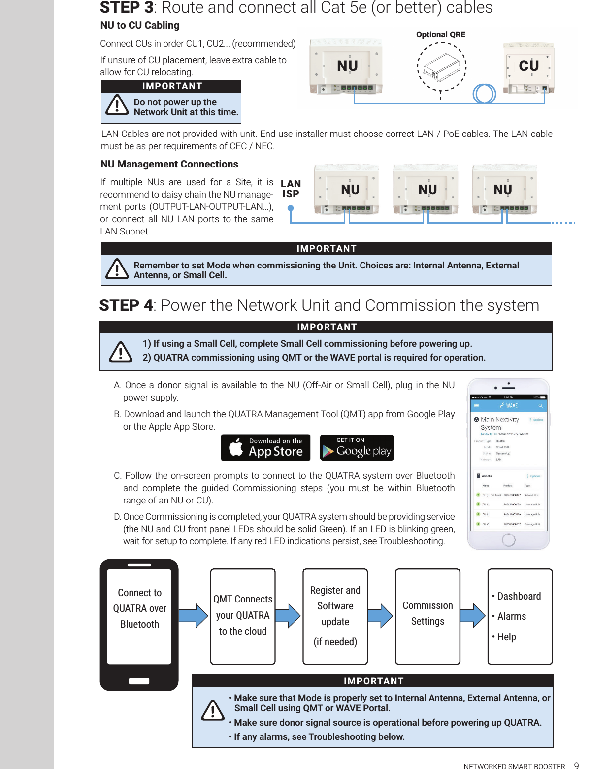 STEP 3: Route and connect all Cat 5e (or better) cablesSTEP 4: Power the Network Unit and Commission the systemLAN Cables are not provided with unit. End-use installer must choose correct LAN / PoE cables. The LAN cable must be as per requirements of CEC / NEC.NU Management ConnectionsA. Once a donor signal is available to the NU (Off-Air or Small Cell), plug in the  NU power supply.  B. Download and launch the QUATRA Management Tool (QMT) app from Google Play or the Apple App Store.C. Follow the on-screen prompts to connect to the QUATRA system over Bluetooth and  complete  the  guided  Commissioning  steps  (you  must  be  within  Bluetooth range of an NU or CU). D. Once Commissioning is completed, your QUATRA system should be providing service (the NU and CU front panel LEDs should be solid Green). If an LED is blinking green, wait for setup to complete. If any red LED indications persist, see Troubleshooting.NULANISP NU NUNETWORKED SMART BOOSTER     9Commission Settings• Dashboard• Alarms• HelpRegister andSoftware update(if needed)QMT Connects your QUATRA to the cloudConnect to QUATRA over BluetoothNU CUOptional QREConnect CUs in order CU1, CU2... (recommended)If unsure of CU placement, leave extra cable to allow for CU relocating.If  multiple  NUs  are  used  for  a  Site,  it  is recommend to daisy chain the NU manage-ment  ports  (OUTPUT-LAN-OUTPUT-LAN…), or  connect  all  NU  LAN  ports  to  the  same LAN Subnet.Do not power up the Network Unit at this time.IMPORTANTRemember to set Mode when commissioning the Unit. Choices are: Internal Antenna, External Antenna, or Small Cell.IMPORTANT1) If using a Small Cell, complete Small Cell commissioning before powering up.2) QUATRA commissioning using QMT or the WAVE portal is required for operation.IMPORTANTIMPORTANT• Make sure that Mode is properly set to Internal Antenna, External Antenna, orSmall Cell using QMT or WAVE Portal.• Make sure donor signal source is operational before powering up QUATRA.• If any alarms, see Troubleshooting below.NU to CU Cabling