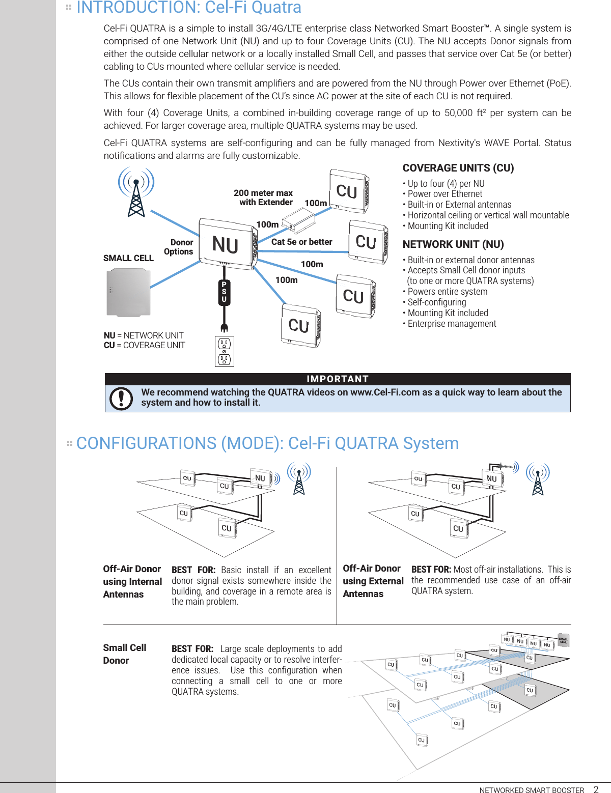 Cel-Fi QUATRA is a simple to install 3G/4G/LTE enterprise class Networked Smart Booster™. A single system is comprised of one Network Unit (NU) and up to four Coverage Units (CU). The NU accepts Donor signals from either the outside cellular network or a locally installed Small Cell, and passes that service over Cat 5e (or better) cabling to CUs mounted where cellular service is needed. The CUs contain their own transmit amplifiers and are powered from the NU through Power over Ethernet (PoE). This allows for flexible placement of the CU’s since AC power at the site of each CU is not required. With  four  (4)  Coverage  Units,  a  combined  in-building  coverage  range  of  up  to  50,000  ft2  per  system  can  be achieved. For larger coverage area, multiple QUATRA systems may be used.Cel-Fi  QUATRA  systems  are  self-configuring  and  can  be  fully  managed  from  Nextivity&apos;s  WAVE  Portal.  Status notifications and alarms are fully customizable. PSUSMALL CELLCat 5e or better200 meter max with Extender 100m100m100m100mDonorOptionsNU = NETWORK UNIT      CU = COVERAGE UNITINTRODUCTION: Cel-Fi QuatraCONFIGURATIONS (MODE): Cel-Fi QUATRA System BEST  FOR:  Basic  install  if  an  excellent donor  signal  exists  somewhere  inside  the building, and coverage in a remote area is the main problem. Off-Air Donor using Internal AntennasBEST FOR: Most off-air installations.  This is the  recommended  use  case  of  an  off-air QUATRA system.  Off-Air Donor using External AntennasBEST FOR:   Large scale  deployments to add dedicated local capacity or to resolve interfer-ence  issues.    Use  this  configuration  when connecting  a  small  cell  to  one  or  more QUATRA systems.Small Cell DonorNETWORKED SMART BOOSTER     2COVERAGE UNITS (CU)• Up to four (4) per NU• Power over Ethernet• Built-in or External antennas• Horizontal ceiling or vertical wall mountable• Mounting Kit includedNETWORK UNIT (NU)• Built-in or external donor antennas• Accepts Small Cell donor inputs(to one or more QUATRA systems)• Powers entire system• Self-configuring• Mounting Kit included• Enterprise managementCOVERAGEUNITCOVERAGEUNITCOVERAGEUNITCOVERAGEUNITCOVERAGEUNITCOVERAGEUNITCOVERAGEUNITCOVERAGEUNITSMALLCELLWe recommend watching the QUATRA videos on www.Cel-Fi.com as a quick way to learn about the system and how to install it.IMPORTANT