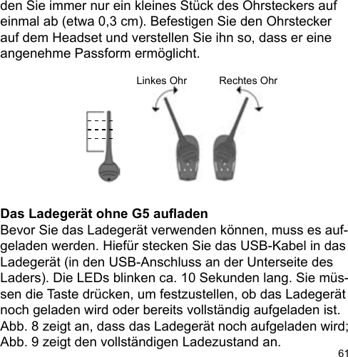 61den Sie immer nur ein kleines Stück des Ohrsteckers auf einmal ab (etwa 0,3 cm). Befestigen Sie den Ohrstecker auf dem Headset und verstellen Sie ihn so, dass er eine angenehme Passform ermöglicht.Das Ladegerät ohne G5 auadenBevor Sie das Ladegerät verwenden können, muss es auf-geladen werden. Hiefür stecken Sie das USB-Kabel in das Ladegerät (in den USB-Anschluss an der Unterseite des Laders). Die LEDs blinken ca. 10 Sekunden lang. Sie müs-sen die Taste drücken, um festzustellen, ob das Ladegerät noch geladen wird oder bereits vollständig aufgeladen ist. Abb. 8 zeigt an, dass das Ladegerät noch aufgeladen wird; Abb. 9 zeigt den vollständigen Ladezustand an.Linkes Ohr Rechtes Ohr