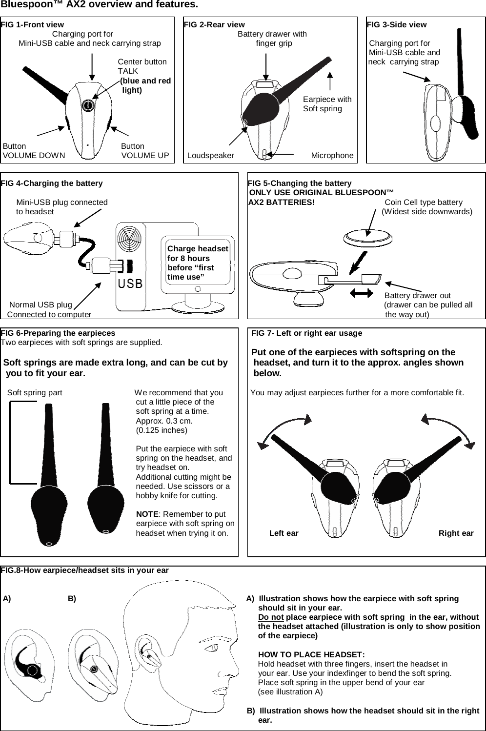 Bluespoon™ AX2 overview and features.  FIG 1-Front view                                                     FIG 2-Rear view                                                      FIG 3-Side view                                                          Charging port for                                                       Battery drawer with                                                                                                                   Mini-USB cable and neck carrying strap                                          finger grip                                  Charging port for                                                                                                                                                                                                      Mini-USB cable and                                                      Center button                                                                                         neck  carrying strap                                                     TALK                                                                                                                                                            (blue and red                                                                                                                                               light)                                                                                                                                       Earpiece with                                                                                                                                       Soft spring      Button                                          Button                         VOLUME DOWN                         VOLUME UP        Loudspeaker                                  Microphone   FIG 4-Charging the battery                                                                FIG 5-Changing the battery                                                                                                                                                                                                     ONLY USE ORIGINAL BLUESPOON™                                                                           Mini-USB plug connected                                                              AX2 BATTERIES!                               Coin Cell type battery                                             to headset                                                                                                                                                 (Widest side downwards)                                                                                                               Charge headset                                                                           for 8 hours                                                                                                                                               before “first                                                                            time use”                                                                                                                                                                                                                                                                                                                                                                                                                                                                                                                                                   Battery drawer out     Normal USB plug                                                                                                                                          (drawer can be pulled all    Connected to computer                                                                                                                                  the way out)  FIG 6-Preparing the earpieces                                                            FIG 7- Left or right ear usage                                                                                   Two earpieces with soft springs are supplied.                                                                                                                                                                                                                                                         Put one of the earpieces with softspring on the           Soft springs are made extra long, and can be cut by          headset, and turn it to the approx. angles shown       you to fit your ear.                                                                  below.                                                                                                                        Soft spring part                                We recommend that you            You may adjust earpieces further for a more comfortable fit.                                                                                                 cut a little piece of the                                                                                                                                                                                                                soft spring at a time.                                                                                                                                                                                                                  Approx. 0.3 cm.                                                                                                                                                                                            (0.125 inches)                                                                                                                                                                                                                                                                                                                                                                                                                        Put the earpiece with soft                                                                                                                                                                               spring on the headset, and                                                             try headset on.                                                                                                                                                                                Additional cutting might be                                                                                                                                                                                                        needed. Use scissors or a                                                                                                                                                                                hobby knife for cutting.                                                                                                                                                                                                                                                                                                                                                                                                                        NOTE: Remember to put                                                                                                                                                                                      earpiece with soft spring on                                                              headset when trying it on.                  Left ear                                                              Right ear                                                                                                                                                                                                                                                                                                                                                                                                                                                                                                                                                                                                                                          FIG.8-How earpiece/headset sits in your ear     A)                         B)                                                                           A)  Illustration shows how the earpiece with soft spring                                                                                                                    should sit in your ear.                                                                                                                    Do not place earpiece with soft spring  in the ear, without                                                                                                                    the headset attached (illustration is only to show position                                                                                                                     of the earpiece)                                                                                                                                                                                         HOW TO PLACE HEADSET:                                                                                                                   Hold headset with three fingers, insert the headset in                                                                                                                    your ear. Use your indexfinger to bend the soft spring.                                                                                                                    Place soft spring in the upper bend of your ear                                                                                                                    (see illustration A)                                                                                                                                                                                                                           B)  Illustration shows how the headset should sit in the right                                                                                                                     ear.                                                                                                                                                                                           