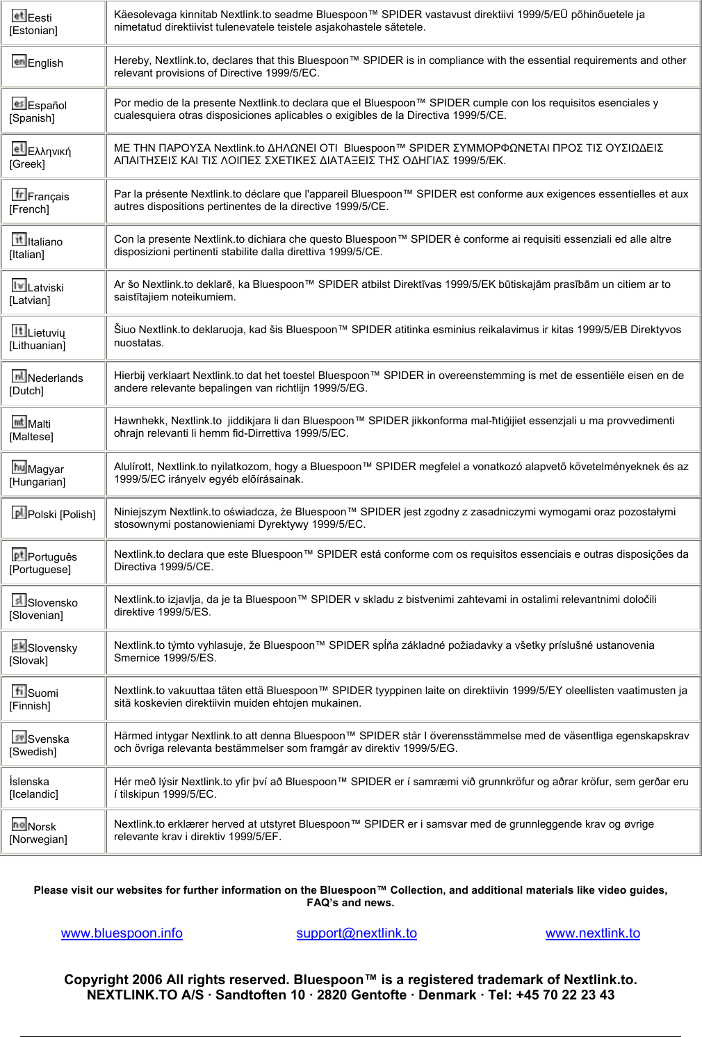 Eesti [Estonian] Käesolevaga kinnitab Nextlink.to seadme Bluespoon™ SPIDER vastavust direktiivi 1999/5/EÜ põhinõuetele ja nimetatud direktiivist tulenevatele teistele asjakohastele sätetele. English  Hereby, Nextlink.to, declares that this Bluespoon™ SPIDER is in compliance with the essential requirements and other relevant provisions of Directive 1999/5/EC. Español [Spanish] Por medio de la presente Nextlink.to declara que el Bluespoon™ SPIDER cumple con los requisitos esenciales y cualesquiera otras disposiciones aplicables o exigibles de la Directiva 1999/5/CE. Ελληνική [Greek] ΜΕ ΤΗΝ ΠΑΡΟΥΣΑ Nextlink.to ∆ΗΛΩΝΕΙ ΟΤΙ  Bluespoon™ SPIDER ΣΥΜΜΟΡΦΩΝΕΤΑΙ ΠΡΟΣ ΤΙΣ ΟΥΣΙΩ∆ΕΙΣ ΑΠΑΙΤΗΣΕΙΣ ΚΑΙ ΤΙΣ ΛΟΙΠΕΣ ΣΧΕΤΙΚΕΣ ∆ΙΑΤΑΞΕΙΣ ΤΗΣ Ο∆ΗΓΙΑΣ 1999/5/ΕΚ. Français [French] Par la présente Nextlink.to déclare que l&apos;appareil Bluespoon™ SPIDER est conforme aux exigences essentielles et aux autres dispositions pertinentes de la directive 1999/5/CE. Italiano [Italian] Con la presente Nextlink.to dichiara che questo Bluespoon™ SPIDER è conforme ai requisiti essenziali ed alle altre disposizioni pertinenti stabilite dalla direttiva 1999/5/CE. Latviski [Latvian] Ar šo Nextlink.to deklarē, ka Bluespoon™ SPIDER atbilst Direktīvas 1999/5/EK būtiskajām prasībām un citiem ar to saistītajiem noteikumiem. Lietuvių [Lithuanian]  Šiuo Nextlink.to deklaruoja, kad šis Bluespoon™ SPIDER atitinka esminius reikalavimus ir kitas 1999/5/EB Direktyvos nuostatas. Nederlands [Dutch] Hierbij verklaart Nextlink.to dat het toestel Bluespoon™ SPIDER in overeenstemming is met de essentiële eisen en de andere relevante bepalingen van richtlijn 1999/5/EG. Malti [Maltese] Hawnhekk, Nextlink.to  jiddikjara li dan Bluespoon™ SPIDER jikkonforma mal-ħtiġijiet essenzjali u ma provvedimenti oħrajn relevanti li hemm fid-Dirrettiva 1999/5/EC. Magyar [Hungarian] Alulírott, Nextlink.to nyilatkozom, hogy a Bluespoon™ SPIDER megfelel a vonatkozó alapvetõ követelményeknek és az 1999/5/EC irányelv egyéb elõírásainak. Polski [Polish]  Niniejszym Nextlink.to oświadcza, że Bluespoon™ SPIDER jest zgodny z zasadniczymi wymogami oraz pozostałymi stosownymi postanowieniami Dyrektywy 1999/5/EC. Português [Portuguese] Nextlink.to declara que este Bluespoon™ SPIDER está conforme com os requisitos essenciais e outras disposições da Directiva 1999/5/CE. Slovensko [Slovenian] Nextlink.to izjavlja, da je ta Bluespoon™ SPIDER v skladu z bistvenimi zahtevami in ostalimi relevantnimi določili direktive 1999/5/ES. Slovensky [Slovak] Nextlink.to týmto vyhlasuje, že Bluespoon™ SPIDER spĺňa základné požiadavky a všetky príslušné ustanovenia Smernice 1999/5/ES. Suomi [Finnish] Nextlink.to vakuuttaa täten että Bluespoon™ SPIDER tyyppinen laite on direktiivin 1999/5/EY oleellisten vaatimusten ja sitä koskevien direktiivin muiden ehtojen mukainen. Svenska [Swedish] Härmed intygar Nextlink.to att denna Bluespoon™ SPIDER står I överensstämmelse med de väsentliga egenskapskrav och övriga relevanta bestämmelser som framgår av direktiv 1999/5/EG. Íslenska [Icelandic] Hér með lýsir Nextlink.to yfir því að Bluespoon™ SPIDER er í samræmi við grunnkröfur og aðrar kröfur, sem gerðar eru í tilskipun 1999/5/EC. Norsk [Norwegian] Nextlink.to erklærer herved at utstyret Bluespoon™ SPIDER er i samsvar med de grunnleggende krav og øvrige relevante krav i direktiv 1999/5/EF.   Please visit our websites for further information on the Bluespoon™ Collection, and additional materials like video guides, FAQ’s and news.  www.bluespoon.info                              support@nextlink.to                                  www.nextlink.to   Copyright 2006 All rights reserved. Bluespoon™ is a registered trademark of Nextlink.to. NEXTLINK.TO A/S · Sandtoften 10 · 2820 Gentofte · Denmark · Tel: +45 70 22 23 43                       