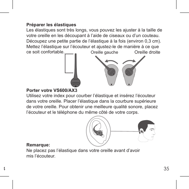 435Oreille gauche Oreille droitePréparer les élastiquesLes élastiques sont très longs, vous pouvez les ajuster à la taille de votre oreille en les découpant à l’aide de ciseaux ou d’un couteau.  Découpez une petite partie de l’élastique à la fois (environ 0,3 cm).  Mettez l’élastique sur l’écouteur et ajustez-le de manière à ce que ce soit confortable.Porter votre VS600/AX3Utilisez votre index pour courber l’élastique et insérez l’écouteur dans votre oreille. Placer l’élastique dans la courbure supérieure de votre oreille. Pour obtenir une meilleure qualité sonore, placez l’écouteur et le téléphone du même côté de votre corps.Remarque:Ne placez pas l’élastique dans votre oreille avant d’avoirmis l’écouteur.