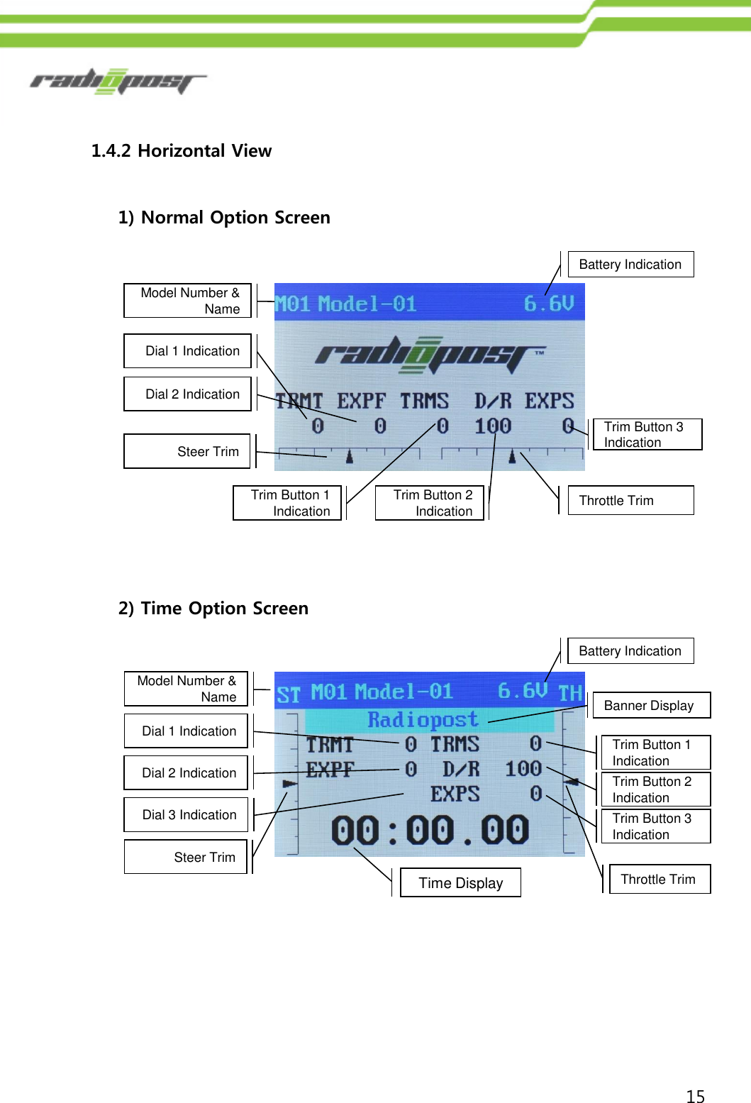 15Battery IndicationThrottle TrimDial 1 IndicationDial 2 IndicationTrim Button 3 IndicationSteer TrimModel Number &amp; Name1.4.2 Horizontal View2) Time Option ScreenDial 1 IndicationDial 2 IndicationSteer TrimModel Number &amp; NameDial 3 IndicationThrottle TrimBanner DisplayTrim Button 1 IndicationTrim Button 2 IndicationTrim Button 3 IndicationTime Display1) Normal Option ScreenTrim Button 1Indication Trim Button 2IndicationBattery Indication