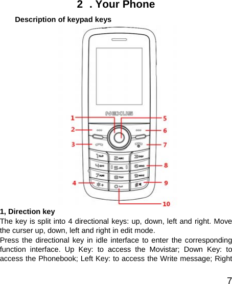   72  . Your Phone   Description of keypad keys  1, Direction key The key is split into 4 directional keys: up, down, left and right. Move the curser up, down, left and right in edit mode.   Press the directional key in idle interface to enter the corresponding function interface. Up Key: to access the Movistar; Down Key: to access the Phonebook; Left Key: to access the Write message; Right 