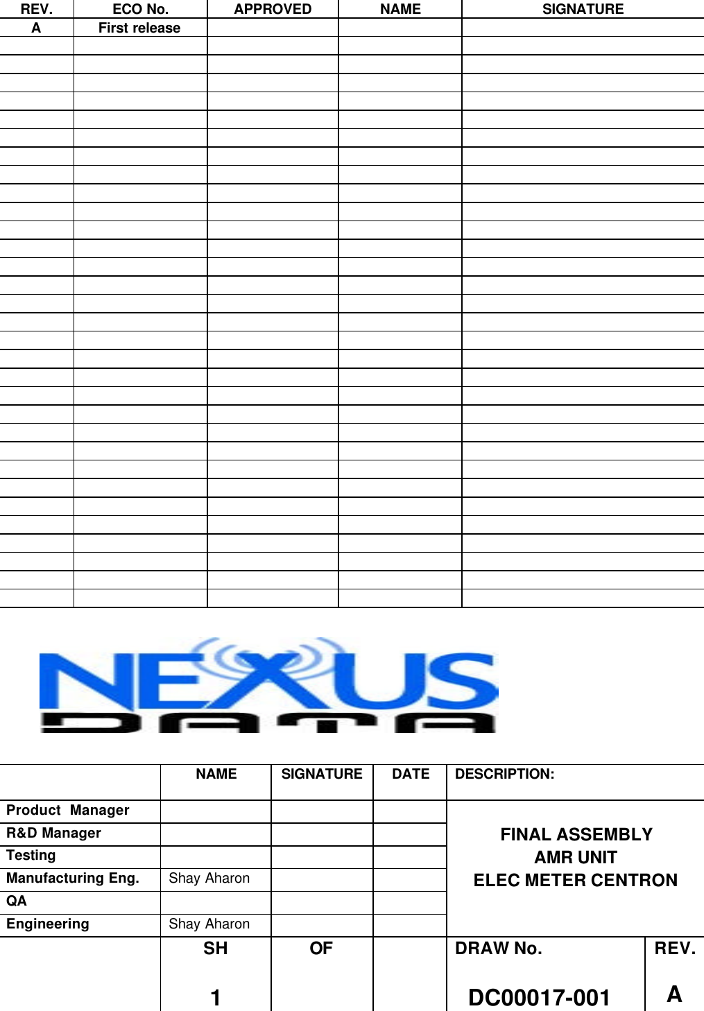 REV. ECO No. APPROVED NAME SIGNATUREAFirst releaseNAME SIGNATURE DATE DESCRIPTION:Product  ManagerR&amp;D Manager FINAL ASSEMBLYTesting AMR UNITManufacturing Eng. Shay Aharon ELEC METER CENTRONQAEngineering Shay AharonSH1OF DRAW No.  DC00017-001REV.A