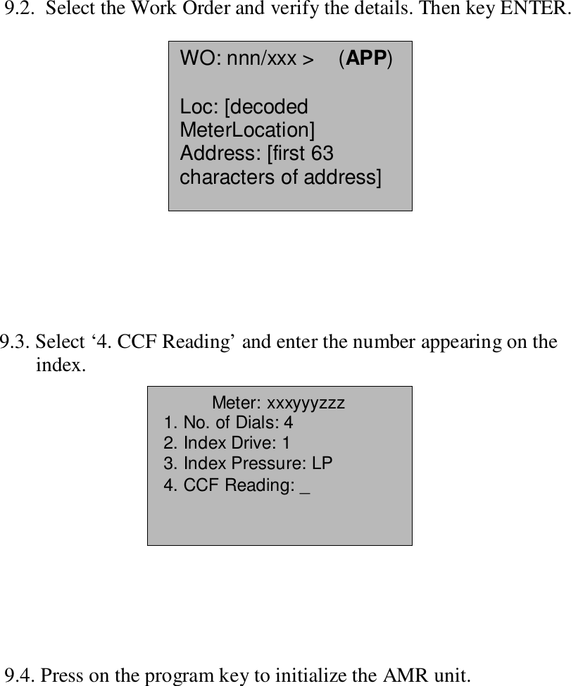 9.2.  Select the Work Order and verify the details. Then key ENTER.   9.3. Select ‘4. CCF Reading’ and enter the number appearing on theindex.    9.4. Press on the program key to initialize the AMR unit.WO: nnn/xxx &gt;    (APP)Loc: [decodedMeterLocation]Address: [first 63characters of address]Meter: xxxyyyzzz 1. No. of Dials: 4 2. Index Drive: 1 3. Index Pressure: LP 4. CCF Reading: _