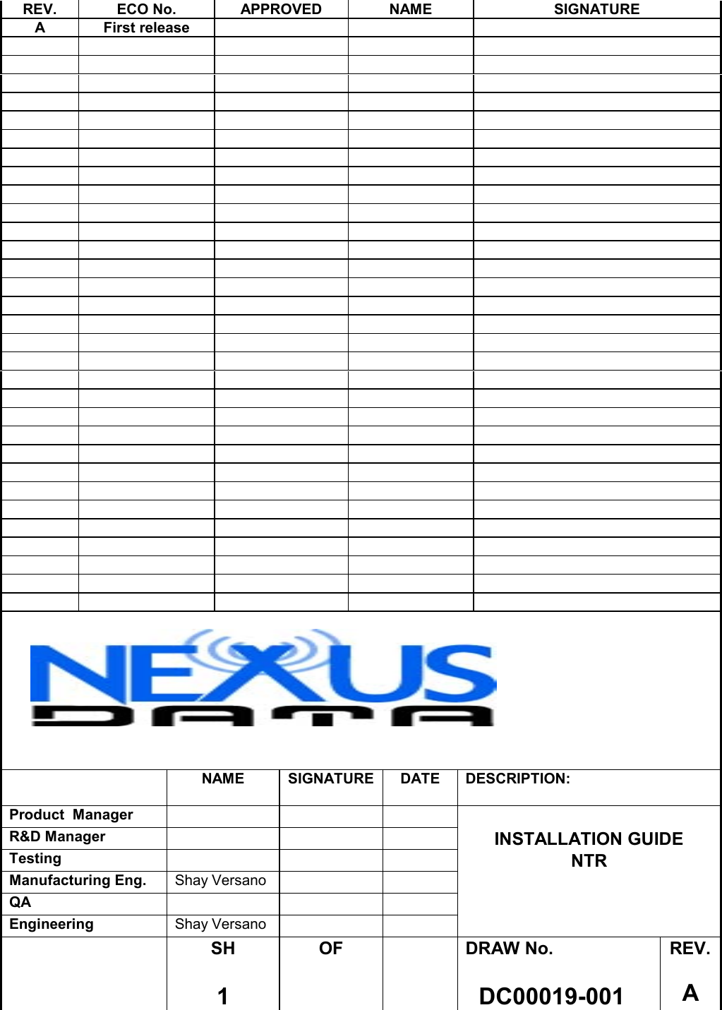 REV. ECO No. APPROVED NAME SIGNATUREA First releaseNAME SIGNATURE DATE DESCRIPTION:Product  ManagerR&amp;D Manager INSTALLATION GUIDETesting NTRManufacturing Eng. Shay VersanoQAEngineering Shay VersanoSH1OF DRAW No.  DC00019-001REV.A