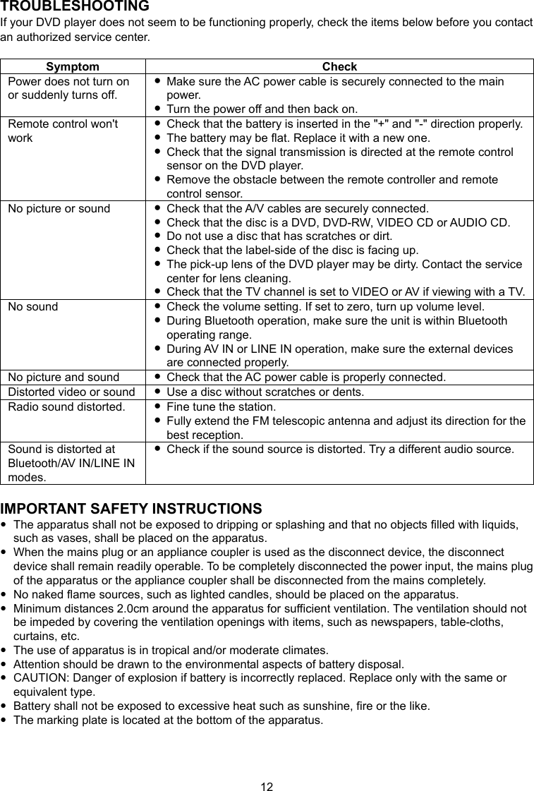 12 TROUBLESHOOTING If your DVD player does not seem to be functioning properly, check the items below before you contact an authorized service center.  Symptom Check Power does not turn on or suddenly turns off. Make sure the AC power cable is securely connected to the main power. Turn the power off and then back on. Remote control won&apos;t work Check that the battery is inserted in the &quot;+&quot; and &quot;-&quot; direction properly.  The battery may be flat. Replace it with a new one.  Check that the signal transmission is directed at the remote control sensor on the DVD player.  Remove the obstacle between the remote controller and remote control sensor. No picture or sound Check that the A/V cables are securely connected.  Check that the disc is a DVD, DVD-RW, VIDEO CD or AUDIO CD.  Do not use a disc that has scratches or dirt.  Check that the label-side of the disc is facing up.  The pick-up lens of the DVD player may be dirty. Contact the service center for lens cleaning. Check that the TV channel is set to VIDEO or AV if viewing with a TV. No sound Check the volume setting. If set to zero, turn up volume level.  During Bluetooth operation, make sure the unit is within Bluetooth operating range.  During AV IN or LINE IN operation, make sure the external devices are connected properly. No picture and sound Check that the AC power cable is properly connected. Distorted video or sound Use a disc without scratches or dents. Radio sound distorted. Fine tune the station.  Fully extend the FM telescopic antenna and adjust its direction for the best reception. Sound is distorted at Bluetooth/AV IN/LINE IN modes. Check if the sound source is distorted. Try a different audio source.  IMPORTANT SAFETY INSTRUCTIONS   The apparatus shall not be exposed to dripping or splashing and that no objects filled with liquids, such as vases, shall be placed on the apparatus.   When the mains plug or an appliance coupler is used as the disconnect device, the disconnect device shall remain readily operable. To be completely disconnected the power input, the mains plug of the apparatus or the appliance coupler shall be disconnected from the mains completely.   No naked flame sources, such as lighted candles, should be placed on the apparatus.   Minimum distances 2.0cm around the apparatus for sufficient ventilation. The ventilation should not be impeded by covering the ventilation openings with items, such as newspapers, table-cloths, curtains, etc.   The use of apparatus is in tropical and/or moderate climates.   Attention should be drawn to the environmental aspects of battery disposal.   CAUTION: Danger of explosion if battery is incorrectly replaced. Replace only with the same or equivalent type.   Battery shall not be exposed to excessive heat such as sunshine, fire or the like.   The marking plate is located at the bottom of the apparatus.  