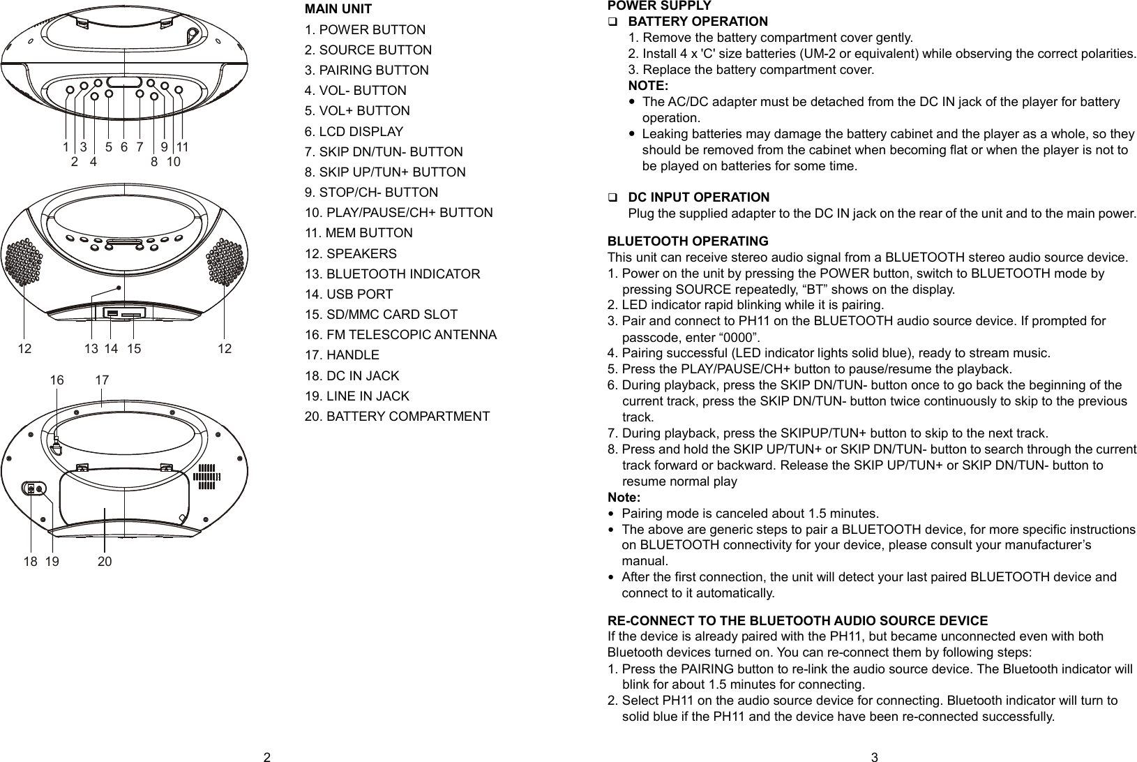   2        3 MAIN UNIT 1. POWER BUTTON 2. SOURCE BUTTON 3. PAIRING BUTTON 4. VOL- BUTTON 5. VOL+ BUTTON 6. LCD DISPLAY 7. SKIP DN/TUN- BUTTON 8. SKIP UP/TUN+ BUTTON 9. STOP/CH- BUTTON 10. PLAY/PAUSE/CH+ BUTTON 11. MEM BUTTON 12. SPEAKERS 13. BLUETOOTH INDICATOR 14. USB PORT 15. SD/MMC CARD SLOT 16. FM TELESCOPIC ANTENNA 17. HANDLE 18. DC IN JACK 19. LINE IN JACK 20. BATTERY COMPARTMENT                   POWER SUPPLY  BATTERY OPERATION 1. Remove the battery compartment cover gently. 2. Install 4 x &apos;C&apos; size batteries (UM-2 or equivalent) while observing the correct polarities. 3. Replace the battery compartment cover. NOTE:  The AC/DC adapter must be detached from the DC IN jack of the player for battery operation.  Leaking batteries may damage the battery cabinet and the player as a whole, so they should be removed from the cabinet when becoming flat or when the player is not to be played on batteries for some time.   DC INPUT OPERATION Plug the supplied adapter to the DC IN jack on the rear of the unit and to the main power.  BLUETOOTH OPERATING This unit can receive stereo audio signal from a BLUETOOTH stereo audio source device. 1. Power on the unit by pressing the POWER button, switch to BLUETOOTH mode by pressing SOURCE repeatedly, “BT” shows on the display. 2. LED indicator rapid blinking while it is pairing. 3. Pair and connect to PH11 on the BLUETOOTH audio source device. If prompted for passcode, enter “0000”. 4. Pairing successful (LED indicator lights solid blue), ready to stream music. 5. Press the PLAY/PAUSE/CH+ button to pause/resume the playback. 6. During playback, press the SKIP DN/TUN- button once to go back the beginning of the current track, press the SKIP DN/TUN- button twice continuously to skip to the previous track. 7. During playback, press the SKIPUP/TUN+ button to skip to the next track.   8. Press and hold the SKIP UP/TUN+ or SKIP DN/TUN- button to search through the current track forward or backward. Release the SKIP UP/TUN+ or SKIP DN/TUN- button to resume normal play Note:  Pairing mode is canceled about 1.5 minutes.  The above are generic steps to pair a BLUETOOTH device, for more specific instructions on BLUETOOTH connectivity for your device, please consult your manufacturer’s manual.  After the first connection, the unit will detect your last paired BLUETOOTH device and connect to it automatically.  RE-CONNECT TO THE BLUETOOTH AUDIO SOURCE DEVICE If the device is already paired with the PH11, but became unconnected even with both Bluetooth devices turned on. You can re-connect them by following steps: 1. Press the PAIRING button to re-link the audio source device. The Bluetooth indicator will blink for about 1.5 minutes for connecting. 2. Select PH11 on the audio source device for connecting. Bluetooth indicator will turn to solid blue if the PH11 and the device have been re-connected successfully.  123456 789101112  13  14  15  1216  1718  19  20