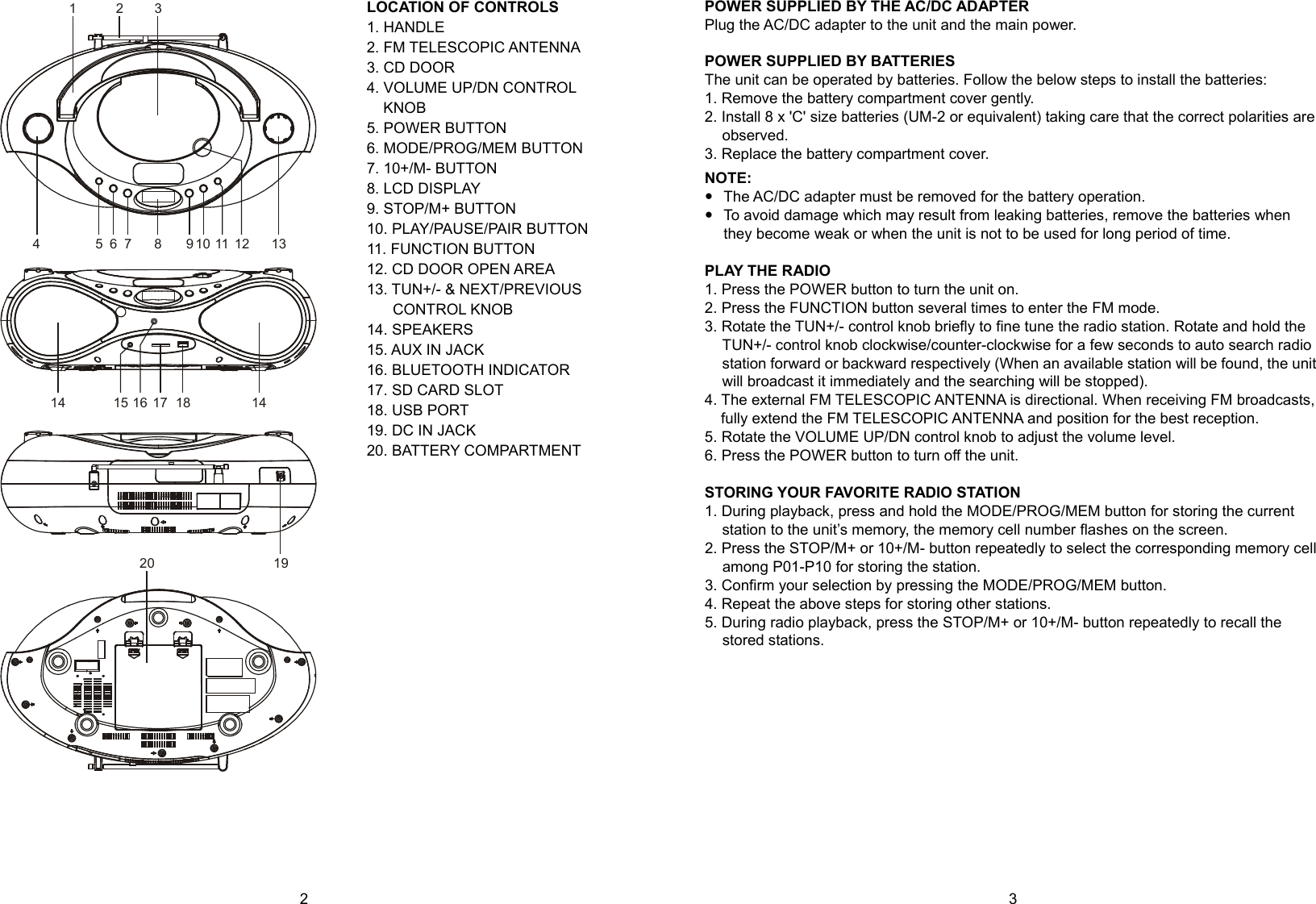 2 3 LOCATION OF CONTROLS 1. HANDLE 2. FM TELESCOPIC ANTENNA 3. CD DOOR 4. VOLUME UP/DN CONTROL KNOB 5. POWER BUTTON 6. MODE/PROG/MEM BUTTON 7. 10+/M- BUTTON 8. LCD DISPLAY 9. STOP/M+ BUTTON 10. PLAY/PAUSE/PAIR BUTTON 11. FUNCTION BUTTON 12. CD DOOR OPEN AREA 13. TUN+/- & NEXT/PREVIOUS CONTROL KNOB 14. SPEAKERS 15. AUX IN JACK 16. BLUETOOTH INDICATOR 17. SD CARD SLOT 18. USB PORT 19. DC IN JACK 20. BATTERY COMPARTMENT POWER SUPPLIED BY THE AC/DC ADAPTER Plug the AC/DC adapter to the unit and the main power. POWER SUPPLIED BY BATTERIES The unit can be operated by batteries. Follow the below steps to install the batteries: 1. Remove the battery compartment cover gently. 2. Install 8 x 'C' size batteries (UM-2 or equivalent) taking care that the correct polarities are observed. 3. Replace the battery compartment cover. NOTE: The AC/DC adapter must be removed for the battery operation. To avoid damage which may result from leaking batteries, remove the batteries when they become weak or when the unit is not to be used for long period of time. PLAY THE RADIO 1. Press the POWER button to turn the unit on. 2. Press the FUNCTION button several times to enter the FM mode. 3. Rotate the TUN+/- control knob briefly to fine tune the radio station. Rotate and hold the TUN+/- control knob clockwise/counter-clockwise for a few seconds to auto search radio station forward or backward respectively (When an available station will be found, the unit will broadcast it immediately and the searching will be stopped). 4. The external FM TELESCOPIC ANTENNA is directional. When receiving FM broadcasts, fully extend the FM TELESCOPIC ANTENNA and position for the best reception. 5. Rotate the VOLUME UP/DN control knob to adjust the volume level. 6. Press the POWER button to turn off the unit. STORING YOUR FAVORITE RADIO STATION 1. During playback, press and hold the MODE/PROG/MEM button for storing the current station to the unit’s memory, the memory cell number flashes on the screen. 2. Press the STOP/M+ or 10+/M- button repeatedly to select the corresponding memory cell among P01-P10 for storing the station. 3. Confirm your selection by pressing the MODE/PROG/MEM button. 4. Repeat the above steps for storing other stations. 5. During radio playback, press the STOP/M+ or 10+/M- button repeatedly to recall the stored stations. 1 2 34 5 6 7 8 9 10 11 12 1314 15 17 18 14 16 20 19