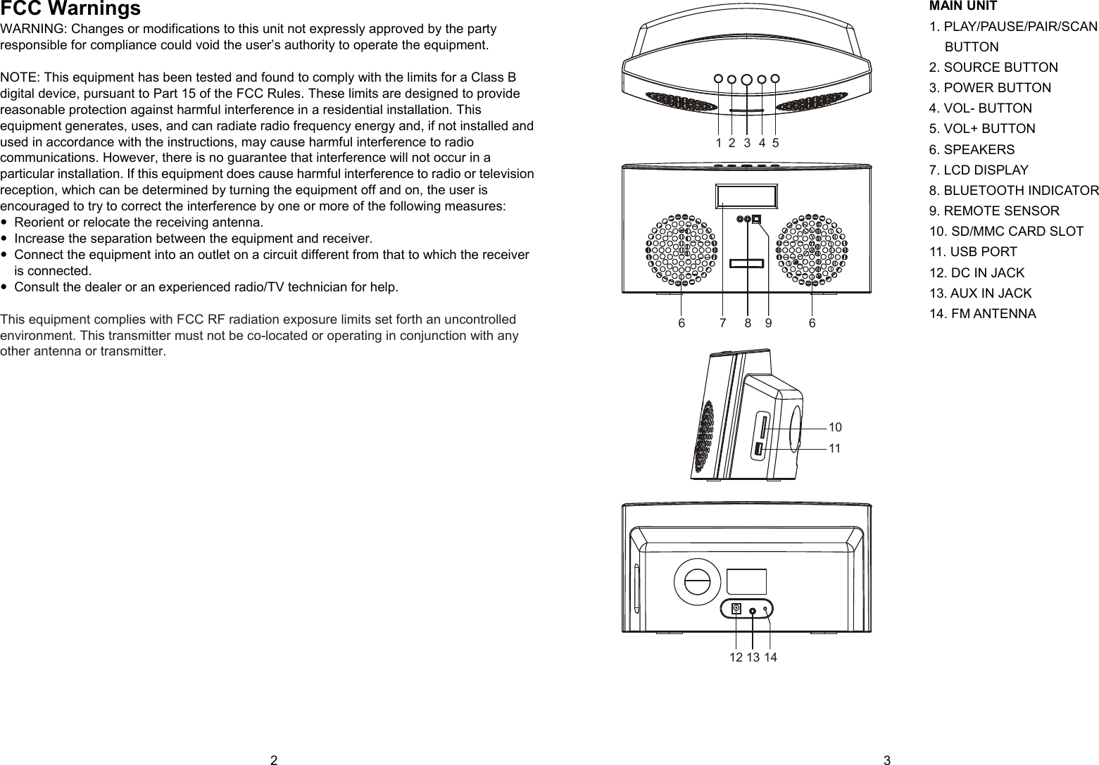  2      3 FCC Warnings WARNING: Changes or modifications to this unit not expressly approved by the party responsible for compliance could void the user’s authority to operate the equipment.  NOTE: This equipment has been tested and found to comply with the limits for a Class B digital device, pursuant to Part 15 of the FCC Rules. These limits are designed to provide reasonable protection against harmful interference in a residential installation. This equipment generates, uses, and can radiate radio frequency energy and, if not installed and used in accordance with the instructions, may cause harmful interference to radio communications. However, there is no guarantee that interference will not occur in a particular installation. If this equipment does cause harmful interference to radio or television reception, which can be determined by turning the equipment off and on, the user is encouraged to try to correct the interference by one or more of the following measures:   Reorient or relocate the receiving antenna.   Increase the separation between the equipment and receiver.   Connect the equipment into an outlet on a circuit different from that to which the receiver is connected.   Consult the dealer or an experienced radio/TV technician for help.  This equipment complies with FCC RF radiation exposure limits set forth an uncontrolled environment. This transmitter must not be co-located or operating in conjunction with any other antenna or transmitter.                   MAIN UNIT 1. PLAY/PAUSE/PAIR/SCAN BUTTON 2. SOURCE BUTTON 3. POWER BUTTON 4. VOL- BUTTON 5. VOL+ BUTTON 6. SPEAKERS 7. LCD DISPLAY 8. BLUETOOTH INDICATOR 9. REMOTE SENSOR 10. SD/MMC CARD SLOT 11. USB PORT 12. DC IN JACK 13. AUX IN JACK 14. FM ANTENNA                        12 3 456789 6101112 13 14