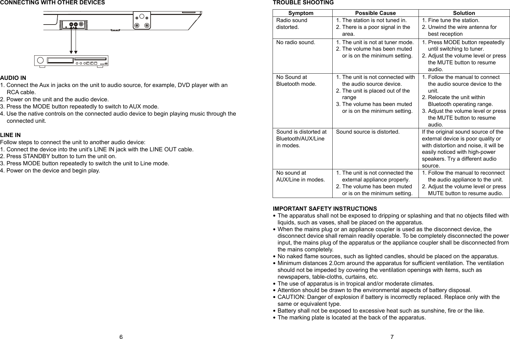  6      7 CONNECTING WITH OTHER DEVICES    AUDIO IN 1. Connect the Aux in jacks on the unit to audio source, for example, DVD player with an RCA cable. 2. Power on the unit and the audio device. 3. Press the MODE button repeatedly to switch to AUX mode. 4. Use the native controls on the connected audio device to begin playing music through the connected unit.  LINE IN Follow steps to connect the unit to another audio device: 1. Connect the device into the unit’s LINE IN jack with the LINE OUT cable. 2. Press STANDBY button to turn the unit on. 3. Press MODE button repeatedly to switch the unit to Line mode. 4. Power on the device and begin play.                      TROUBLE SHOOTING Symptom Possible Cause  Solution Radio sound distorted. 1. The station is not tuned in. 2. There is a poor signal in the area. 1. Fine tune the station. 2. Unwind the wire antenna for best reception No radio sound.  1. The unit is not at tuner mode.2. The volume has been muted or is on the minimum setting.1. Press MODE button repeatedly until switching to tuner. 2. Adjust the volume level or press the MUTE button to resume audio. No Sound at Bluetooth mode. 1. The unit is not connected with the audio source device. 2. The unit is placed out of the range 3. The volume has been muted or is on the minimum setting.1. Follow the manual to connect the audio source device to the unit. 2. Relocate the unit within Bluetooth operating range. 3. Adjust the volume level or press the MUTE button to resume audio. Sound is distorted at Bluetooth/AUX/Line in modes. Sound source is distorted.  If the original sound source of the external device is poor quality or with distortion and noise, it will be easily noticed with high-power speakers. Try a different audio source. No sound at AUX/Line in modes. 1. The unit is not connected the external appliance properly. 2. The volume has been muted or is on the minimum setting.1. Follow the manual to reconnect the audio appliance to the unit. 2. Adjust the volume level or press MUTE button to resume audio.  IMPORTANT SAFETY INSTRUCTIONS  The apparatus shall not be exposed to dripping or splashing and that no objects filled with liquids, such as vases, shall be placed on the apparatus.  When the mains plug or an appliance coupler is used as the disconnect device, the disconnect device shall remain readily operable. To be completely disconnected the power input, the mains plug of the apparatus or the appliance coupler shall be disconnected from the mains completely.  No naked flame sources, such as lighted candles, should be placed on the apparatus.  Minimum distances 2.0cm around the apparatus for sufficient ventilation. The ventilation should not be impeded by covering the ventilation openings with items, such as newspapers, table-cloths, curtains, etc.  The use of apparatus is in tropical and/or moderate climates.  Attention should be drawn to the environmental aspects of battery disposal.    CAUTION: Danger of explosion if battery is incorrectly replaced. Replace only with the same or equivalent type.  Battery shall not be exposed to excessive heat such as sunshine, fire or the like.  The marking plate is located at the back of the apparatus.  