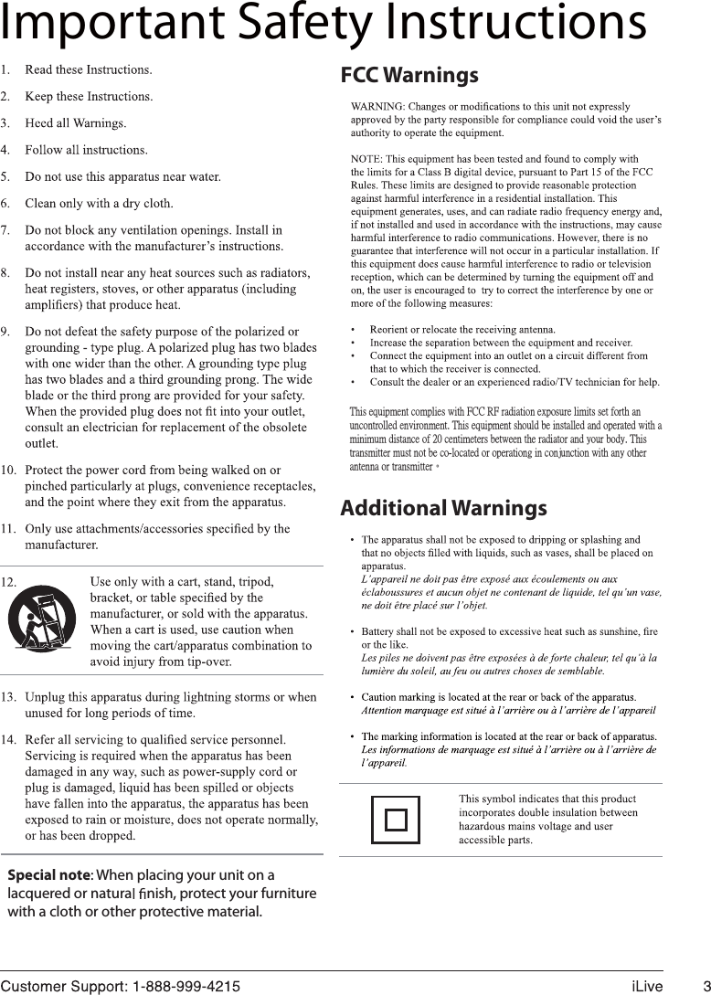 FCC WarningsAdditional WarningsImportant Safety InstructionsSpecial note:When placing your unit on alacquered or natura nish, protect your furniturewith a cloth or other protective material.This equipment complies with FCC RF radiation exposure limits set forth an uncontrolled environment. This equipment should be installed and operated with a minimum distance of 20 centimeters between the radiator and your body. This transmitter must not be co-located or operationg in conjunction with any other ˴́̇˸́́˴ʳ̂̅ʳ̇̅˴́̆̀˼̇̇˸̅Ζ