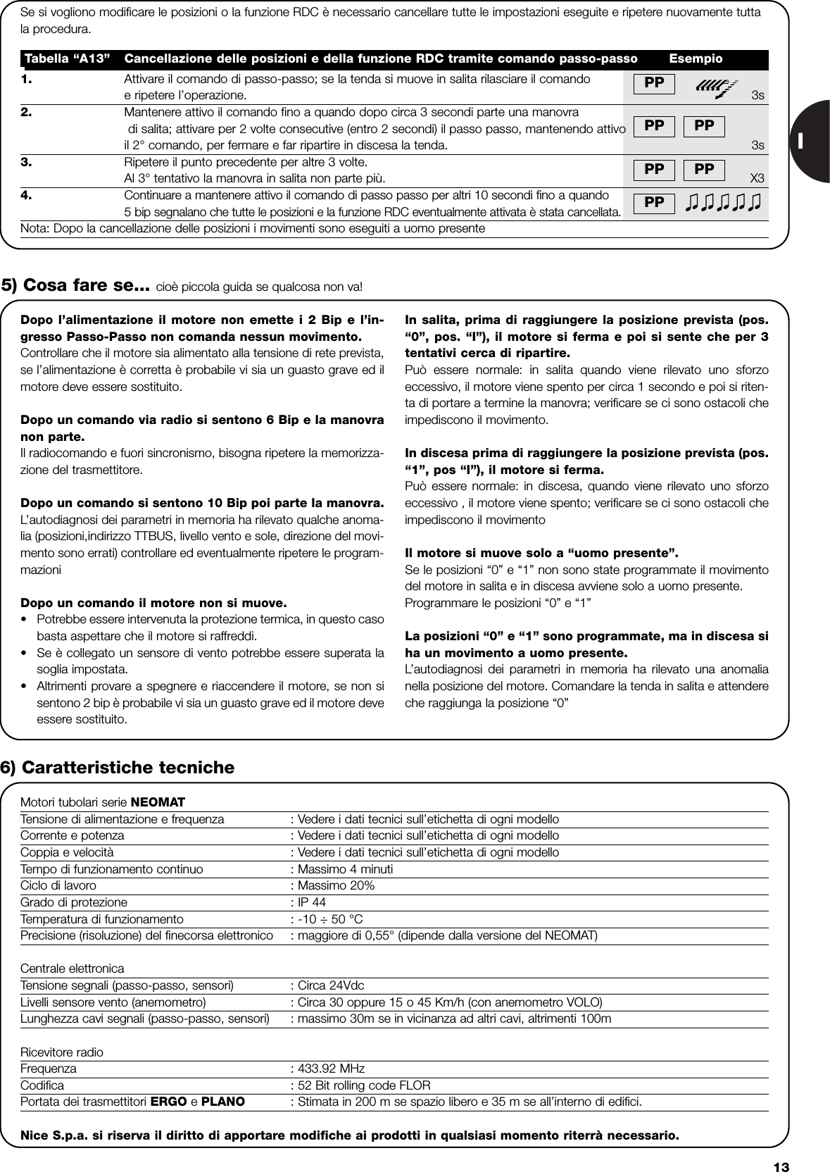 I13Se si vogliono modificare le posizioni o la funzione RDC è necessario cancellare tutte le impostazioni eseguite e ripetere nuovamente tuttala procedura.1. Attivare il comando di passo-passo; se la tenda si muove in salita rilasciare il comando e ripetere l’operazione.  3s2. Mantenere attivo il comando fino a quando dopo circa 3 secondi parte una manovradi salita; attivare per 2 volte consecutive (entro 2 secondi) il passo passo, mantenendo attivo il 2° comando, per fermare e far ripartire in discesa la tenda. 3s3.  Ripetere il punto precedente per altre 3 volte. Al 3° tentativo la manovra in salita non parte più. X34. Continuare a mantenere attivo il comando di passo passo per altri 10 secondi fino a quando5 bip segnalano che tutte le posizioni e la funzione RDC eventualmente attivata è stata cancellata.Nota: Dopo la cancellazione delle posizioni i movimenti sono eseguiti a uomo presenteTabella “A13” Cancellazione delle posizioni e della funzione RDC tramite comando passo-passo EsempioPPPP PPPPPPPPDopo l’alimentazione il motore non emette i 2 Bip e l’in-gresso Passo-Passo non comanda nessun movimento.Controllare che il motore sia alimentato alla tensione di rete prevista,se l’alimentazione è corretta è probabile vi sia un guasto grave ed ilmotore deve essere sostituito.Dopo un comando via radio si sentono 6 Bip e la manovranon parte.Il radiocomando e fuori sincronismo, bisogna ripetere la memorizza-zione del trasmettitore.Dopo un comando si sentono 10 Bip poi parte la manovra.L’autodiagnosi dei parametri in memoria ha rilevato qualche anoma-lia (posizioni,indirizzo TTBUS, livello vento e sole, direzione del movi-mento sono errati) controllare ed eventualmente ripetere le program-mazioniDopo un comando il motore non si muove.•Potrebbe essere intervenuta la protezione termica, in questo casobasta aspettare che il motore si raffreddi.•Se è collegato un sensore di vento potrebbe essere superata lasoglia impostata.•Altrimenti provare a spegnere e riaccendere il motore, se non sisentono 2 bip è probabile vi sia un guasto grave ed il motore deveessere sostituito.In salita, prima di raggiungere la posizione prevista (pos.“0”, pos. “I”), il motore si ferma e poi si sente che per 3tentativi cerca di ripartire.Può essere normale: in salita quando viene rilevato uno sforzoeccessivo, il motore viene spento per circa 1 secondo e poi si riten-ta di portare a termine la manovra; verificare se ci sono ostacoli cheimpediscono il movimento.In discesa prima di raggiungere la posizione prevista (pos.“1”, pos “I”), il motore si ferma.Può essere normale: in discesa, quando viene rilevato uno sforzoeccessivo , il motore viene spento; verificare se ci sono ostacoli cheimpediscono il movimentoIl motore si muove solo a “uomo presente”.Se le posizioni “0” e “1” non sono state programmate il movimentodel motore in salita e in discesa avviene solo a uomo presente.Programmare le posizioni “0” e “1”La posizioni “0” e “1” sono programmate, ma in discesa siha un movimento a uomo presente.L’autodiagnosi dei parametri in memoria ha rilevato una anomalianella posizione del motore. Comandare la tenda in salita e attendereche raggiunga la posizione “0”5) Cosa fare se... cioè piccola guida se qualcosa non va!6) Caratteristiche tecnicheMotori tubolari serie NEOMATTensione di alimentazione e frequenza : Vedere i dati tecnici sull’etichetta di ogni modelloCorrente e potenza : Vedere i dati tecnici sull’etichetta di ogni modelloCoppia e velocità : Vedere i dati tecnici sull’etichetta di ogni modelloTempo di funzionamento continuo : Massimo 4 minutiCiclo di lavoro : Massimo 20%Grado di protezione : IP 44Temperatura di funzionamento : -10 ÷ 50 °CPrecisione (risoluzione) del finecorsa elettronico : maggiore di 0,55° (dipende dalla versione del NEOMAT)Centrale elettronicaTensione segnali (passo-passo, sensori) : Circa 24VdcLivelli sensore vento (anemometro) : Circa 30 oppure 15 o 45 Km/h (con anemometro VOLO)Lunghezza cavi segnali (passo-passo, sensori) : massimo 30m se in vicinanza ad altri cavi, altrimenti 100mRicevitore radioFrequenza : 433.92 MHzCodifica : 52 Bit rolling code FLORPortata dei trasmettitori ERGO e PLANO : Stimata in 200 m se spazio libero e 35 m se all’interno di edifici.Nice S.p.a. si riserva il diritto di apportare modifiche ai prodotti in qualsiasi momento riterrà necessario.