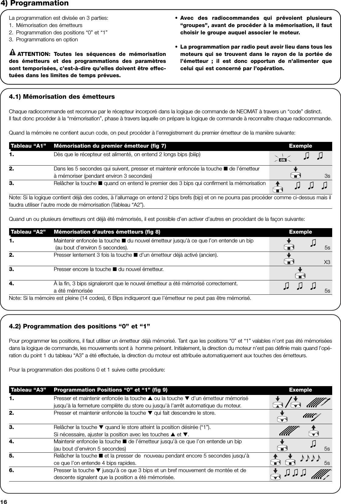 16La programmation est divisée en 3 parties:1. Mémorisation des émetteurs2. Programmation des positions “0” et “1”3. Programmations en optionATTENTION: Toutes les séquences de mémorisationdes émetteurs et des programmations des paramètressont temporisées, c’est-à-dire qu’elles doivent être effec-tuées dans les limites de temps prévues.•Avec des radiocommandes qui prévoient plusieurs“groupes”, avant de procéder à la mémorisation, il fautchoisir le groupe auquel associer le moteur.•La programmation par radio peut avoir lieu dans tous lesmoteurs qui se trouvent dans le rayon de la portée del’émetteur ; il est donc opportun de n’alimenter quecelui qui est concerné par l’opération.4) Programmation1. Presser et maintenir enfoncée la touche ▲ou la touche ▼d’un émetteur mémoriséjusqu’à la fermeture complète du store ou jusqu’à l’arrêt automatique du moteur.2. Presser et maintenir enfoncée la touche ▼qui fait descendre le store.3. Relâcher la touche ▼quand le store atteint la position désirée (“1”).Si nécessaire, ajuster la position avec les touches ▲et ▼.4. Maintenir enfoncée la touche ■de l’émetteur jusqu’à ce que l’on entende un bip(au bout d’environ 5 secondes) 5s5. Relâcher la touche ■et la presser de  nouveau pendant encore 5 secondes jusqu’à ce que l’on entende 4 bips rapides. 5s6. Presser la touche ▼jusqu’à ce que 3 bips et un bref mouvement de montée et dedescente signalent que la position a été mémorisée.Tableau “A3” Programmation Positions “0” et “1” (fig 9) Exemple4.1) Mémorisation des émetteursChaque radiocommande est reconnue par le récepteur incorporé dans la logique de commande de NEOMAT à travers un “code” distinct.Il faut donc procéder à la “mémorisation”, phase à travers laquelle on prépare la logique de commande à reconnaître chaque radiocommande.Quand la mémoire ne contient aucun code, on peut procéder à l’enregistrement du premier émetteur de la manière suivante:!1. Dès que le récepteur est alimenté, on entend 2 longs bips (biiip)2. Dans les 5 secondes qui suivent, presser et maintenir enfoncée la touche ■de l’émetteur à mémoriser (pendant environ 3 secondes) 3s3. Relâcher la touche ■quand on entend le premier des 3 bips qui confirment la mémorisationNote: Si la logique contient déjà des codes, à l’allumage on entend 2 bips brefs (bip) et on ne pourra pas procéder comme ci-dessus mais ilfaudra utiliser l’autre mode de mémorisation (Tableau “A2”).Tableau “A1” Mémorisation du premier émetteur (fig 7) Exemple1. Maintenir enfoncée la touche ■du nouvel émetteur jusqu’à ce que l’on entende un bip(au bout d’environ 5 secondes). 5s2. Presser lentement 3 fois la touche ■d’un émetteur déjà activé (ancien).X33. Presser encore la touche ■du nouvel émetteur.4. À la fin, 3 bips signaleront que le nouvel émetteur a été mémorisé correctement.a été mémorisée 5sNote: Si la mémoire est pleine (14 codes), 6 Bips indiqueront que l’émetteur ne peut pas être mémorisé.Tableau “A2” Mémorisation d’autres émetteurs (fig 8) ExempleQuand un ou plusieurs émetteurs ont déjà été mémorisés, il est possible d’en activer d’autres en procédant de la façon suivante:4.2) Programmation des positions “0” et “1”Pour programmer les positions, il faut utiliser un émetteur déjà mémorisé. Tant que les positions “0” et “1” valables n’ont pas été mémoriséesdans la logique de commande, les mouvements sont à  homme présent. Initialement, la direction du moteur n’est pas définie mais quand l’opé-ration du point 1 du tableau “A3” a été effectuée, la direction du moteur est attribuée automatiquement aux touches des émetteurs.Pour la programmation des positions 0 et 1 suivre cette procédure: