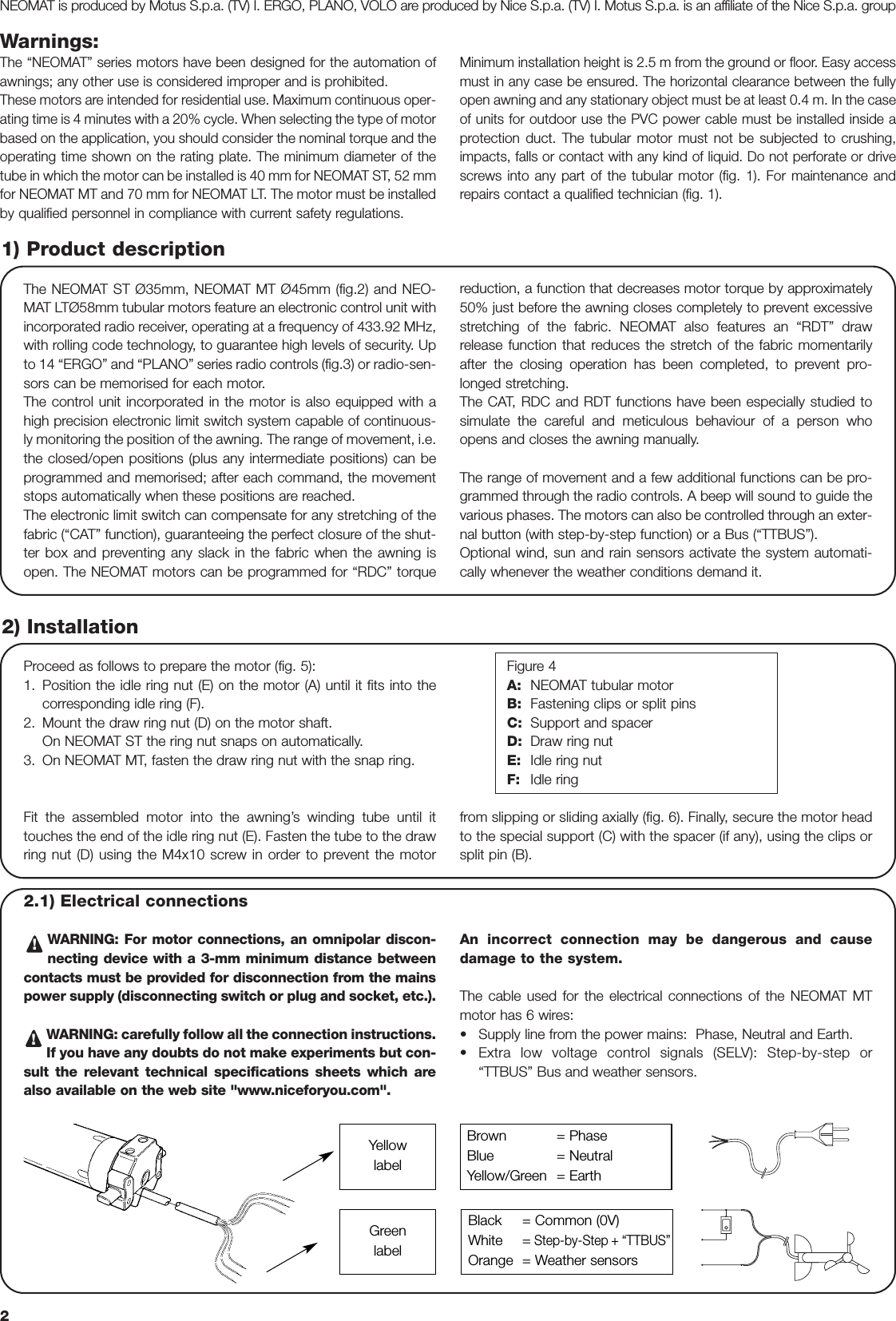 2Warnings:The “NEOMAT” series motors have been designed for the automation ofawnings; any other use is considered improper and is prohibited.These motors are intended for residential use. Maximum continuous oper-ating time is 4 minutes with a 20% cycle. When selecting the type of motorbased on the application, you should consider the nominal torque and theoperating time shown on the rating plate. The minimum diameter of thetube in which the motor can be installed is 40 mm for NEOMAT ST, 52 mmfor NEOMAT MT and 70 mm for NEOMAT LT. The motor must be installedby qualified personnel in compliance with current safety regulations.Minimum installation height is 2.5 m from the ground or floor. Easy accessmust in any case be ensured. The horizontal clearance between the fullyopen awning and any stationary object must be at least 0.4 m. In the caseof units for outdoor use the PVC power cable must be installed inside aprotection duct. The tubular motor must not be subjected to crushing,impacts, falls or contact with any kind of liquid. Do not perforate or drivescrews into any part of the tubular motor (fig. 1). For maintenance andrepairs contact a qualified technician (fig. 1).The NEOMAT ST Ø35mm, NEOMAT MT Ø45mm (fig.2) and NEO-MAT LTØ58mm tubular motors feature an electronic control unit withincorporated radio receiver, operating at a frequency of 433.92 MHz,with rolling code technology, to guarantee high levels of security. Upto 14 “ERGO” and “PLANO” series radio controls (fig.3) or radio-sen-sors can be memorised for each motor.The control unit incorporated in the motor is also equipped with ahigh precision electronic limit switch system capable of continuous-ly monitoring the position of the awning. The range of movement, i.e.the closed/open positions (plus any intermediate positions) can beprogrammed and memorised; after each command, the movementstops automatically when these positions are reached.The electronic limit switch can compensate for any stretching of thefabric (“CAT” function), guaranteeing the perfect closure of the shut-ter box and preventing any slack in the fabric when the awning isopen. The NEOMAT motors can be programmed for “RDC” torquereduction, a function that decreases motor torque by approximately50% just before the awning closes completely to prevent excessivestretching of the fabric. NEOMAT also features an “RDT” drawrelease function that reduces the stretch of the fabric momentarilyafter the closing operation has been completed, to prevent pro-longed stretching.The CAT, RDC and RDT functions have been especially studied tosimulate the careful and meticulous behaviour of a person whoopens and closes the awning manually.The range of movement and a few additional functions can be pro-grammed through the radio controls. A beep will sound to guide thevarious phases. The motors can also be controlled through an exter-nal button (with step-by-step function) or a Bus (“TTBUS”).Optional wind, sun and rain sensors activate the system automati-cally whenever the weather conditions demand it.1) Product description2) InstallationProceed as follows to prepare the motor (fig. 5):1. Position the idle ring nut (E) on the motor (A) until it fits into thecorresponding idle ring (F).2. Mount the draw ring nut (D) on the motor shaft.On NEOMAT ST the ring nut snaps on automatically.3. On NEOMAT MT, fasten the draw ring nut with the snap ring.Figure 4A: NEOMAT tubular motorB: Fastening clips or split pinsC: Support and spacerD: Draw ring nutE: Idle ring nutF: Idle ringNEOMAT is produced by Motus S.p.a. (TV) I. ERGO, PLANO, VOLO are produced by Nice S.p.a. (TV) I. Motus S.p.a. is an affiliate of the Nice S.p.a. groupFit the assembled motor into the awning’s winding tube until ittouches the end of the idle ring nut (E). Fasten the tube to the drawring nut (D) using the M4x10 screw in order to prevent the motorfrom slipping or sliding axially (fig. 6). Finally, secure the motor headto the special support (C) with the spacer (if any), using the clips orsplit pin (B).2.1) Electrical connectionsWARNING: For motor connections, an omnipolar discon-necting device with a 3-mm minimum distance betweencontacts must be provided for disconnection from the mainspower supply (disconnecting switch or plug and socket, etc.).WARNING: carefully follow all the connection instructions.If you have any doubts do not make experiments but con-sult the relevant technical specifications sheets which arealso available on the web site &quot;www.niceforyou.com&quot;.An incorrect connection may be dangerous and causedamage to the system.The cable used for the electrical connections of the NEOMAT MTmotor has 6 wires:•Supply line from the power mains:  Phase, Neutral and Earth.•Extra low voltage control signals (SELV): Step-by-step or“TTBUS” Bus and weather sensors.!!Brown = PhaseBlue = NeutralYellow/Green = EarthBlack = Common (0V)White = Step-by-Step + “TTBUS”Orange = Weather sensorsYellowlabelGreenlabel