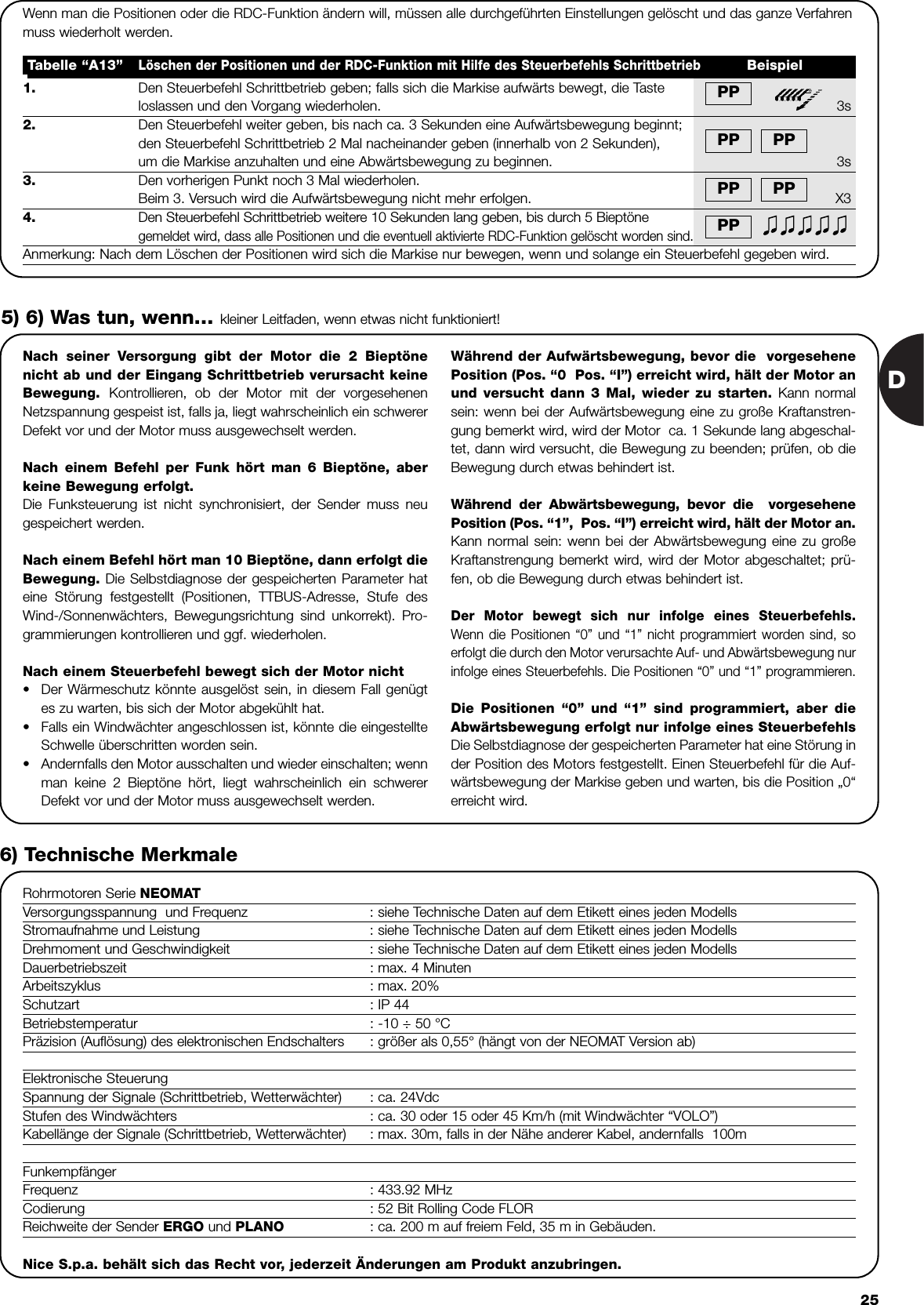 D25Wenn man die Positionen oder die RDC-Funktion ändern will, müssen alle durchgeführten Einstellungen gelöscht und das ganze Verfahrenmuss wiederholt werden. 1. Den Steuerbefehl Schrittbetrieb geben; falls sich die Markise aufwärts bewegt, die Tasteloslassen und den Vorgang wiederholen. 3s2. Den Steuerbefehl weiter geben, bis nach ca. 3 Sekunden eine Aufwärtsbewegung beginnt;den Steuerbefehl Schrittbetrieb 2 Mal nacheinander geben (innerhalb von 2 Sekunden),um die Markise anzuhalten und eine Abwärtsbewegung zu beginnen. 3s3.  Den vorherigen Punkt noch 3 Mal wiederholen.Beim 3. Versuch wird die Aufwärtsbewegung nicht mehr erfolgen.  X34. Den Steuerbefehl Schrittbetrieb weitere 10 Sekunden lang geben, bis durch 5 Bieptönegemeldet wird, dass alle Positionen und die eventuell aktivierte RDC-Funktion gelöscht worden sind. Anmerkung: Nach dem Löschen der Positionen wird sich die Markise nur bewegen, wenn und solange ein Steuerbefehl gegeben wird. Tabelle “A13”Löschen der Positionen und der RDC-Funktion mit Hilfe des Steuerbefehls SchrittbetriebBeispielPPPP PPPPPPPPNach seiner Versorgung gibt der Motor die 2 Bieptönenicht ab und der Eingang Schrittbetrieb verursacht keineBewegung.  Kontrollieren, ob der Motor mit der vorgesehenenNetzspannung gespeist ist, falls ja, liegt wahrscheinlich ein schwererDefekt vor und der Motor muss ausgewechselt werden.Nach einem Befehl per Funk hört man 6 Bieptöne, aberkeine Bewegung erfolgt.Die Funksteuerung ist nicht synchronisiert, der Sender muss neugespeichert werden.Nach einem Befehl hört man 10 Bieptöne, dann erfolgt dieBewegung. Die Selbstdiagnose der gespeicherten Parameter hateine Störung festgestellt (Positionen, TTBUS-Adresse, Stufe desWind-/Sonnenwächters, Bewegungsrichtung sind unkorrekt). Pro-grammierungen kontrollieren und ggf. wiederholen.Nach einem Steuerbefehl bewegt sich der Motor nicht•Der Wärmeschutz könnte ausgelöst sein, in diesem Fall genügtes zu warten, bis sich der Motor abgekühlt hat.•Falls ein Windwächter angeschlossen ist, könnte die eingestellteSchwelle überschritten worden sein.•Andernfalls den Motor ausschalten und wieder einschalten; wennman keine 2 Bieptöne hört, liegt wahrscheinlich ein schwererDefekt vor und der Motor muss ausgewechselt werden.Während der Aufwärtsbewegung, bevor die  vorgesehenePosition (Pos. “0  Pos. “I”) erreicht wird, hält der Motor anund versucht dann 3 Mal, wieder zu starten. Kann normalsein: wenn bei der Aufwärtsbewegung eine zu große Kraftanstren-gung bemerkt wird, wird der Motor  ca. 1 Sekunde lang abgeschal-tet, dann wird versucht, die Bewegung zu beenden; prüfen, ob dieBewegung durch etwas behindert ist. Während der Abwärtsbewegung, bevor die  vorgesehenePosition (Pos. “1”,  Pos. “I”) erreicht wird, hält der Motor an.Kann normal sein: wenn bei der Abwärtsbewegung eine zu großeKraftanstrengung bemerkt wird, wird der Motor abgeschaltet; prü-fen, ob die Bewegung durch etwas behindert ist.Der Motor bewegt sich nur infolge eines Steuerbefehls.Wenn die Positionen “0” und “1” nicht programmiert worden sind, soerfolgt die durch den Motor verursachte Auf- und Abwärtsbewegung nurinfolge eines Steuerbefehls. Die Positionen “0” und “1” programmieren.Die Positionen “0” und “1” sind programmiert, aber dieAbwärtsbewegung erfolgt nur infolge eines Steuerbefehls Die Selbstdiagnose der gespeicherten Parameter hat eine Störung inder Position des Motors festgestellt. Einen Steuerbefehl für die Auf-wärtsbewegung der Markise geben und warten, bis die Position „0“erreicht wird.5) 6) Was tun, wenn… kleiner Leitfaden, wenn etwas nicht funktioniert!6) Technische Merkmale Rohrmotoren Serie NEOMATVersorgungsspannung  und Frequenz : siehe Technische Daten auf dem Etikett eines jeden ModellsStromaufnahme und Leistung : siehe Technische Daten auf dem Etikett eines jeden ModellsDrehmoment und Geschwindigkeit : siehe Technische Daten auf dem Etikett eines jeden ModellsDauerbetriebszeit : max. 4 MinutenArbeitszyklus : max. 20%Schutzart : IP 44Betriebstemperatur : -10 ÷ 50 °CPräzision (Auflösung) des elektronischen Endschalters : größer als 0,55° (hängt von der NEOMAT Version ab)Elektronische SteuerungSpannung der Signale (Schrittbetrieb, Wetterwächter) : ca. 24VdcStufen des Windwächters : ca. 30 oder 15 oder 45 Km/h (mit Windwächter “VOLO”)Kabellänge der Signale (Schrittbetrieb, Wetterwächter) : max. 30m, falls in der Nähe anderer Kabel, andernfalls  100mFunkempfängerFrequenz : 433.92 MHzCodierung : 52 Bit Rolling Code FLORReichweite der Sender ERGO und PLANO : ca. 200 m auf freiem Feld, 35 m in Gebäuden.Nice S.p.a. behält sich das Recht vor, jederzeit Änderungen am Produkt anzubringen.