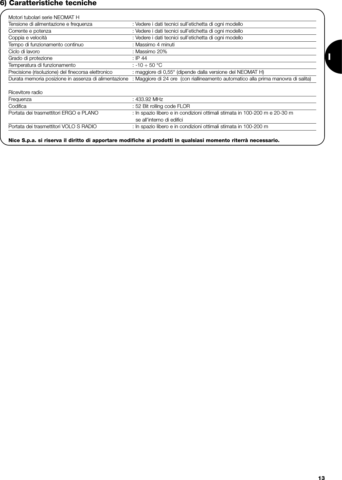 I136) Caratteristiche tecnicheMotori tubolari serie NEOMAT HTensione di alimentazione e frequenza : Vedere i dati tecnici sull’etichetta di ogni modelloCorrente e potenza : Vedere i dati tecnici sull’etichetta di ogni modelloCoppia e velocità : Vedere i dati tecnici sull’etichetta di ogni modelloTempo di funzionamento continuo : Massimo 4 minutiCiclo di lavoro : Massimo 20%Grado di protezione : IP 44Temperatura di funzionamento : -10 ÷ 50 °CPrecisione (risoluzione) del finecorsa elettronico : maggiore di 0,55° (dipende dalla versione del NEOMAT H)Durata memoria posizione in assenza di alimentazione : Maggiore di 24 ore  (con riallineamento automatico alla prima manovra di salita)Ricevitore radioFrequenza : 433.92 MHzCodifica : 52 Bit rolling code FLORPortata dei trasmettitori ERGO e PLANO : In spazio libero e in condizioni ottimali stimata in 100-200 m e 20-30 mse all’interno di edificiPortata dei trasmettitori VOLO S RADIO : In spazio libero e in condizioni ottimali stimata in 100-200 mNice S.p.a. si riserva il diritto di apportare modifiche ai prodotti in qualsiasi momento riterrà necessario.