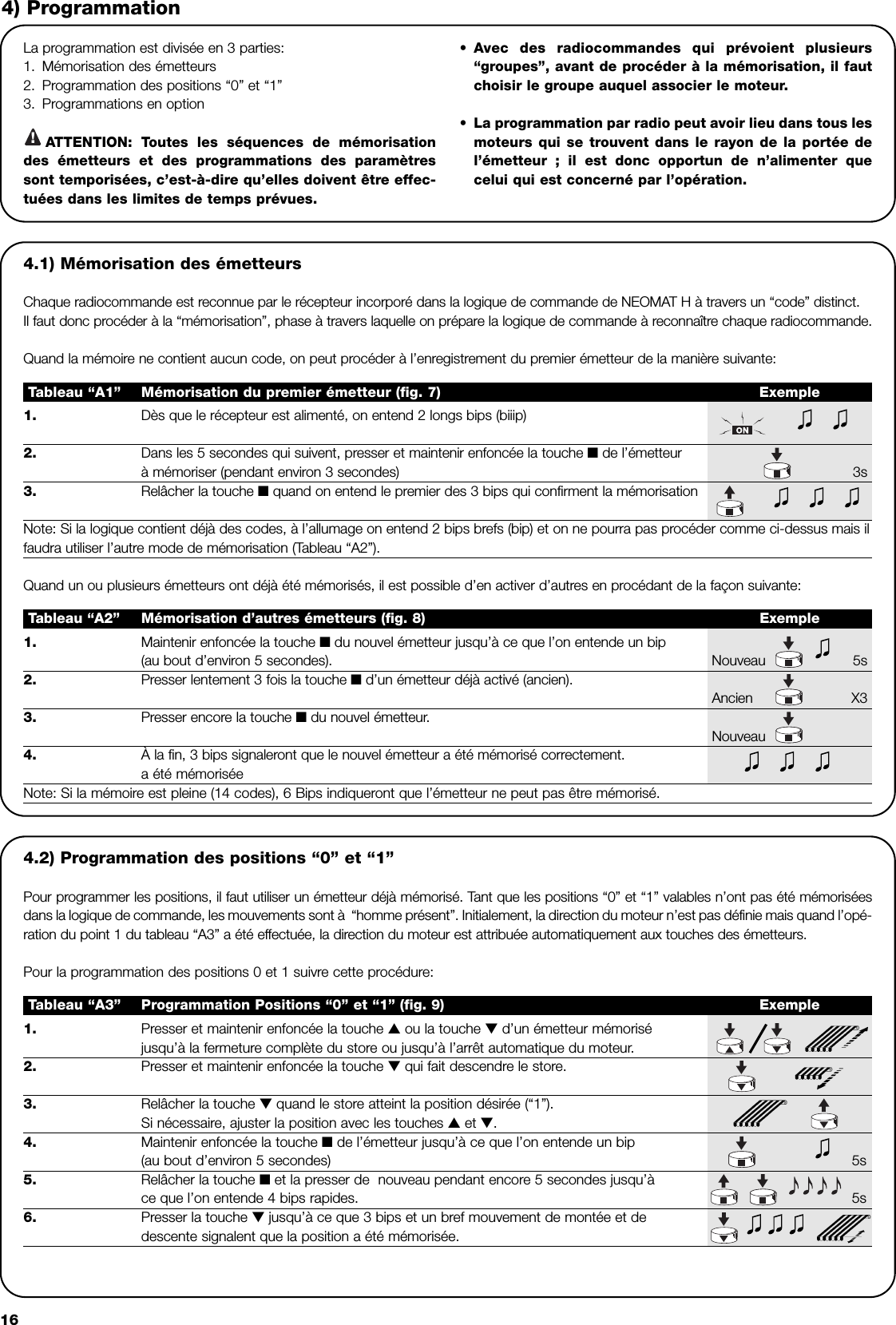 16La programmation est divisée en 3 parties:1. Mémorisation des émetteurs2. Programmation des positions “0” et “1”3. Programmations en optionATTENTION: Toutes les séquences de mémorisationdes émetteurs et des programmations des paramètressont temporisées, c’est-à-dire qu’elles doivent être effec-tuées dans les limites de temps prévues.•Avec des radiocommandes qui prévoient plusieurs“groupes”, avant de procéder à la mémorisation, il fautchoisir le groupe auquel associer le moteur.•La programmation par radio peut avoir lieu dans tous lesmoteurs qui se trouvent dans le rayon de la portée del’émetteur ; il est donc opportun de n’alimenter quecelui qui est concerné par l’opération.4) Programmation1. Presser et maintenir enfoncée la touche ▲ou la touche ▼d’un émetteur mémoriséjusqu’à la fermeture complète du store ou jusqu’à l’arrêt automatique du moteur.2. Presser et maintenir enfoncée la touche ▼qui fait descendre le store.3. Relâcher la touche ▼quand le store atteint la position désirée (“1”).Si nécessaire, ajuster la position avec les touches ▲et ▼.4. Maintenir enfoncée la touche ■de l’émetteur jusqu’à ce que l’on entende un bip(au bout d’environ 5 secondes) 5s5. Relâcher la touche ■et la presser de  nouveau pendant encore 5 secondes jusqu’à ce que l’on entende 4 bips rapides. 5s6. Presser la touche ▼jusqu’à ce que 3 bips et un bref mouvement de montée et dedescente signalent que la position a été mémorisée.Tableau “A3” Programmation Positions “0” et “1” (fig. 9) Exemple4.1) Mémorisation des émetteursChaque radiocommande est reconnue par le récepteur incorporé dans la logique de commande de NEOMAT H à travers un “code” distinct.Il faut donc procéder à la “mémorisation”, phase à travers laquelle on prépare la logique de commande à reconnaître chaque radiocommande.Quand la mémoire ne contient aucun code, on peut procéder à l’enregistrement du premier émetteur de la manière suivante:!1. Dès que le récepteur est alimenté, on entend 2 longs bips (biiip)2. Dans les 5 secondes qui suivent, presser et maintenir enfoncée la touche ■de l’émetteur à mémoriser (pendant environ 3 secondes) 3s3. Relâcher la touche ■quand on entend le premier des 3 bips qui confirment la mémorisationNote: Si la logique contient déjà des codes, à l’allumage on entend 2 bips brefs (bip) et on ne pourra pas procéder comme ci-dessus mais ilfaudra utiliser l’autre mode de mémorisation (Tableau “A2”).Tableau “A1” Mémorisation du premier émetteur (fig. 7) Exemple1. Maintenir enfoncée la touche ■du nouvel émetteur jusqu’à ce que l’on entende un bip(au bout d’environ 5 secondes). Nouveau 5s2. Presser lentement 3 fois la touche ■d’un émetteur déjà activé (ancien).Ancien X33. Presser encore la touche ■du nouvel émetteur.Nouveau4. À la fin, 3 bips signaleront que le nouvel émetteur a été mémorisé correctement.a été mémoriséeNote: Si la mémoire est pleine (14 codes), 6 Bips indiqueront que l’émetteur ne peut pas être mémorisé.Tableau “A2” Mémorisation d’autres émetteurs (fig. 8) ExempleQuand un ou plusieurs émetteurs ont déjà été mémorisés, il est possible d’en activer d’autres en procédant de la façon suivante:4.2) Programmation des positions “0” et “1”Pour programmer les positions, il faut utiliser un émetteur déjà mémorisé. Tant que les positions “0” et “1” valables n’ont pas été mémoriséesdans la logique de commande, les mouvements sont à  “homme présent”. Initialement, la direction du moteur n’est pas définie mais quand l’opé-ration du point 1 du tableau “A3” a été effectuée, la direction du moteur est attribuée automatiquement aux touches des émetteurs.Pour la programmation des positions 0 et 1 suivre cette procédure: