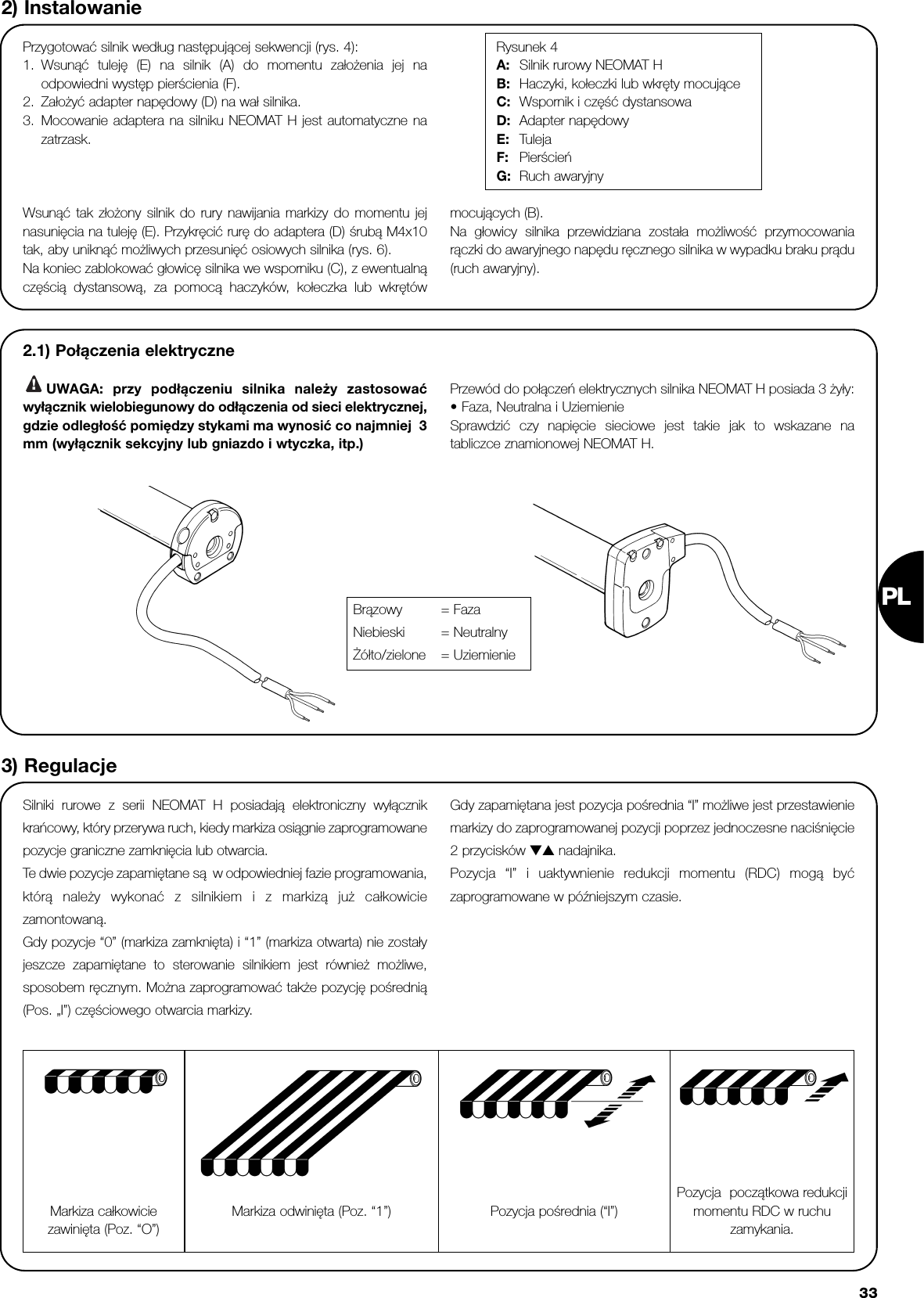 PL332) InstalowaniePrzygotować silnik według następującej sekwencji (rys. 4):1. Wsunąć tuleję (E) na silnik (A) do momentu założenia jej naodpowiedni występ pierścienia (F).2. Założyć adapter napędowy (D) na wał silnika. 3. Mocowanie adaptera na silniku NEOMAT H jest automatyczne nazatrzask.Rysunek 4A: Silnik rurowy NEOMAT HB: Haczyki, kołeczki lub wkręty mocująceC: Wspornik i część dystansowaD: Adapter napędowyE: Tuleja F: PierścieńG: Ruch awaryjnySilniki rurowe z serii NEOMAT H posiadają elektroniczny wyłącznikkrańcowy, który przerywa ruch, kiedy markiza osiągnie zaprogramowanepozycje graniczne zamknięcia lub otwarcia.Te dwie pozycje zapamiętane są  w odpowiedniej fazie programowania,którą należy wykonać z silnikiem i z markizą już całkowiciezamontowaną. Gdy pozycje “0” (markiza zamknięta) i “1” (markiza otwarta) nie zostałyjeszcze zapamiętane to sterowanie silnikiem jest również możliwe,sposobem ręcznym. Można zaprogramować także pozycję pośrednią(Pos. „I”) częściowego otwarcia markizy.Gdy zapamiętana jest pozycja pośrednia “I” możliwe jest przestawieniemarkizy do zaprogramowanej pozycji poprzez jednoczesne naciśnięcie2 przycisków ▼▲ nadajnika.Pozycja “I” i uaktywnienie redukcji momentu (RDC) mogą byćzaprogramowane w późniejszym czasie.3) RegulacjeWsunąć tak złożony silnik do rury nawijania markizy do momentu jejnasunięcia na tuleję (E). Przykręcić rurę do adaptera (D) śrubą M4x10tak, aby uniknąć możliwych przesunięć osiowych silnika (rys. 6).Na koniec zablokować głowicę silnika we wsporniku (C), z ewentualnączęścią dystansową, za pomocą haczyków, kołeczka lub wkrętówmocujących (B).Na głowicy silnika przewidziana została możliwość przymocowaniarączki do awaryjnego napędu ręcznego silnika w wypadku braku prądu(ruch awaryjny).2.1) Połączenia elektryczneUWAGA: przy podłączeniu silnika należy zastosowaćwyłącznik wielobiegunowy do odłączenia od sieci elektrycznej,gdzie odległość pomiędzy stykami ma wynosić co najmniej  3mm (wyłącznik sekcyjny lub gniazdo i wtyczka, itp.)Przewód do połączeń elektrycznych silnika NEOMAT H posiada 3 żyły: •Faza, Neutralna i UziemienieSprawdzić czy napięcie sieciowe jest takie jak to wskazane natabliczce znamionowej NEOMAT H.!Markiza całkowiciezawinięta (Poz. “O”)Pozycja pośrednia (“I”)Pozycja  początkowa redukcjimomentu RDC w ruchuzamykania.Markiza odwinięta (Poz. “1”)Brązowy = FazaNiebieski = NeutralnyŻółto/zielone = Uziemienie