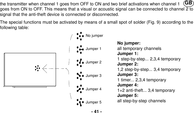 the transmitter when channel 1 goes from OFF to ON and two brief activations when channel 1goes from ON to OFF. This means that a visual or acoustic signal can be connected to channel 2 tosignal that the anti-theft device is connected or disconnected.The special functions must be activated by means of a small spot of solder (Fig. 9) according to thefollowing table:No jumper:all temporary channelsJumper 1:1 step-by-step... 2,3,4 temporaryJumper 2:1,2 step-by-step... 3,4 temporaryJumper 3:1 timer... 2,3,4 temporaryJumper 4:1+2 anti-theft... 3,4 temporaryJumper 5:all step-by-step channels- 41 -GBNo jumperJumper 1Jumper 2Jumper 3Jumper 4Jumper 5