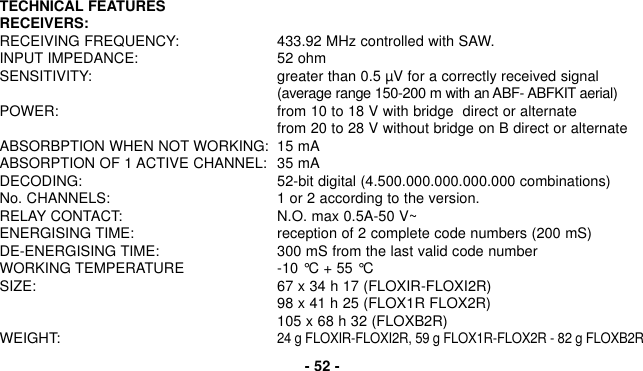 TECHNICAL FEATURESRECEIVERS:RECEIVING FREQUENCY: 433.92 MHz controlled with SAW.INPUT IMPEDANCE: 52 ohmSENSITIVITY: greater than 0.5 µV for a correctly received signal(average range 150-200 m with an ABF- ABFKIT aerial)POWER: from 10 to 18 V with bridge  direct or alternatefrom 20 to 28 V without bridge on B direct or alternateABSORBPTION WHEN NOT WORKING: 15 mAABSORPTION OF 1 ACTIVE CHANNEL: 35 mADECODING: 52-bit digital (4.500.000.000.000.000 combinations)No. CHANNELS: 1 or 2 according to the version.RELAY CONTACT: N.O. max 0.5A-50 V~ENERGISING TIME: reception of 2 complete code numbers (200 mS)DE-ENERGISING TIME: 300 mS from the last valid code numberWORKING TEMPERATURE -10 °C + 55 °CSIZE: 67 x 34 h 17 (FLOXIR-FLOXI2R)98 x 41 h 25 (FLOX1R FLOX2R)105 x 68 h 32 (FLOXB2R)WEIGHT:24 g FLOXIR-FLOXI2R, 59 g FLOX1R-FLOX2R - 82 g FLOXB2R- 52 -