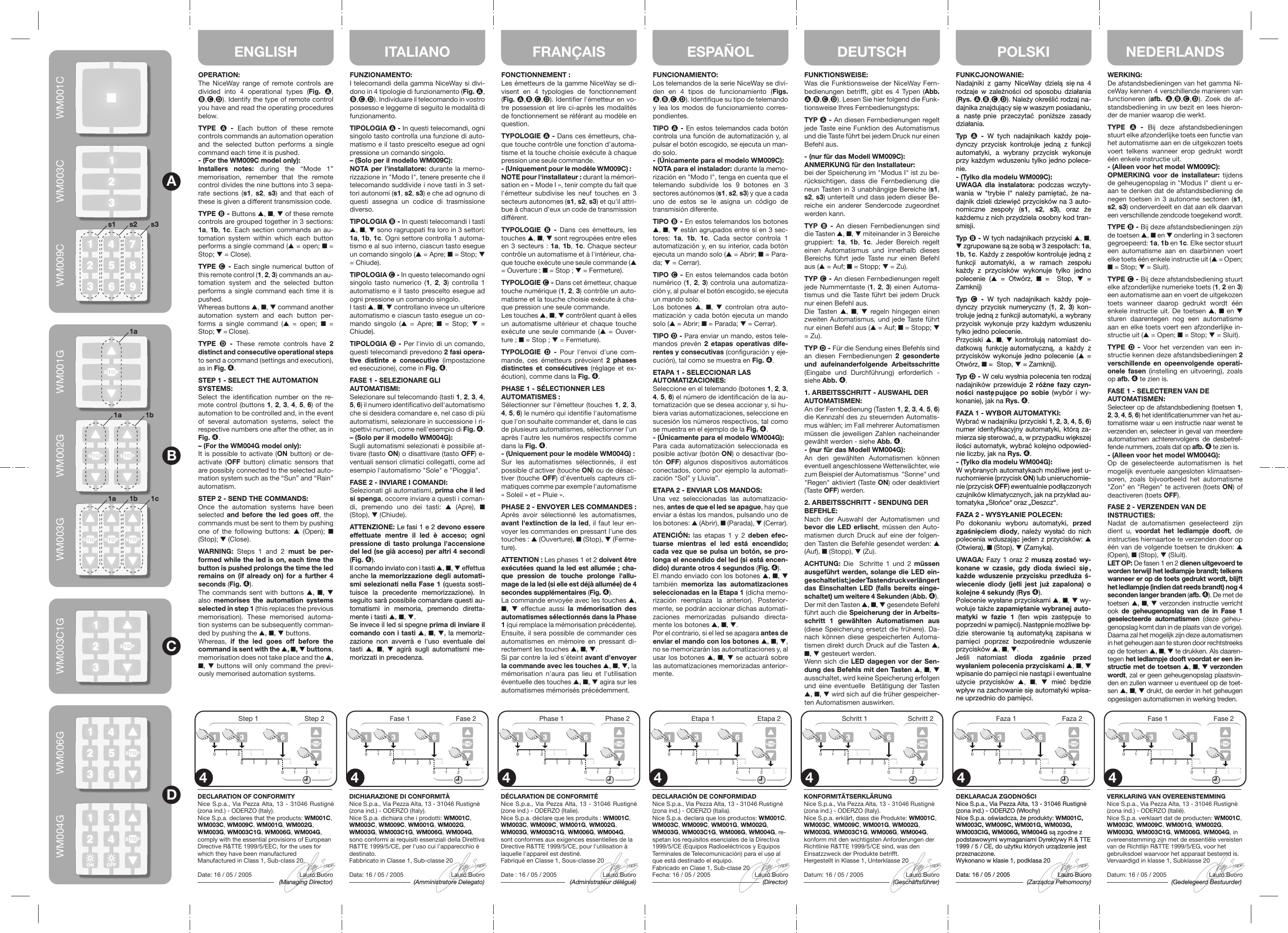 FUNZIONAMENTO:I telecomandi della gamma NiceWay si divi-dono in 4 tipologie di funzionamento (Fig. , ,,). Individuare il telecomando in vostro possesso e leggerne di seguito le modalità di funzionamento.TIPOLOGIA  - In questi telecomandi, ogni singolo tasto controlla una funzione di auto-matismo e il tasto prescelto esegue ad ogni pressione un comando singolo.– (Solo per il modello WM009C):NOTA per l&apos;installatore: durante la memo-rizzazione in &quot;Modo I&quot;, tenere presente che il telecomando suddivide i nove tasti in 3 set-tori autonomi (s1, s2, s3) e che ad ognuno di questi assegna un codice di trasmissione diverso.TIPOLOGIA  - In questi telecomandi i tasti ▲, ■, ▼ sono ragruppati fra loro in 3 settori: 1a, 1b, 1c. Ogni settore controlla 1 automa-tismo e al suo interno, ciascun tasto esegue un comando singolo (▲ = Apre; ■ = Stop; ▼ = Chiude).TIPOLOGIA  - In questo telecomando ogni singolo tasto numerico (1,  2,  3) controlla 1 automatismo e il tasto prescelto esegue ad ogni pressione un comando singolo.I tasti ▲, ■, ▼ controllano invece un ulteriore automatismo e ciascun tasto esegue un co-mando singolo (▲ = Apre; ■ = Stop; ▼ = Chiude).TIPOLOGIA  - Per l&apos;invio di un comando, questi telecomandi prevedono 2 fasi opera-tive distinte e consecutive (impostazione ed esecuzione), come in Fig. ➍.FASE 1 - SELEZIONARE GLIAUTOMATISMI:Selezionare sul telecomando (tasti 1, 2, 3, 4, 5, 6) il numero identificativo dell&apos;automatismo che si desidera comandare e, nel caso di più automatismi, selezionare in successione i ri-spettivi numeri, come nell&apos;esempio di Fig. ➍.– (Solo per il modello WM004G):Sugli automatismi selezionati è possibile at-tivare (tasto ON) o disattivare (tasto OFF) e-ventuali sensori climatici collegatti, come ad esempio l&apos;automatismo &quot;Sole&quot; e &quot;Pioggia&quot;.FASE 2 - INVIARE I COMANDI:Selezionati gli automatismi, prima che il led si spenga, occorre inviare a questi i coman-di, premendo uno dei tasti: ▲ (Apre), ■ (Stop), ▼ (Chiude).ATTENZIONE: Le fasi 1 e 2 devono essere effettuate mentre il led è acceso; ogni pressione di tasto prolunga l&apos;accensione del led (se già acceso) per altri 4 secondi (Fig. ➍).Il comando inviato con i tasti ▲, ■, ▼ effettua anche la memorizzazione degli automati-smi selezionati nella Fase 1 (questa sosti-tuisce la precedente memorizzazione). In seguito sarà possibile comandare questi au-tomatismi in memoria, premendo diretta-mente i tasti ▲, ■, ▼.Se invece il led si spegne prima di inviare il comando con i tasti ▲, ■, ▼, la memoriz-zazione non avverrà e l&apos;uso eventuale dei tasti ▲,  ■,  ▼ agirà sugli automatismi me-morizzati in precedenza.FONCTIONNEMENT :Les émetteurs de la gamme NiceWay se di-visent en 4 typologies de fonctionnement (Fig. ,,,). Identifier l&apos;émetteur en vo-tre possession et lire ci-après les modalités de fonctionnement se référant au modèle en question.TYPOLOGIE  - Dans ces émetteurs, cha-que touche contrôle une fonction d&apos;automa-tisme et la touche choisie exécute à chaque pression une seule commande.- (Uniquement pour le modèle WM009C) :NOTE pour l&apos;installateur : durant la mémori-sation en « Mode I », tenir compte du fait que l&apos;émetteur subdivise les neuf touches en 3 secteurs autonomes (s1, s2, s3) et qu&apos;il attri-bue à chacun d&apos;eux un code de transmission différent.TYPOLOGIE   - Dans ces émetteurs, les touches ▲, ■, ▼ sont regroupées entre elles en 3 secteurs : 1a, 1b, 1c. Chaque secteur contrôle un automatisme et à l&apos;intérieur, cha-que touche exécute une seule commande (▲ = Ouverture ; ■ = Stop ; ▼ = Fermeture).TYPOLOGIE  - Dans cet émetteur, chaque touche numérique (1, 2, 3) contrôle un auto-matisme et la touche choisie exécute à cha-que pression une seule commande.Les touches ▲, ■, ▼ contrôlent quant à elles un automatisme ultérieur et chaque touche exécute une seule commande (▲ = Ouver-ture ; ■ = Stop ; ▼ = Fermeture).TYPOLOGIE   - Pour l&apos;envoi d&apos;une com-mande, ces émetteurs prévoient 2 phases distinctes et consécutives (réglage et ex-écution), comme dans la Fig. ➍.PHASE 1 - SÉLECTIONNER LESAUTOMATISMES :Sélectionner sur l&apos;émetteur (touches 1, 2, 3, 4, 5, 6) le numéro qui identifie l&apos;automatisme que l&apos;on souhaite commander et, dans le cas de plusieurs automatismes, sélectionner l&apos;un après l&apos;autre les numéros respectifs comme dans la Fig. ➍.- (Uniquement pour le modèle WM004G) :Sur les automatismes sélectionnés, il est possible d&apos;activer (touche ON) ou de désac-tiver (touche OFF) d&apos;éventuels capteurs cli-matiques comme par exemple l&apos;automatisme « Soleil » et « Pluie ».PHASE 2 - ENVOYER LES COMMANDES :Après avoir sélectionné les automatismes, avant l&apos;extinction de la led, il faut leur en-voyer les commandes en pressant l&apos;une des touches : ▲ (Ouverture), ■ (Stop), ▼ (Ferme-ture).ATTENTION : Les phases 1 et 2 doivent être exécutées quand la led est allumée ; cha-que pression de touche prolonge l&apos;allu-mage de la led (si elle est déjà allumée) de 4 secondes supplémentaires (Fig. ➍).La commande envoyée avec les touches ▲, ■,  ▼ effectue aussi la mémorisation des automatismes sélectionnés dans la Phase 1 (qui remplace la mémorisation précédente). Ensuite, il sera possible de commander ces automatismes en mémoire en pressant di-rectement les touches ▲, ■, ▼.Si par contre la led s&apos;éteint avant d&apos;envoyer la commande avec les touches ▲, ■, ▼, la mémorisation n&apos;aura pas lieu et l&apos;utilisation éventuelle des touches ▲, ■, ▼ agira sur les automatismes mémorisés précédemment.FUNCIONAMIENTO:Los telemandos de la serie NiceWay se divi-den en 4 tipos de funcionamiento (Figs. ,,,). Identifique su tipo de telemando y lea los modos de funcionamiento corres-pondientes.TIPO  - En estos telemandos cada botón controla una función de automatización y, al pulsar el botón escogido, se ejecuta un man-do solo.- (Únicamente para el modelo WM009C):NOTA para el instalador: durante la memo-rización en &quot;Modo I&quot;, tenga en cuenta que el telemando subdivide los 9 botones en 3 sectores autónomos (s1, s2, s3) y que a cada uno de estos se le asigna un código de transmisión diferente.TIPO  - En estos telemandos los botones ▲, ■, ▼ están agrupados entre sí en 3 sec-tores:  1a,  1b,  1c. Cada sector controla 1 automatización y, en su interior, cada botón ejecuta un mando solo (▲ = Abrir; ■ = Para-da; ▼ = Cerrar).TIPO  - En estos telemandos cada botón numérico (1, 2,  3) controla una automatiza-ción y, al pulsar el botón escogido, se ejecuta un mando solo.Los botones ▲,  ■,  ▼ controlan otra auto-matización y cada botón ejecuta un mando solo (▲ = Abrir; ■ = Parada; ▼ = Cerrar).TIPO  - Para enviar un mando, estos tele-mandos prevén 2 etapas operativas dife-rentes y consecutivas (configuración y eje-cución), tal como se muestra en Fig. ➍.ETAPA 1 - SELECCIONAR LASAUTOMATIZACIONES:Seleccione en el telemando (botones 1, 2, 3, 4, 5, 6) el número de identificación de la au-tomatización que se desea accionar y, si hu-biera varias automatizaciones, seleccione en sucesión los números respectivos, tal como se muestra en el ejemplo de la Fig. ➍.- (Únicamente para el modelo WM004G):Para cada automatización seleccionada es posible activar (botón ON) o desactivar (bo-tón  OFF) algunos dispositivos automáticos conectados, como por ejemplo la automati-zación “Sol” y Lluvia”.ETAPA 2 - ENVIAR LOS MANDOS:Una vez seleccionadas las automatizacio-nes, antes de que el led se apague, hay que enviar a éstas los mandos, pulsando uno de los botones: ▲ (Abrir), ■ (Parada), ▼ (Cerrar).ATENCIÓN: las etapas 1 y 2 deben efec-tuarse mientras el led está encendido; cada vez que se pulsa un botón, se pro-longa el encendido del led (si está encen-dido) durante otros 4 segundos (Fig. ➍).El mando enviado con los botones ▲, ■, ▼ también  memoriza las automatizaciones seleccionadas en la Etapa 1 (dicha memo-rización reemplaza la anterior). Posterior-mente, se podrán accionar dichas automati-zaciones memorizadas pulsando directa-mente los botones ▲, ■, ▼.Por el contrario, si el led se apagara antes de enviar el mando con los botones ▲, ■, ▼, no se memorizarán las automatizaciones y, al usar los botones ▲, ■,  ▼ se actuará sobre las automatizaciones memorizadas anterior-mente.FUNKTIONSWEISE:Was die Funktionsweise der NiceWay Fern-bedienungen betrifft, gibt es 4 Typen (Abb. ,,,). Lesen Sie hier folgend die Funk-tionsweise Ihres Fernbedienungstyps:TYP  - An diesen Fernbedienungen regelt jede Taste eine Funktion des Automatismus und die Taste führt bei jedem Druck nur einen Befehl aus. - (nur für das Modell WM009C):ANMERKUNG für den Installateur:bei der Speicherung im &quot;Modus I&quot; ist zu be-rücksichtigen, dass die Fernbedienung die neun Tasten in 3 unabhängige Bereiche (s1, s2, s3) unterteilt und dass jedem dieser Be-reiche ein anderer Sendercode zugeordnet werden kann.TYP   - An diesen Fernbedienungen sind die Tasten ▲, ■, ▼ miteinander in 3 Bereiche gruppiert:  1a,  1b,  1c. Jeder Bereich regelt einen Automatismus und innerhalb dieses Bereichs führt jede Taste nur einen Befehl aus (▲ = Auf; ■ = Stopp; ▼ = Zu).TYP  - An diesen Fernbedienungen regelt jede Nummerntaste (1,  2,  3) einen Automa-tismus und die Taste führt bei jedem Druck nur einen Befehl aus.Die Tasten ▲,  ■,  ▼ regeln hingegen einen zweiten Automatismus, und jede Taste führt nur einen Befehl aus (▲ = Auf; ■ = Stopp; ▼ = Zu).TYP  - Für die Sendung eines Befehls sind an diesen Fernbedienungen 2 gesonderte und aufeinanderfolgende Arbeitsschritte (Eingabe und Durchführung) erforderlich - siehe Abb. ➍.1. ARBEITSSCHRITT - AUSWAHL DER AUTOMATISMEN:An der Fernbedienung (Tasten 1, 2, 3, 4, 5, 6) die Kennzahl des zu steuernden Automatis-mus wählen; im Fall mehrerer Automatismen müssen die jeweiligen Zahlen nacheinander gewählt werden - siehe Abb. ➍.- (nur für das Modell WM004G):An den gewählten Automatismen können eventuell angeschlossene Wetterwächter, wie zum Beispiel der Automatismus  &quot;Sonne&quot; und &quot;Regen&quot; aktiviert (Taste ON) oder deaktiviert (Taste OFF) werden.2. ARBEITSSCHRITT - SENDUNG DERBEFEHLE:Nach der Auswahl der Automatismen und bevor die LED erlischt, müssen den Auto-matismen durch Druck auf eine der folgen-den Tasten die Befehle gesendet werden: ▲ (Auf), ■ (Stopp), ▼ (Zu).ACHTUNG: Die  Schritte 1 und 2 müssen ausgeführt werden, solange die LED ein-geschaltet ist; jeder Tastendruck verlängert das Einschalten LED (falls bereits einge-schaltet) um weitere 4 Sekunden (Abb. ➍).Der mit den Tasten ▲, ■, ▼ gesendete Befehl führt auch die Speicherung der in Arbeits-schritt 1 gewählten Automatismen aus (diese Speicherung ersetzt die frühere). Da-nach können diese gespeicherten Automa-tismen direkt durch Druck auf die Tasten ▲, ■, ▼ gesteuert werden.Wenn sich die LED dagegen vor der Sen-dung des Befehls mit den Tasten ▲, ■, ▼ ausschaltet, wird keine Speicherung erfolgen und eine eventuelle  Betätigung der Tasten  ▲, ■, ▼ wird sich auf die früher gespeicher-ten Automatismen auswirken.WERKING:De afstandsbedieningen van het gamma Ni-ceWay kennen 4 verschillende manieren van functioneren (afb. ,,,). Zoek de af-standsbediening in uw bezit en lees hieron-der de manier waarop die werkt.TYPE    - Bij deze afstandsbedieningen stuurt elke afzonderlijke toets een functie van het automatisme aan en de uitgekozen toets  voert telkens wanneer erop gedrukt wordt één enkele instructie uit.- (Alleen voor het model WM009C):OPMERKING voor de installateur: tijdens de geheugenopslag in &quot;Modus I&quot; dient u er-aan te denken dat de afstandsbediening de negen toetsen in 3 autonome sectoren (s1, s2, s3) onderverdeelt en dat aan elk daarvan een verschillende zendcode toegekend wordt.TYPE  - Bij deze afstandsbedieningen zijn de toetsen ▲, ■ en ▼ onderling in 3 sectoren gegroepeerd: 1a, 1b en 1c. Elke sector stuurt een automatisme aan en daarbinnen voert elke toets één enkele instructie uit (▲ = Open; ■ = Stop; ▼ = Sluit).TYPE  - Bij deze afstandsbediening stuurt elke afzonderlijke numerieke toets (1, 2 en 3) een automatisme aan en voert de uitgekozen toets wanneer daarop gedrukt wordt één enkele instructie uit. De toetsen ▲, ■  en  ▼ sturen daarentegen nog een automatisme aan en elke toets voert een afzonderlijke in-structie uit (▲ = Open; ■ = Stop; ▼ = Sluit).TYPE    - Voor het verzenden van een in-structie kennen deze afstandsbedieningen 2 verschillende en opeenvolgende operati-onele fasen (instelling en uitvoering), zoals op afb. ➍ te zien is.FASE 1 - SELECTEREN VAN DEAUTOMATISMEN:Selecteer op de afstandsbediening (toetsen 1, 2, 3, 4, 5, 6) het identificatienummer van het au-tomatisme waar u een instructie naar wenst te verzenden en, selecteer in geval van meerdere automatismen achterenvolgens de desbetref-fende nummers, zoals dat op afb. ➍ te zien is.- (Alleen voor het model WM004G):Op de geselecteerde automatismen is het mogelijk eventuele aangesloten klimaatsen-soren, zoals bijvoorbeeld het automatisme &quot;Zon&quot; en &quot;Regen&quot; te activeren (toets ON) of deactiveren (toets OFF).FASE 2 - VERZENDEN VAN DEINSTRUCTIES:Nadat de automatismen geselecteerd zijn dient u, voordat het ledlampje dooft, de instructies hiernaartoe te verzenden door op één van de volgende toetsen te drukken: ▲ (Open), ■ (Stop), ▼ (Sluit).LET OP: De fasen 1 en 2 dienen uitgevoerd te worden terwijl het ledlampje brandt; telkens wanneer er op de toets gedrukt wordt, blijft het ledlampje (indien dat reeds brandt) nog 4 seconden langer branden (afb. ➍). De met de toetsen  ▲,  ■,  ▼ verzonden instructie verricht ook  de geheugenopslag van de in Fase 1 geselecteerde automatismen (deze geheu-genopslag komt dan in de plaats van de vorige). Daarna zal het mogelijk zijn deze automatismen in het geheugen aan te sturen door rechtstreeks op de toetsen ▲, ■, ▼ te drukken. Als daaren-tegen het ledlampje dooft voordat er een in-structie met de toetsen ▲, ■, ▼ verzonden wordt, zal er geen geheugenopslag plaatsvin-den en zullen wanneer u eventueel op de toet-sen ▲, ■, ▼ drukt, de eerder in het geheugen opgeslagen automatismen in werking treden.OPERATION:The NiceWay range of remote controls are divided into 4 operational types (Fig.  , ,,). Identify the type of remote control you have and read the operating procedures below. TYPE    -  Each button of these remote controls commands an automation operation and the selected button performs a single command each time it is pushed.- (For the WM009C model only):Installers notes: during the “Mode 1” memorisation, remember that the remote control divides the nine buttons into 3 sepa-rate sections (s1,  s2,  s3) and that each of these is given a different transmission code. TYPE  - Buttons ▲, ■, ▼ of these remote controls are grouped together in 3 sections: 1a, 1b, 1c. Each section commands an au-tomation system within which each button performs a single command (▲ = open; ■ = Stop; ▼ = Close).TYPE  - Each single numerical button of this remote control (1, 2, 3) commands an au-tomation system and the selected button performs a single command each time it is pushed.Whereas buttons ▲, ■, ▼ command another automation system and each button per-forms a single command (▲ = open; ■ = Stop; ▼ = Close).TYPE   - These remote controls have 2 distinct and consecutive operational steps to send a command (settings and execution), as in Fig. ➍.STEP 1 - SELECT THE AUTOMATIONSYSTEMS:Select the identification number on the re-mote control (buttons 1, 2, 3, 4, 5, 6) of the automation to be controlled and, in the event of several automation systems, select the respective numbers one after the other, as in Fig. ➍.– (For the WM004G model only):It is possible to activate (ON button) or de-activate (OFF button) climatic sensors that are possibly connected to the selected auto-mation system such as the “Sun” and “Rain” automatism.STEP 2 - SEND THE COMMANDS:Once the automation systems have been selected  and before the led goes off, the commands must be sent to them by pushing one of the following buttons: ▲ (Open); ■ (Stop); ▼ (Close).WARNING: Steps 1 and 2 must be per-formed while the led is on, each time the button is pushed prolongs the time the led remains on (if already on) for a further 4 seconds (Fig. ➍).The commands sent with buttons ▲,  ■,  ▼ also  memorises the automation systems selected in step 1 (this replaces the previous memorisation). These memorised automa-tion systems can be subsequently comman-ded by pushing the ▲, ■, ▼ buttons.Whereas,  if the led goes off before the command is sent with the ▲, ■, ▼ buttons, memorisation does not take place and the ▲, ■, ▼ buttons will only command the previ-ously memorised automation systems.––––––––––––––––––––––––––––––––––––––––––––DICHIARAZIONE DI CONFORMITÀNice S.p.a., Via Pezza Alta, 13 - 31046 Rustignè (zona ind.) - ODERZO (Italy).Nice S.p.a. dichiara che i prodotti: WM001C, WM003C, WM009C, WM001G, WM002G, WM003G, WM003C1G, WM006G, WM004G, sono conformi ai requisiti essenziali della Direttiva R&amp;TTE 1999/5/CE, per l&apos;uso cui l&apos;apparecchio è destinato.Fabbricato in Classe 1, Sub-classe 20Data: 16 / 05 / 2005                            Lauro Buoro––––––––––––––––––––  (Amministratore Delegato)WM001GWM003C1GWM006GWM004G1a 1b 1cs1 s2 s31a1a1bWM003G WM002G WM001CWM009C WM003CABCD––––––––––––––––––––––––––––––––––––––––––––DÉCLARATION DE CONFORMITÉNice S.p.a., Via Pezza Alta, 13 - 31046 Rustignè (zone ind.) - ODERZO (Italie).Nice S.p.a. déclare que les produits : WM001C, WM003C, WM009C, WM001G, WM002G, WM003G, WM003C1G, WM006G, WM004G, sont conformes aux exigences essentielles de la Directive R&amp;TTE 1999/5/CE, pour l&apos;utilisation à laquelle l&apos;appareil est destiné.Fabriqué en Classe 1, Sous-classe 20Date : 16 / 05 / 2005                           Lauro Buoro–––––––––––––––––––––   (Administrateur délégué)––––––––––––––––––––––––––––––––––––––––––––DECLARACIÓN DE CONFORMIDADNice S.p.a., Via Pezza Alta, 13 - 31046 Rustignè (zona ind.) - ODERZO (Italia).Nice S.p.a. declara que los productos: WM001C, WM003C, WM009C, WM001G, WM002G, WM003G, WM003C1G, WM006G, WM004G, re-spetan los requisitos esenciales de la Directiva 1999/5/CE (Equipos Radioeléctricos y Equipos Terminales de Telecomunicación) para el uso al que está destinado el equipo.Fabricado en Clase 1, Sub-clase 20Fecha: 16 / 05 / 2005                          Lauro Buoro–––––––––––––––––––––––––––––––––––  (Director)––––––––––––––––––––––––––––––––––––––––––––KONFORMITÄTSERKLÄRUNGNice S.p.a., Via Pezza Alta, 13 - 31046 Rustignè (zona ind.) - ODERZO (Italy).Nice S.p.a. erklärt, dass die Produkte: WM001C, WM003C, WM009C, WM001G, WM002G, WM003G, WM003C1G, WM006G, WM004G, konform mit den wichtigsten Anforderungen der Richtlinie R&amp;TTE 1999/5/CE sind, was den Einsatzzweck der Produkte betrifft.Hergestellt in Klasse 1, Unterklasse 20Datum: 16 / 05 / 2005                         Lauro Buoro––––––––––––––––––––––––––––  (Geschäftsführer)––––––––––––––––––––––––––––––––––––––––––––VERKLARING VAN OVEREENSTEMMINGNice S.p.a., Via Pezza Alta, 13 - 31046 Rustignè (zona ind.) - ODERZO (Italië).Nice S.p.a. verklaart dat de producten: WM001C, WM003C, WM009C, WM001G, WM002G, WM003G, WM003C1G, WM006G, WM004G, in overeenstemming zijn met de essentiële vereisten van de Richtlijn R&amp;TTE 1999/5/EG, voor het gebruiksdoel waarvoor het apparaat bestemd is.Vervaardigd in klasse 1, Subklasse 20Datum: 16 / 05 / 2005                         Lauro Buoro––––––––––––––––––––  (Gedelegeerd Bestuurder)––––––––––––––––––––––––––––––––––––––––––––DECLARATION OF CONFORMITYNice S.p.a., Via Pezza Alta, 13 - 31046 Rustignè (zona ind.) - ODERZO (Italy).Nice S.p.a. declares that the products: WM001C, WM003C, WM009C, WM001G, WM002G, WM003G, WM003C1G, WM006G, WM004G, comply with the essential provisions of European Directive R&amp;TTE 1999/5/EEC, for the uses for which they have been manufacturedManufactured in Class 1, Sub-class 20.Date: 16 / 05 / 2005                            Lauro Buoro–––––––––––––––––––––––––   (Managing Director)102341023410234Step 1 Step 24102341023410234Fase 1 Fase 24102341023410234Phase 1 Phase 24102341023410234Etapa 1 Etapa 24102341023410234Schritt 1 Schritt 24102341023410234Faza 1 Faza 24102341023410234Fase 1 Fase 24ITALIANOENGLISH DEUTSCHFRANÇAIS ESPAÑOL POLSKI NEDERLANDSFUNKCJONOWANIE:Nadajniki z gamy NiceWay dzielą sie˛ na 4 rodzaje w zależności od sposobu działania (Rys. ,,,). Należy określić rodzaj na-dajnika znajdujący sie˛  w waszym posiadaniu, a naste˛ pnie przeczytać poniższe zasady działania.Typ  - W tych nadajnikach każdy poje-dynczy przycisk kontroluje jedną z funkcji automatyki, a wybrany przycisk wykonuje przy każdym wduszeniu tylko jedno polece-nie.- (Tylko dla modelu WM009C):UWAGA dla instalatora: podczas wczyty-wania w &quot;trybie I&quot; należy pamie˛ tać,  że  na-dajnik dzieli dziewie˛ ć przycisków na 3 auto-nomiczne zespoły (s1,  s2,  s3), oraz że każdemu z nich przydziela osobny kod tran-smisji.Typ  - W tych nadajnikach przyciski ▲, ■, ▼ zgrupowane są ze sobą w 3 zespołach: 1a, 1b, 1c. Każdy z zespołów kontroluje jedną z funkcji automatyki, a w ramach zespołu każdy z przycisków wykonuje tylko jedno polecenie (▲ = Otwórz, ■ =  Stop, ▼ = Zamknij)Typ  - W tych nadajnikach każdy poje-dynczy przycisk numeryczny (1,  2,  3) kon-troluje jedną z funkcji automatyki, a wybrany przycisk wykonuje przy każdym wduszeniu tylko jedno polecenie.Przyciski  ▲,  ■,  ▼ kontrolują natomiast do-datkową funkcje˛ automatyczną, a każdy z przycisków wykonuje jedno polecenie (▲ = Otwórz, ■ =  Stop, ▼ = Zamknij).Typ  - W celu wysłnia polecenia ten rodzaj nadajników przewiduje 2 różne fazy czyn-ności naste˛ pujące po sobie (wybór i wy-konanie), jak na Rys. ➍.FAZA 1 - WYBOR AUTOMATYKI:Wybrać w nadajniku (przyciski 1, 2, 3, 4, 5, 6) numer identyfikacyjny automatyki, którą za-mierza sie˛  sterować, a, w przypadku wie˛ kszej ilości automatyk, wybrać kolejno odpowied-nie liczby, jak na Rys. ➍.- (Tylko dla modelu WM004G):W wybranych automatykach możliwe jest u-ruchomienie (przycisk ON) lub unieruchomie-nie (przycisk OFF) ewentualnie podłączonych czujników klimatycznych, jak na przykład au-tomatyka „Słońce“ oraz „Deszcz“.FAZA 2 - WYSYŁANIE POLECEN:Po dokonaniu wyboru automatyki, przed zgaśnie˛ ciem  diody, należy wysłać do nich polecenia wduszając jeden z przycisków: ▲ (Otwiera), ■ (Stop), ▼ (Zamyka).UWAGA: Fazy 1 oraz 2 muszą zostać wy-konane w czasie, gdy dioda świeci sie˛ , każde wduszenie przycisku przedłuża ś-wiecenie diody (jełli jest już zapalona) o kolejne 4 sekundy (Rys ➍).Polecenie wysłane przyciskami ▲, ■, ▼ wy-wołuje także zapamie˛ tanie wybranej auto-matyki w fazie 1 (ten wpis zaste˛ puje  to poprzedni w pamie˛ ci). Naste˛ pnie możliwe be˛-dzie sterowanie tą automatyką zapisana w pamie˛ ci poprzez bezpośrednie wduszenie przycisków ▲, ■, ▼.Jeśli natomiast dioda zgaśnie przed wysłaniem polecenia przyciskami ▲, ■, ▼ wpisanie do pamie˛ ci nie nastąpi i ewentualne użycie przycisków ▲,  ■,  ▼ mieć be˛ dzie wpływ na zachowanie sie˛  automatyki wpisa-ne uprzednio do pamie˛ ci.––––––––––––––––––––––––––––––––––––––––––––DEKLARACJA ZGODNOŚCINice S.p.a., Via Pezza Alta, 13 - 31046 Rustignè (zona ind.) - ODERZO (Włochy)Nice S.p.a. oświadcza, że produkty: WM001C, WM003C, WM009C, WM001G, WM003G, WM003CIG, WM006G, WM004G są zgodne z podstawowymi wymaganiami Dyrektywy R &amp; TTE 1999 / 5 / CE, do użytku których urządzenie jest przeznaczone.Wykonano w klasie 1, podklasa 20Data: 16 / 05 / 2005                            Lauro Buoro––––––––––––––––––––––  (Zarządca Pełnomocny)