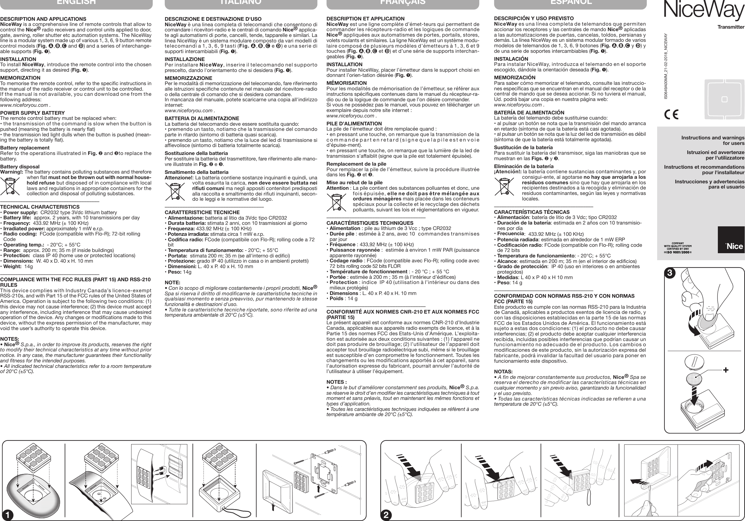 Page 1 of Nice S p A 433NWGIU Wireless radio interface User Manual IS0649A00MM 21 02 2018 NICEWAY