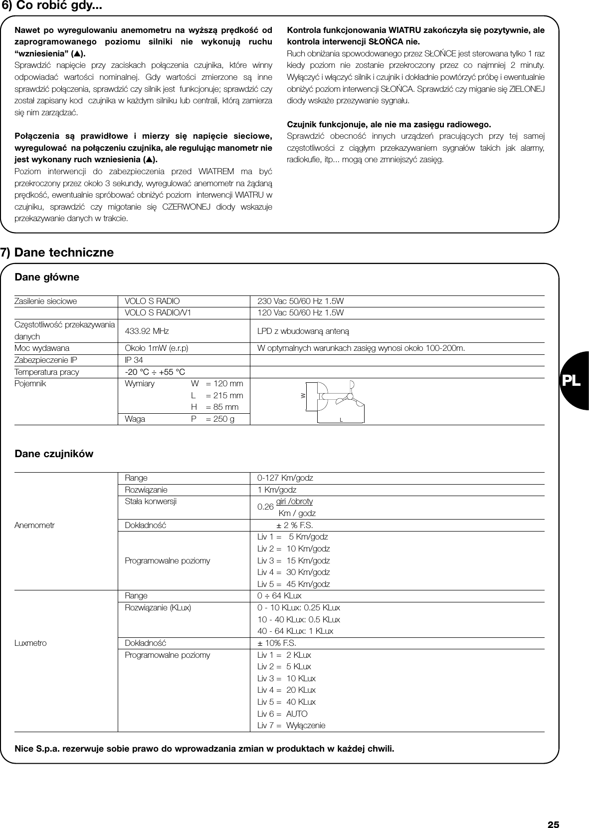 PL25Nawet po wyregulowaniu anemometru na wyższą prędkość odzaprogramowanego poziomu silniki nie wykonują ruchu“wzniesienia” (▲).Sprawdzić napięcie przy zaciskach połączenia czujnika, które winnyodpowiadać wartości nominalnej. Gdy wartości zmierzone są innesprawdzić połączenia, sprawdzić czy silnik jest  funkcjonuje; sprawdzić czyzostał zapisany kod  czujnika w każdym silniku lub centrali, którą zamierzasię nim zarządzać.Połączenia są prawidłowe i mierzy się napięcie sieciowe,wyregulować  na połączeniu czujnika, ale regulując manometr niejest wykonany ruch wzniesienia (▲).Poziom interwencji do zabezpieczenia przed WIATREM ma byćprzekroczony przez około 3 sekundy, wyregulować anemometr na żądanąprędkość, ewentualnie spróbować obniżyć poziom  interwencji WIATRU wczujniku, sprawdzić czy migotanie się CZERWONEJ diody wskazujeprzekazywanie danych w trakcie. Kontrola funkcjonowania WIATRU zakończyła się pozytywnie, alekontrola interwencji SŁOŃCA nie.Ruch obniżania spowodowanego przez SŁOŃCE jest sterowana tylko 1 razkiedy poziom nie zostanie przekroczony przez co najmniej 2 minuty.Wyłączyć i włączyć silnik i czujnik i dokładnie powtórzyć próbę i ewentualnieobniżyć poziom interwencji SŁOŃCA. Sprawdzić czy miganie się ZIELONEJdiody wskaże przezywanie sygnału. Czujnik funkcjonuje, ale nie ma zasięgu radiowego. Sprawdzić obecność innych urządzeń pracujących przy tej samejczęstotliwości z ciągłym przekazywaniem sygnałów takich jak alarmy,radiokufie, itp... mogą one zmniejszyć zasięg. 6) Co robić gdy...7) Dane techniczneDane główneZasilenie sieciowe VOLO S RADIO 230 Vac 50/60 Hz 1.5WVOLO S RADIO/V1 120 Vac 50/60 Hz 1.5WCzęstotliwość przekazywaniadanych 433.92 MHz LPD z wbudowaną antenąMoc wydawana Około 1mW (e.r.p) W optymalnych warunkach zasięg wynosi około 100-200m. Zabezpieczenie IP IP 34Temperatura pracy -20 °C ÷ +55 °CPojemnik Wymiary W = 120 mmL= 215 mmH= 85 mmWaga  P = 250 gLWDane czujnikówRange 0-127 Km/godz Rozwiązanie 1 Km/godz                      Stała konwersji 0.26 giri /obrotyKm / godz Anemometr Dokładność ±2 % F.S.Liv 1 =   5 Km/godz Liv 2 =  10 Km/godz Programowalne poziomy Liv 3 =  15 Km/godz Liv 4 =  30 Km/godz Liv 5 =  45 Km/godz Range 0 ÷64 KLuxRozwiązanie (KLux) 0 - 10 KLux: 0.25 KLux  10 - 40 KLux: 0.5 KLux40 - 64 KLux: 1 KLuxLuxmetro Dokładność ±10% F.S.Programowalne poziomy Liv 1 =  2 KLuxLiv 2 =  5 KLuxLiv 3 =  10 KLuxLiv 4 =  20 KLuxLiv 5 =  40 KLuxLiv 6 =  AUTOLiv 7 =  WyłączenieNice S.p.a. rezerwuje sobie prawo do wprowadzania zmian w produktach w każdej chwili.