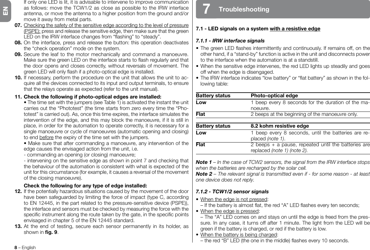 7.1-LEDsignalsonasystemwitharesistiveedge7.1.1 - IRW interface signals•ThegreenLEDashesintermittentlyandcontinuously.Ifremainsoff,ontheother hand, if a “stand-by” function is active in the unit and disconnects power to the interface when the automation is at a standstill.•Whenthesensitiveedgeintervenes,theredLEDlightsupsteadilyandgoesoff when the edge is disengaged.•TheIRWinterfaceindicates“lowbattery”or“atbattery”asshowninthefol-lowing table:Batterystatus Photo-opticaledgeLow  1 beep every 8 seconds for the duration of the ma-noeuvre.Flat 2beepsatthebeginningofthemanoeuvreonly.Batterystatus 8.2kohmresistiveedgeLow  1 beep every 8 seconds, until the batteries are re-placed (note 1).Flat 2beeps+apause,repeateduntilthebatteriesarereplaced (note 1) (note 2).Note 1 – In the case of TCW2 sensors, the signal from the IRW interface stops when the batteries are recharged by the solar cell.Note 2 – The relevant signal is transmitted even if - for some reason - at least one device does not reply.7.1.2 - TCW1/2 sensor signals•When the edge is not pressed: –Ifthebatteryisalmostat,thered“A”LEDasheseverytenseconds;•When the edge is pressed: –The“A”LEDcomesonandstaysonuntiltheedgeisfreedfromthepres-sure.Inanycase,itturnsoffafter1minute.ThelightfromtheLEDwillbegreen if the battery is charged, or red if the battery is low.•When the battery is being charged: –thered“B”LED(theoneinthemiddle)ashesevery10seconds.8 – EnglishTroubleshooting7 IfonlyoneLEDislit,itisadvisabletointervenetoimprovecommunicationasfollows:movetheTCW1/2ascloseaspossibletotheIRWinterfaceantenna,ormovetheantennatoahigherpositionfromthegroundand/ormove it away from metal parts.07. Checkingthesafetyofthesensitiveedgeaccordingtothelevelofpressure(PSPE):pressandreleasethesensitiveedge,thenmakesurethatthegreenLEDontheIRWinterfacechangesfrom“ashing”to“steady”.08. On the interface, press and release the button: this operation deactivates the“checkoperation”modeonthesystem.09. Secure the leaf to the motor mechanically and command a manoeuvre. MakesurethegreenLEDontheinterfacestartstoashregularlyandthatthe door opens and closes correctly, without reversals of movement. The greenLEDwillonlyashifaphoto-opticaledgeisinstalled.10. If necessary, perform the procedure on the unit that allows the unit to ac-quire all the devices connected to its input and output terminals, to ensure that the relays operate as expected (refer to the unit manual).11. Checkthefollowingifphoto-opticaledgesareinstalled: •Thetimesetwiththejumpers(seeTable1)isactivatedtheinstanttheunitcarriesoutthe“Phototest”(thetimestartsfromzeroeverytimethe“Pho-totest” is carried out). As, once this time expires, the interface simulates the interventionoftheedge,andthismayblockthemanoeuvre,ifitisstillinplace, in order for the automation to operate correctly, it is necessary for a single manoeuvre or cycle of manoeuvres (automatic opening and closing) to end beforetheexpiryofthetimesetwiththejumpers. •Makesurethataftercommandingamanoeuvre,anyinterventionoftheedge causes the envisaged action from the unit, i.e.  - commanding an opening (or closing) manoeuvre; -interveningonthesensitiveedgeasshowninpoint7andcheckingthatthe behaviour of the automation is consistent with what is expected of the unit for this circumstance (for example, it causes a reversal of the movement of the closing manoeuvre). Checkthefollowingforanytypeofedgeinstalled:12.Ifthepotentiallyhazardoussituationscausedbythemovementofthedoorhavebeensafeguardedbylimitingtheforceofimpact(typeC,accordingtoEN12445,inthepartrelatedtothepressure-sensitivedevice(PSPE)),theinterfaceandsensorsmustbecheckedbymeasuringtheforcewiththespecicinstrumentalongtheroutetakenbythegate,inthespecicpointsenvisagedinchapter5oftheEN12445standard.13. At the end of testing, secure each sensor permanently in its holder, as shown in g.9.EN