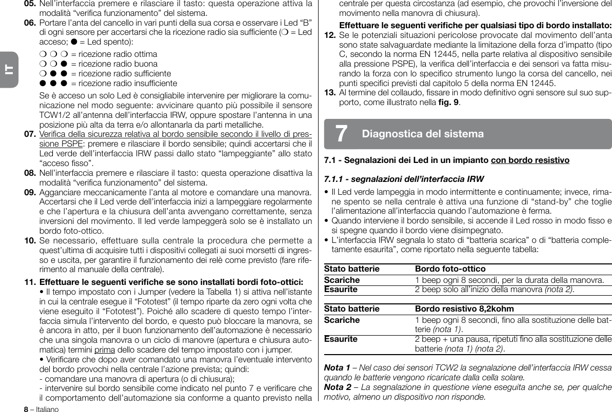 8 – Italiano05. Nell’interfaccia premere e rilasciare il tasto: questa operazione attiva la modalità “verica funzionamento” del sistema.06. Portare l’anta del cancello in vari punti della sua corsa e osservare i Led “B” di ogni sensore per accertarsi che la ricezione radio sia sufciente (m = Led acceso; l = Led spento): mmm = ricezione radio ottima mml  = ricezione radio buona ml l  = ricezione radio sufciente l l l  = ricezione radio insufciente  Se è acceso un solo Led è consigliabile intervenire per migliorare la comu-nicazione nel modo seguente: avvicinare quanto più possibile il sensore TCW1/2 all’antenna dell’interfaccia IRW, oppure spostare l’antenna in una posizione più alta da terra e/o allontanarla da parti metalliche.07. Verica della sicurezza relativa al bordo sensibile secondo il livello di pres-sione PSPE: premere e rilasciare il bordo sensibile; quindi accertarsi che il Led verde dell’interfaccia IRW passi dallo stato “lampeggiante” allo stato “acceso sso”.08. Nell’interfaccia premere e rilasciare il tasto: questa operazione disattiva la modalità “verica funzionamento” del sistema.09. Agganciare meccanicamente l’anta al motore e comandare una manovra. Accertarsi che il Led verde dell’interfaccia inizi a lampeggiare regolarmente e che l’apertura e la chiusura dell’anta avvengano correttamente, senza inversioni del movimento. Il led verde lampeggerà solo se è installato un bordo foto-ottico.10. Se  necessario, effettuare sulla  centrale  la  procedura che  permette  a quest’ultima di acquisire tutti i dispositivi collegati ai suoi morsetti di ingres-so e uscita, per garantire il funzionamento dei relè come previsto (fare rife-rimento al manuale della centrale).11. Effettuare le seguenti veriche se sono installati bordi foto-ottici:  • Il tempo impostato con i Jumper (vedere la Tabella 1) si attiva nell’istante in cui la centrale esegue il “Fototest” (il tempo riparte da zero ogni volta che viene eseguito il “Fototest”). Poiché allo scadere di questo tempo l’inter-faccia simula l’intervento del bordo, e questo può bloccare la manovra, se è ancora in atto, per il buon funzionamento dell’automazione è necessario che una singola manovra o un ciclo di manovre (apertura e chiusura auto-matica) termini prima dello scadere del tempo impostato con i jumper.  • Vericare che dopo aver comandato una manovra l’eventuale intervento del bordo provochi nella centrale l’azione prevista; quindi:  - comandare una manovra di apertura (o di chiusura);  - intervenire sul bordo sensibile come indicato nel punto 7 e vericare che il comportamento dell’automazione sia conforme a quanto previsto nella centrale per questa circostanza (ad esempio, che provochi l’inversione del movimento nella manovra di chiusura).  Effettuare le seguenti veriche per qualsiasi tipo di bordo installato:12. Se le potenziali situazioni pericolose provocate dal movimento dell’anta sono state salvaguardate mediante la limitazione della forza d’impatto (tipo C, secondo la norma EN 12445, nella parte relativa al dispositivo sensibile alla pressione PSPE), la verica dell’interfaccia e dei sensori va fatta misu-rando la forza con lo specico strumento lungo la corsa del cancello, nei punti specici previsti dal capitolo 5 della norma EN 12445.13. Al termine del collaudo, ssare in modo denitivo ogni sensore sul suo sup-porto, come illustrato nella g. 9.7.1 - Segnalazioni dei Led in un impianto con bordo resistivo7.1.1 - segnalazioni dell’interfaccia IRW• Il Led verde lampeggia in modo intermittente e continuamente; invece, rima-ne spento se nella centrale è attiva una funzione di “stand-by” che toglie l’alimentazione all’interfaccia quando l’automazione è ferma.• Quando interviene il bordo sensibile, si accende il Led rosso in modo sso e si spegne quando il bordo viene disimpegnato.• L’interfaccia IRW segnala lo stato di “batteria scarica” o di “batteria comple-tamente esaurita”, come riportato nella seguente tabella:Stato batterie  Bordo foto-otticoScariche  1 beep ogni 8 secondi, per la durata della manovra.Esaurite  2 beep solo all’inizio della manovra (nota 2).Stato batterie  Bordo resistivo 8,2kohmScariche  1 beep ogni 8 secondi, no alla sostituzione delle bat-terie (nota 1).Esaurite  2 beep + una pausa, ripetuti no alla sostituzione delle batterie (nota 1) (nota 2).Nota 1 – Nel caso dei sensori TCW2 la segnalazione dell’interfaccia IRW cessa quando le batterie vengono ricaricate dalla cella solare.Nota 2 – La segnalazione in questione viene eseguita anche se, per qualche motivo, almeno un dispositivo non risponde.Diagnostica del sistema7IT