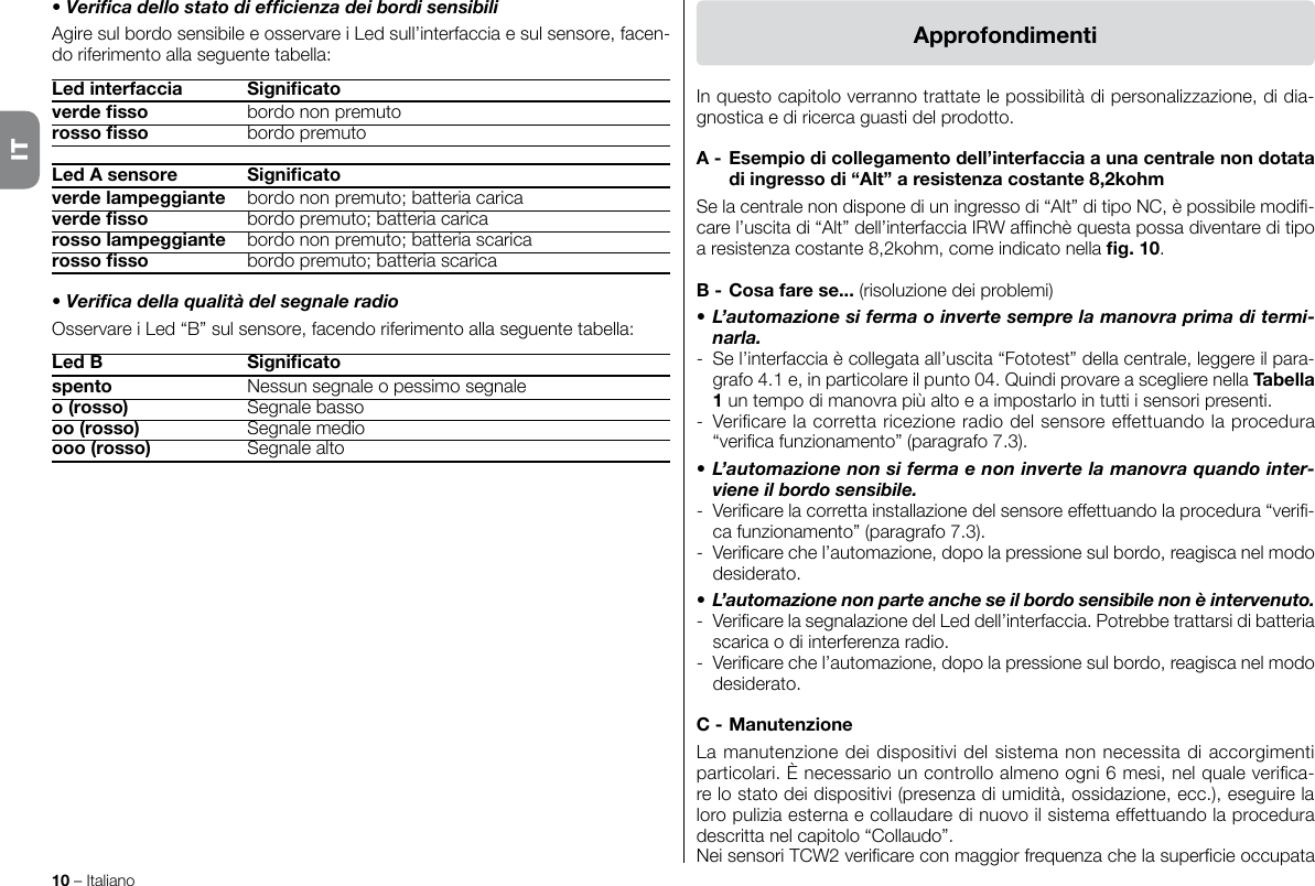 10 – Italiano• Verica dello stato di efcienza dei bordi sensibiliAgire sul bordo sensibile e osservare i Led sull’interfaccia e sul sensore, facen-do riferimento alla seguente tabella:Led interfaccia  Signicatoverde sso  bordo non premutorosso sso  bordo premutoLed A sensore  Signicatoverde lampeggiante  bordo non premuto; batteria caricaverde sso  bordo premuto; batteria caricarosso lampeggiante  bordo non premuto; batteria scaricarosso sso  bordo premuto; batteria scarica• Verica della qualità del segnale radioOsservare i Led “B” sul sensore, facendo riferimento alla seguente tabella:Led B  Signicatospento  Nessun segnale o pessimo segnaleo (rosso)  Segnale bassooo (rosso)  Segnale medioooo (rosso)  Segnale altoIn questo capitolo verranno trattate le possibilità di personalizzazione, di dia-gnostica e di ricerca guasti del prodotto.A - Esempio di collegamento dell’interfaccia a una centrale non dotata di ingresso di “Alt” a resistenza costante 8,2kohmSe la centrale non dispone di un ingresso di “Alt” di tipo NC, è possibile modi-care l’uscita di “Alt” dell’interfaccia IRW afnchè questa possa diventare di tipo a resistenza costante 8,2kohm, come indicato nella g. 10.B - Cosa fare se... (risoluzione dei problemi)• L’automazione si ferma o inverte sempre la manovra prima di termi-narla.-  Se l’interfaccia è collegata all’uscita “Fototest” della centrale, leggere il para-grafo 4.1 e, in particolare il punto 04. Quindi provare a scegliere nella Tabella 1 un tempo di manovra più alto e a impostarlo in tutti i sensori presenti.-  Vericare la corretta ricezione radio del sensore effettuando la procedura “verica funzionamento” (paragrafo 7.3).• L’automazione non si ferma e non inverte la manovra quando inter-viene il bordo sensibile.-  Vericare la corretta installazione del sensore effettuando la procedura “veri-ca funzionamento” (paragrafo 7.3).-  Vericare che l’automazione, dopo la pressione sul bordo, reagisca nel modo desiderato.• L’automazione non parte anche se il bordo sensibile non è intervenuto.-  Vericare la segnalazione del Led dell’interfaccia. Potrebbe trattarsi di batteria scarica o di interferenza radio.-  Vericare che l’automazione, dopo la pressione sul bordo, reagisca nel modo desiderato.C - ManutenzioneLa manutenzione dei dispositivi del sistema non necessita di accorgimenti particolari. È necessario un controllo almeno ogni 6 mesi, nel quale verica-re lo stato dei dispositivi (presenza di umidità, ossidazione, ecc.), eseguire la loro pulizia esterna e collaudare di nuovo il sistema effettuando la procedura descritta nel capitolo “Collaudo”.Nei sensori TCW2 vericare con maggior frequenza che la supercie occupata ApprofondimentiIT