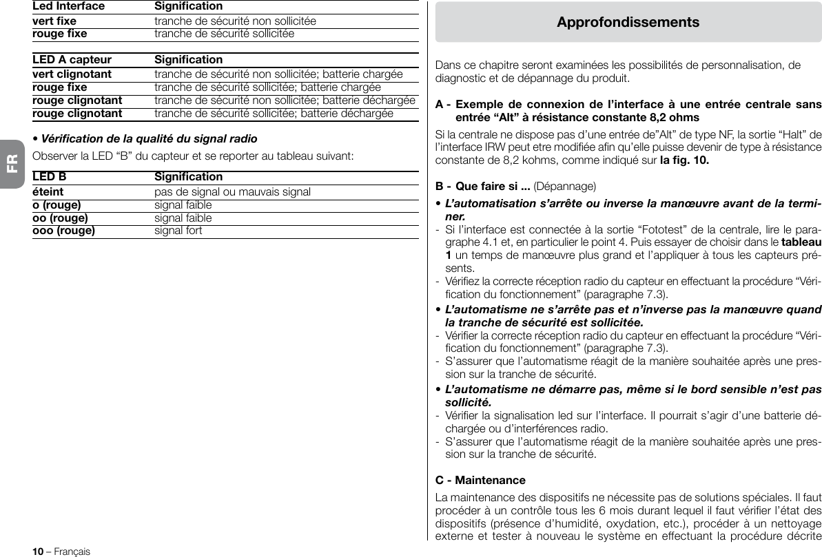 10 – FrançaisApprofondissementsDans ce chapitre seront examinées les possibilités de personnalisation, de diagnostic et de dépannage du produit.A -  Exemple  de connexion  de  l’interface  à  une entrée centrale  sans entrée “Alt” à résistance constante 8,2 ohmsSi la centrale ne dispose pas d’une entrée de”Alt” de type NF, la sortie “Halt” de l’interface IRW peut etre modiée an qu’elle puisse devenir de type à résistance constante de 8,2 kohms, comme indiqué sur la g. 10.B -  Que faire si ... (Dépannage)•  L’automatisation s’arrête ou inverse la manœuvre avant de la termi-ner.-  Si l’interface est connectée à la sortie “Fototest” de la centrale, lire le para-graphe 4.1 et, en particulier le point 4. Puis essayer de choisir dans le tableau 1 un temps de manœuvre plus grand et l’appliquer à tous les capteurs pré-sents.-  Vériez la correcte réception radio du capteur en effectuant la procédure “Véri-cation du fonctionnement” (paragraphe 7.3).•  L’automatisme ne s’arrête pas et n’inverse pas la manœuvre quand la tranche de sécurité est sollicitée.-  Vérier la correcte réception radio du capteur en effectuant la procédure “Véri-cation du fonctionnement” (paragraphe 7.3).-  S’assurer que l’automatisme réagit de la manière souhaitée après une pres-sion sur la tranche de sécurité.•  L’automatisme ne démarre pas, même si le bord sensible n’est pas sollicité.-  Vérier la signalisation led sur l’interface. Il pourrait s’agir d’une batterie dé-chargée ou d’interférences radio.-  S’assurer que l’automatisme réagit de la manière souhaitée après une pres-sion sur la tranche de sécurité.C - MaintenanceLa maintenance des dispositifs ne nécessite pas de solutions spéciales. Il faut procéder à un contrôle tous les 6 mois durant lequel il faut vérier l’état des dispositifs (présence d’humidité, oxydation, etc.), procéder à un nettoyage externe et tester à nouveau  le système en effectuant la procédure décrite Led Interface  Signicationvert xe  tranche de sécurité non sollicitéerouge xe  tranche de sécurité sollicitéeLED A capteur  Signicationvert clignotant   tranche de sécurité non sollicitée; batterie chargéerouge xe   tranche de sécurité sollicitée; batterie chargéerouge clignotant   tranche de sécurité non sollicitée; batterie déchargéerouge clignotant   tranche de sécurité sollicitée; batterie déchargée• Vérication de la qualité du signal radioObserver la LED “B” du capteur et se reporter au tableau suivant:LED B   Signicationéteint  pas de signal ou mauvais signalo (rouge)  signal faibleoo (rouge)  signal faibleooo (rouge)  signal fortFR