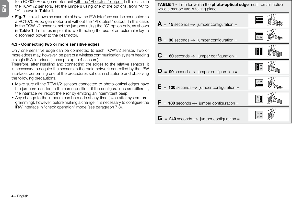 4 – Englishto a RO300 Robo gearmotor unit with the “Phototest” output. In this case, in theTCW1/2sensors,setthejumpersusingoneoftheoptions,from“A”to“F”,showninTable1.•Fig.7 – this shows an example of how the IRW interface can be connected to aRO1070Robogearmotorunitwithout the “Phototest” output. In this case, intheTCW1/2sensors,setthejumpersusingthe“G”optiononly,asshownin Table1. In this example, it is worth noting the use of an external relay to disconnect power to the gearmotor.4.3-ConnectingtwoormoresensitiveedgesOnlyonesensitiveedgecanbeconnectedtoeachTCW1/2sensor.Twoormore edges may, however, be part of a wireless communication system heading a single IRW interface (it accepts up to 4 sensors).Therefore, after installing and connecting the edges to the relative sensors, it isnecessarytoacquirethesensorsintheradionetworkcontrolledbytheIRWinterface,performingoneoftheproceduressetoutinchapter5andobservingthe following precautions.•MakesurealltheTCW1/2sensorsconnected to photo-optical edges have thejumpersinsertedinthesameposition:ifthecongurationsaredifferent,the interface will report the error by emitting an intermittent beep.•Anychangetothejumperscanbemadeatanytime(evenaftersystempro-gramming),however,beforemakingachange,itisnecessarytoconguretheIRWinterfacein“checkoperation”mode(seeparagraph7.3).ENTABLE1-Time for which the photo-opticaledge must remain active whileamanoeuvreistakingplace.A  =  15 seconds ––&gt;jumperconguration=B  =  30 seconds ––&gt;jumperconguration=C  =  60 seconds ––&gt;jumperconguration=D  =  90 seconds ––&gt;jumperconguration=E  =  120 seconds ––&gt;jumperconguration=F  =  180 seconds ––&gt;jumperconguration=G  =  240 seconds ––&gt;jumperconguration=