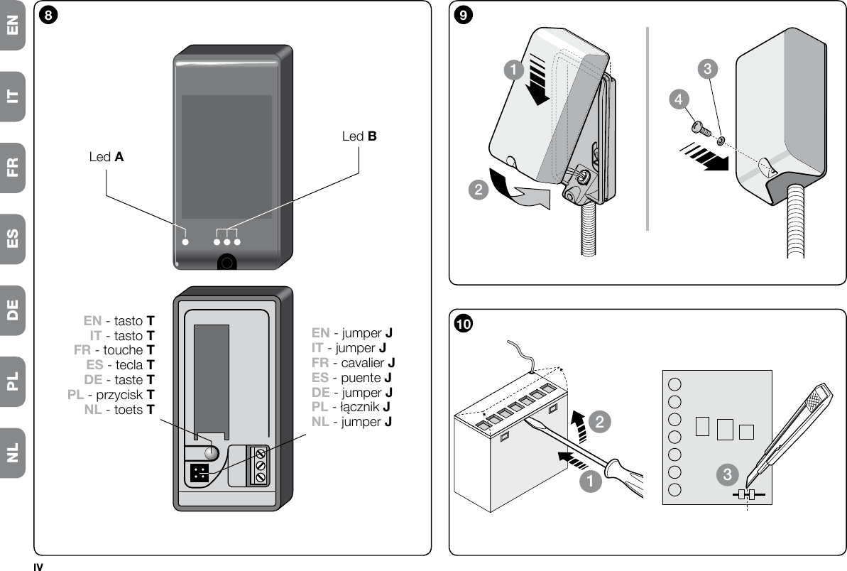 IV12341231098Led AEN - tasto TIT - tasto TFR - touche TES - tecla TDE - taste TPL - przycisk TNL - toets TEN - jumper JIT - jumper JFR - cavalier JES - puente JDE - jumper JPL - łącznik JNL - jumper JLed BNL PL DE ES FR IT EN