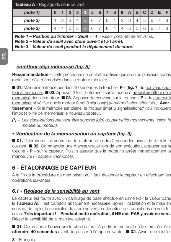 FR3 – Françaisémetteurdéjàmémorisé(fig.8)Recommandation – Cette procédure ne peut être utilisée que si un ou plusieurs codes radio sont déjà mémorisés dans le moteur tubulaire.■ 01. Maintenir enfoncé pendant 10 secondes la touche « P»(fig. 7) du nouveau cap-teur à mémoriser. ■ 02. Appuyer 3 fois (lentement) sur la touche d’un vieil émetteur déjà mémorisé dans le moteur. ■ 03. Appuyer de nouveau sur la touche « P»ducapteur à mémoriser et vérifier que le moteur émet 3 signaux(*) (= mémorisation effectuée). Aver-tissement – Si la mémoire est pleine, le moteur émet 6 signalisations(*) qui indiquent l’impossibilité de mémoriser le nouveau capteur.(*)–  Les signalisations peuvent être sonores (bip) ou par petits mouvements (selon le modèle du moteur).•Vérificationdelamémorisationducapteur(fig.9)■ 01. Débranche l’alimentation du moteur, attendre 2 secondes avant de rétablir le courant. ■ 02. Commander une manœuvre, et lors de son exécution, appuyer sur la touche « P»surlecapteur.Puis,s’assurerquelemoteurs’arrêteimmédiatementlamanœuvre (= capteur mémorisé).6 - ÉTALONNAGE DE CAPTEURÀ la fin de la procédure de mémorisation, il faut étalonner le capteur en effectuant les opérations suivantes.6.1-RéglagedelasensibilitéauventLe capteur est fourni avec un calibrage de base effectué en usine (voir la valeur dans le Tableau A). Il est toutefois absolument nécessaire, après l’installation et la mise en service, de régler la sensibilité du store au vent, en fonction des conditions de vent lo-cales. Trèsimportant!–Pendantcetteopération,ilNEdoitPASyavoirdevent.Régler la sensibilité de la manière suivante.■ 01. Commander l’ouverture totale du store. À partir du moment où le store s’arrête, attendre 40 secondesavantdepasseràl’étapesuivante! ■ 02. Avant de modifier Tableau A - Réglage du seuil de vent(note1) 012345 6 7 8 9 A B C D E F(note3) 1234567812345678(note2) 4455667844556678Note1–Positiondutrimmer«Seuil»( 4 = valeur paramétrée en usine).Note2–Valeurduseuilavecstoreouvertetàl’arrêt.Note3–Valeurduseuilpendantledéplacementdustore.