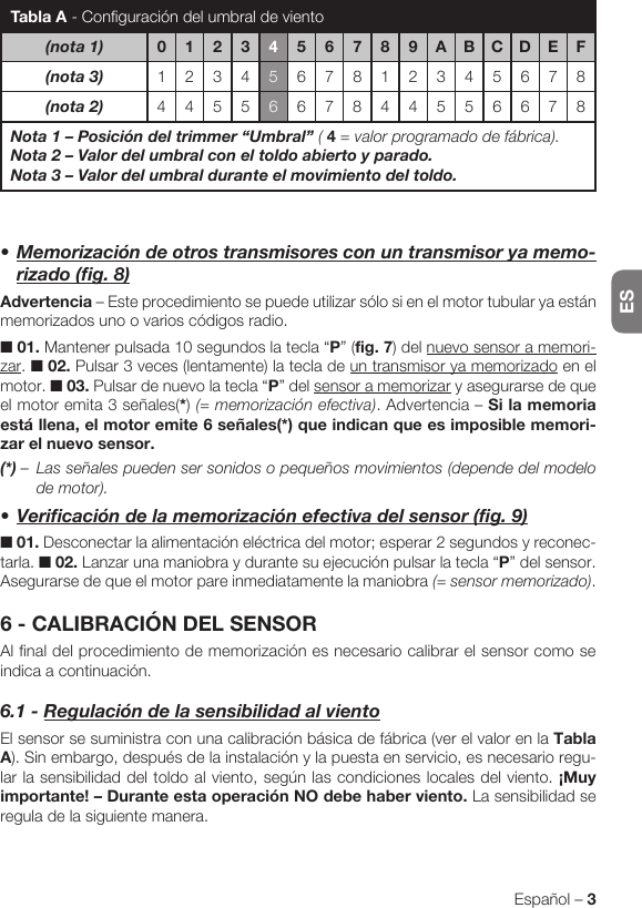 ESEspañol – 3•Memorizacióndeotrostransmisoresconuntransmisoryamemo-rizado(fig.8)Advertencia – Este procedimiento se puede utilizar sólo si en el motor tubular ya están memorizados uno o varios códigos radio.■ 01. Mantener pulsada 10 segundos la tecla “P” (fig. 7) del nuevo sensor a memori-zar. ■ 02. Pulsar 3 veces (lentamente) la tecla de un transmisor ya memorizado en el motor. ■ 03. Pulsar de nuevo la tecla “P” del sensor a memorizar y asegurarse de que el motor emita 3 señales(*) (= memorización efectiva). Advertencia – Si la memoria está llena, el motor emite 6 señales(*) que indican que es imposible memori-zar el nuevo sensor.(*)–  Las señales pueden ser sonidos o pequeños movimientos (depende del modelo de motor).•Verificacióndelamemorizaciónefectivadelsensor(fig.9)■ 01. Desconectar la alimentación eléctrica del motor; esperar 2 segundos y reconec-tarla. ■ 02. Lanzar una maniobra y durante su ejecución pulsar la tecla “P” del sensor. Asegurarse de que el motor pare inmediatamente la maniobra (= sensor memorizado).6 - CALIBRACIÓN DEL SENSORAl final del procedimiento de memorización es necesario calibrar el sensor como se indica a continuación.6.1-RegulacióndelasensibilidadalvientoEl sensor se suministra con una calibración básica de fábrica (ver el valor en la Tabla A). Sin embargo, después de la instalación y la puesta en servicio, es necesario regu-lar la sensibilidad del toldo al viento, según las condiciones locales del viento. ¡Muy importante! – Durante esta operación NO debe haber viento. La sensibilidad se regula de la siguiente manera.Tabla A - Configuración del umbral de viento(nota1) 012345 6 7 8 9 A B C D E F(nota3) 1234567812345678(nota2) 4455667844556678Nota1–Posicióndeltrimmer“Umbral”( 4 = valor programado de fábrica).Nota2–Valordelumbralconeltoldoabiertoyparado.Nota3–Valordelumbralduranteelmovimientodeltoldo.