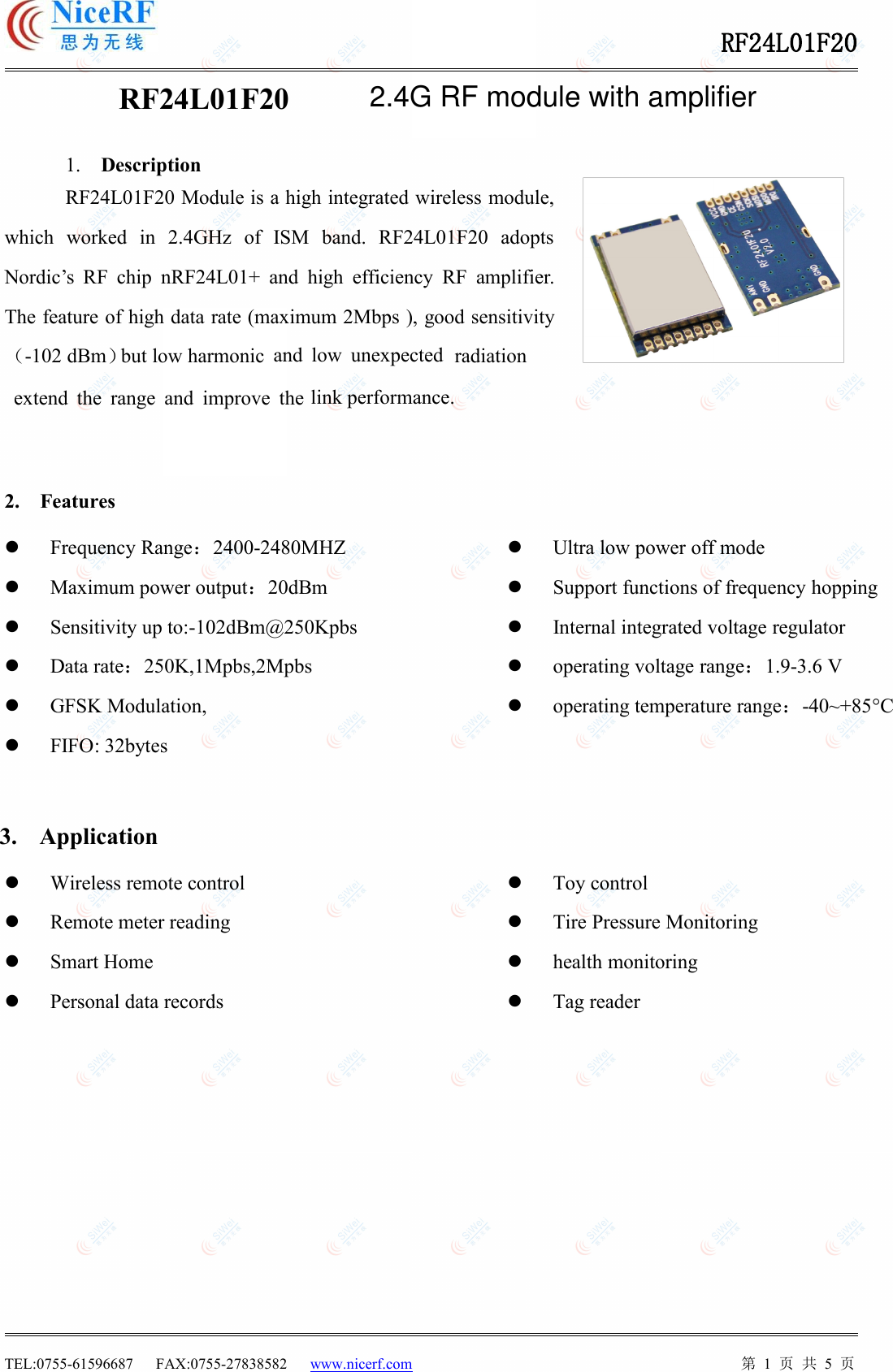NiceRF Wireless Technology RF2401F20 2.4G RF module with amplifier User