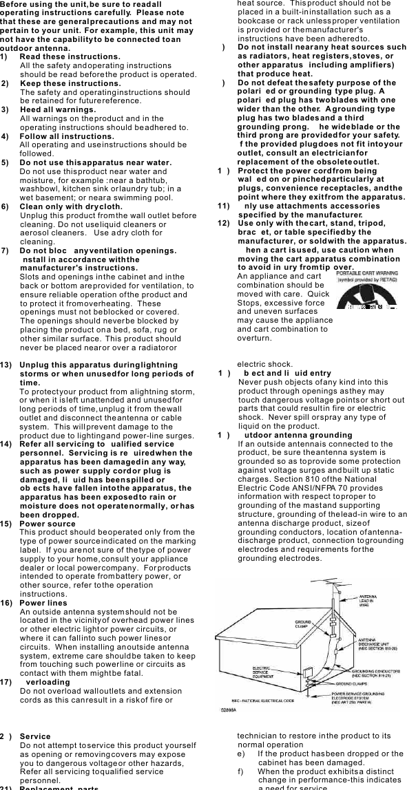 Before using the unit, be sure to read all operating instructions carefully.  Please note that these are general precautions and may not pertain to your unit.  For example, this unit  may not have the capability to be connected to an outdoor antenna.1) Read these instructions.All the safety and operating instructions should be read before the product is operated.2) Keep these instructions.The safety and operating instructions should be retained for future reference.3) Heed all warnings.All warnings on the product and in the operating instructions should be adhered to.4) Follow all instructions.All operating and use instructions should be followed.5) Do not use this apparatus near water.Do not use this product near water and moisture, for example : near a bathtub, washbowl, kitchen sink or laundry tub; in a    wet basement; or near a swimming pool.6) Clean only with dry cloth.Unplug this product from the wall outlet before cleaning. Do not use liquid cleaners or aerosol cleaners.   Use a dry cloth for cleaning.7) Do not block any ventilation openings. Install in accordance with the manufacturer&apos;s instructions.Slots and openings in the cabinet and in the back or bottom are provided for ventilation, to ensure reliable operation of the product and to protect it from overheating.  These openings must not be blocked or covered.  The openings should never be blocked by placing the product on a bed, sofa, rug  or other similar surface.  This product should never be placed near or over a radiator or  heat source.  This product should not be placed in a built-in installation such as a bookcase or rack unless proper ventilation is provided or the manufacturer&apos;s instructions have been adhered to.8) Do not install near any heat sources such as radiators, heat registers, stoves, or other apparatus (including amplifiers) that produce heat.9)      Do not defeat the safety purpose of the polarized or grounding-type plug.  A polarized plug has two blades with one wider than the other.  A grounding type plug has two blades and a third grounding prong.  The wide blade or the third prong are provided for your safety.  If the provided plug does not fit into your outlet, consult an electrician for replacement of the obsolete outlet.10) Protect the power cord from being walked on or pinched particularly at plugs, convenience receptacles, and the point where they exit from the apparatus.11) Only use attachments/accessories specified by the manufacturer.12) Use only with the cart, stand, tripod, bracket, or table specified by the manufacturer, or sold with the apparatus.  When a cart is used, use caution when moving the cart/apparatus combination to avoid injury from tip-over. An appliance and cart combination should be moved with care.  Quick Stops, excessive force and uneven surfaces may cause the appliance and cart combination to overturn. 13) Unplug this apparatus during lightning storms or when unused for long periods of time.To protect your product from a lightning storm, or when it is left unattended and unused for long periods of time, unplug it from the wall outlet and disconnect the antenna or cable system.  This will prevent damage to the product due to lighting and power-line surges.14) Refer all servicing to qualified service personnel.  Servicing is required when the apparatus has been damaged in any way, such as power-supply cord or plug is damaged, liquid has been spilled or objects have fallen into the apparatus, the apparatus has been exposed to rain or moisture does not operate normally, or has been dropped.15) Power sourceThis product should be operated only from the type of power source indicated on the marking label.  If you are not sure of the type of power supply to your home, consult your appliance dealer or local power company.  For products intended to operate from battery power, or  other source, refer to the operation instructions.16) Power linesAn outside antenna system should not be located in the vicinity of overhead power lines or other electric light or power circuits, or where it can fall into such power lines or circuits.  When installing an outside antenna system, extreme care should be taken to keep from touching such power line or circuits as contact with them might be fatal.17) OverloadingDo not overload wall outlets and extension cords as this can result in a risk of fire or electric shock.18) Object and liquid entryNever push objects of any kind into this product through openings as they may touch dangerous voltage points or short out parts that could result in fire or electric shock.  Never spill or spray any type of liquid on the product.19) Outdoor antenna groundingIf an outside antenna is connected to the product, be sure the antenna system is grounded so as to provide some protection against voltage surges and built up static charges. Section 810 of the National Electric Code ANSI/NFPA 70 provides information with respect to proper to grounding of the mast and supporting structure, grounding of the lead-in wire to an antenna discharge product, size of grounding conductors, location of antenna-discharge product, connection to grounding electrodes and requirements for the grounding electrodes.20) ServiceDo not attempt to service this product yourself as opening or removing covers may expose you to dangerous voltage or other hazards, Refer all servicing to qualified service personnel.21)  Replacement  parts    When replacement parts are required, be sure the service technician uses replacement parts specified by the manufacturer or those that have the same characteristics as the original parts. Unauthorized substitutions may result in fire or electric shock or other hazards.22) Safety check    Upon completion of any service or repairs to this product, ask the service technician to perform safety checks to determine that the product is in proper operation condition.23)  Wall or ceiling  mountingThe product should be mounted to a wall or ceiling only as recommended by the manufacturer.24) Damage requiring service    Unplug this product from the wall outlet and refer service to qualified service personnel under the following conditions.a) When the power-supply cord or plug is damaged.b) If liquid has been spilled or objects have fallen into the product.c) If the product has been exposed to rain or waterd) If the product does not operate normally by following the operating instructions. Adjust only those controls that are covered by the operating instructions, as an adjustment of other controls may result in damage and will and require extensive work by a qualifiedtechnician to restore in the product to its normal operatione) If the product has been dropped or the cabinet has been damaged.f) When the product exhibits a distinct change in performance-this indicates a need for service.25)  Note to CATV system installerThis reminder is provided to call the CATV system installer&apos;s attention to Article 820-40 of the NEC that provides guidelines for proper grounding and, in particular, specifies that the cable ground shall be connected to the grounding system of the building, as close to the point of cable entry as practical. 