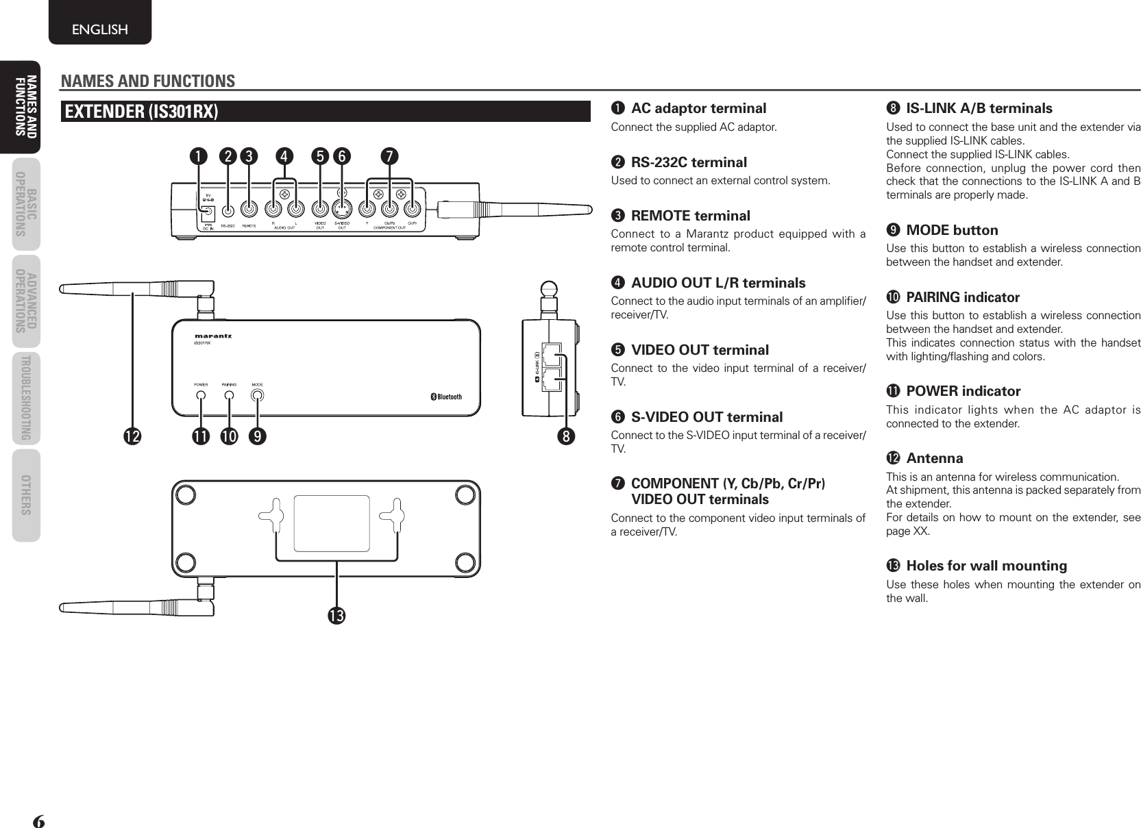 6NAMES AND FUNCTIONS BASIC OPERATIONS ADVANCED OPERATIONSTROUBLESHOOTINGOTHERSENGLISHNAMES AND FUNCTIONSEXTENDER (IS301RX)qwe r!3t!1!2 !0 oiyuNAMES AND FUNCTIONSq  AC adaptor terminalConnect the supplied AC adaptor.w RS-232C terminalUsed to connect an external control system.e REMOTE terminalConnect to a Marantz product equipped with a remote control terminal.r  AUDIO OUT L/R terminalsConnect to the audio input terminals of an ampliﬁ er/receiver/TV.t  VIDEO OUT terminalConnect to the video input terminal of a receiver/TV.y  S-VIDEO OUT terminalConnect to the S-VIDEO input terminal of a receiver/TV.u COMPONENT (Y, Cb/Pb, Cr/Pr) VIDEO OUT terminalsConnect to the component video input terminals of a receiver/TV.i  IS-LINK A/B terminalsUsed to connect the base unit and the extender via the supplied IS-LINK cables. Connect the supplied IS-LINK cables.Before connection, unplug the power cord then check that the connections to the IS-LINK A and B terminals are properly made.o MODE buttonUse this button to establish a wireless connection between the handset and extender.!0 PAIRING indicatorUse this button to establish a wireless connection between the handset and extender.This indicates connection status with the handset with lighting/ﬂ ashing and colors.!1 POWER indicatorThis indicator lights when the AC adaptor is connected to the extender.!2 AntennaThis is an antenna for wireless communication.At shipment, this antenna is packed separately from the extender.For details on how to mount on the extender, see page XX.!3  Holes for wall mountingUse these holes when mounting the extender on the wall.