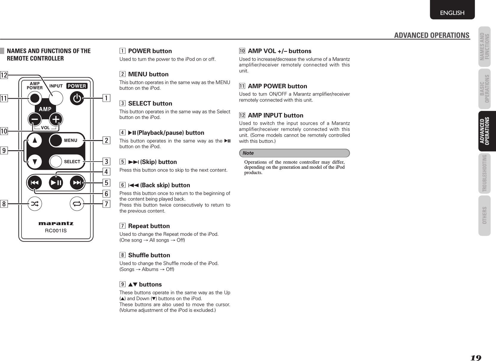 19NAMES AND FUNCTIONSENGLISHBASIC OPERATIONSADVANCED OPERATIONSTROUBLESHOOTINGOTHERS ADVANCED OPERATIONSNAMES AND FUNCTIONS OF THE REMOTE CONTROLLERzxcbm,⁄1⁄2.⁄0vnz POWER buttonUsed to turn the power to the iPod on or off.x MENU buttonThis button operates in the same way as the MENU button on the iPod.c SELECT buttonThis button operates in the same way as the Select button on the iPod.v 2;(Playback/pause) buttonThis button operates in the same way as the 2; button on the iPod.b ¢(Skip) buttonPress this button once to skip to the next content.n 4(Back skip) buttonPress this button once to return to the beginning of the content being played back.Press this button twice consecutively to return to the previous content.m Repeat buttonUsed to change the Repeat mode of the iPod.(One song → All songs → Off), Shufﬂ e buttonUsed to change the Shufﬂ e mode of the iPod.(Songs → Albums → Off). 34 buttonsThese buttons operate in the same way as the Up (3) and Down (4) buttons on the iPod.These buttons are also used to move the cursor. (Volume adjustment of the iPod is excluded.)ADVANCED OPERATIONS⁄0  AMP VOL +/– buttonsUsed to increase/decrease the volume of a Marantz amplifier/receiver remotely connected with this unit.⁄1  AMP POWER buttonUsed to turn ON/OFF a Marantz ampliﬁ er/receiver remotely connected with this unit.⁄2  AMP INPUT buttonUsed to switch the input sources of a Marantz amplifier/receiver remotely connected with this unit. (Some models cannot be remotely controlled with this button.)NoteOperations of the remote controller may differ, depending on the generation and model of the iPod products.