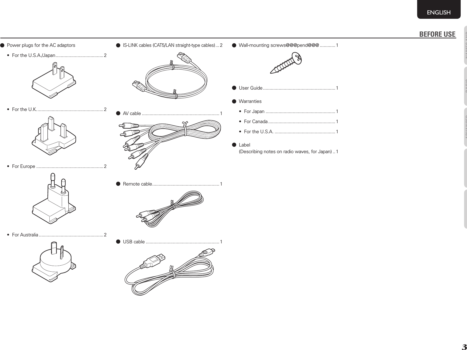 3NAMES AND FUNCTIONSENGLISHBASIC OPERATIONSADVANCED OPERATIONSTROUBLESHOOTINGOTHERS0  Power plugs for the AC adaptors•  For the U.S.A./Japan ..................................... 2•  For the U.K. ................................................... 2• For Europe .................................................... 2• For Australia .................................................. 20 IS-LINK cables (CAT5/LAN straight-type cables) ...20 AV cable ............................................................1 0 Remote cable ....................................................10 USB cable ......................................................... 10 Wall-mounting screws@@@pend@@@ ............ 10 User Guide ........................................................10 Warranties• For Japan ...................................................... 1• For Canada .................................................... 1• For the U.S.A. ............................................... 10 Label   (Describing notes on radio waves, for Japan) .. 1BEFORE USE