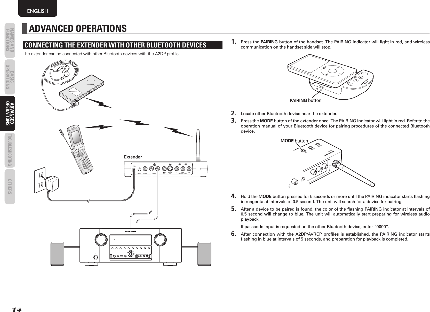 14NAMES AND FUNCTIONS BASIC OPERATIONS ADVANCED OPERATIONSTROUBLESHOOTINGOTHERSENGLISHADVANCED OPERATIONSADVANCED OPERATIONSCONNECTING THE EXTENDER WITH OTHER BLUETOOTH DEVICESThe extender can be connected with other Bluetooth devices with the A2DP proﬁ le.HOLDExtender 1. Press the PAIRING button of the handset. The PAIRING indicator will light in red, and wireless communication on the handset side will stop.MENUPAIRING button 2.  Locate other Bluetooth device near the extender. 3. Press the MODE button of the extender once. The PAIRING indicator will light in red. Refer to the operation manual of your Bluetooth device for pairing procedures of the connected Bluetooth device.MODE button 4. Hold the MODE button pressed for 5 seconds or more until the PAIRING indicator starts ﬂ ashing in magenta at intervals of 0.5 second. The unit will search for a device for pairing. 5.  After a device to be paired is found, the color of the ﬂ ashing PAIRING indicator at intervals of 0.5 second will change to blue. The unit will automatically start preparing for wireless audio playback.    If passcode input is requested on the other Bluetooth device, enter “0000”. 6.  After connection with the A2DP/AVRCP proﬁ les is established, the PAIRING indicator starts ﬂ ashing in blue at intervals of 5 seconds, and preparation for playback is completed.