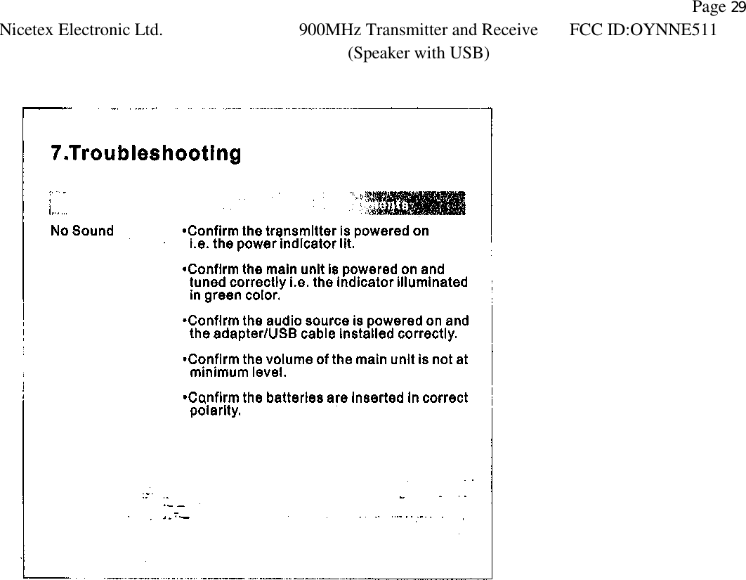                Page 29 Nicetex Electronic Ltd. 900MHz Transmitter and Receive (Speaker with USB) FCC ID:OYNNE511   