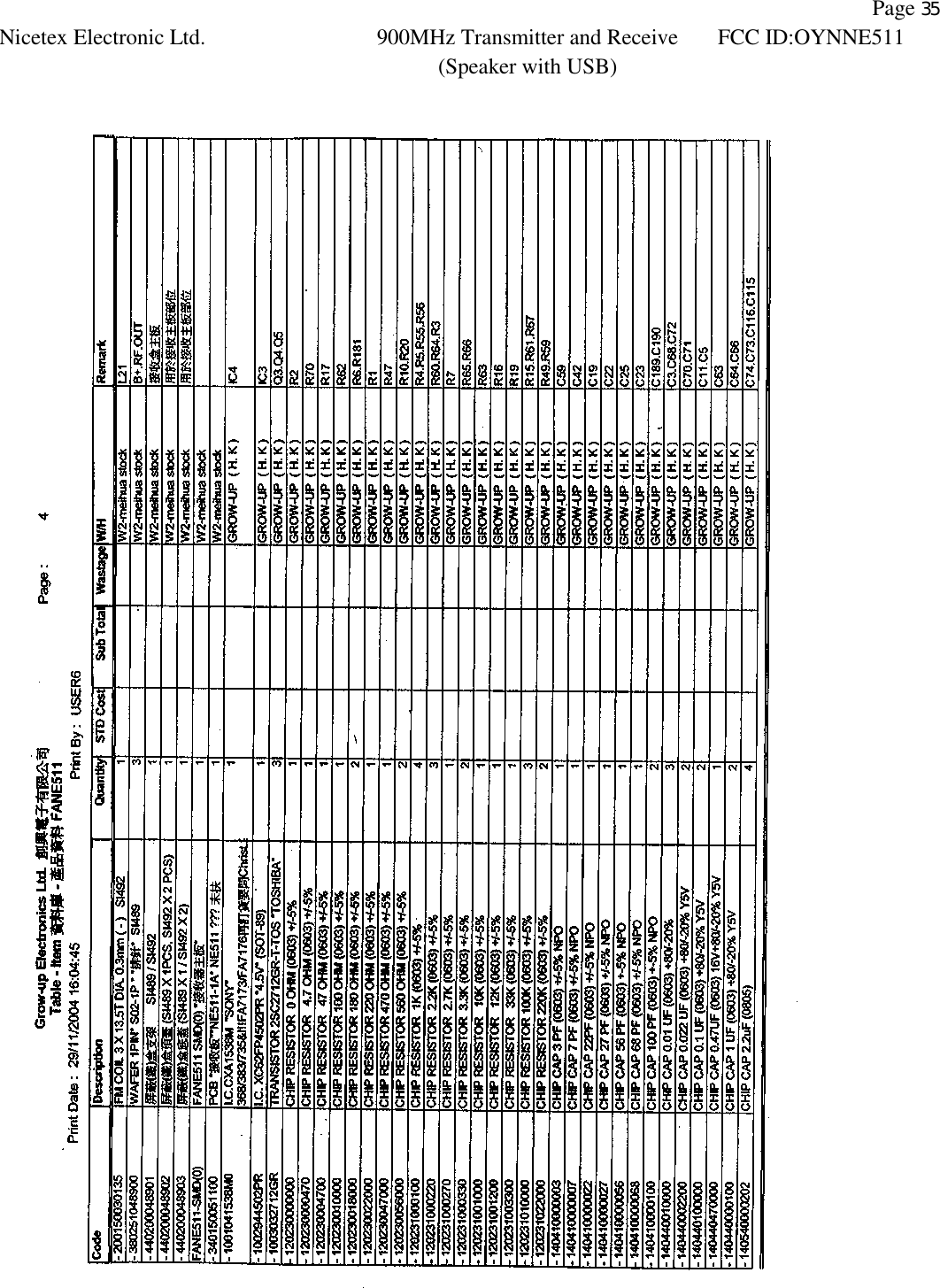                Page 35 Nicetex Electronic Ltd. 900MHz Transmitter and Receive (Speaker with USB) FCC ID:OYNNE511    