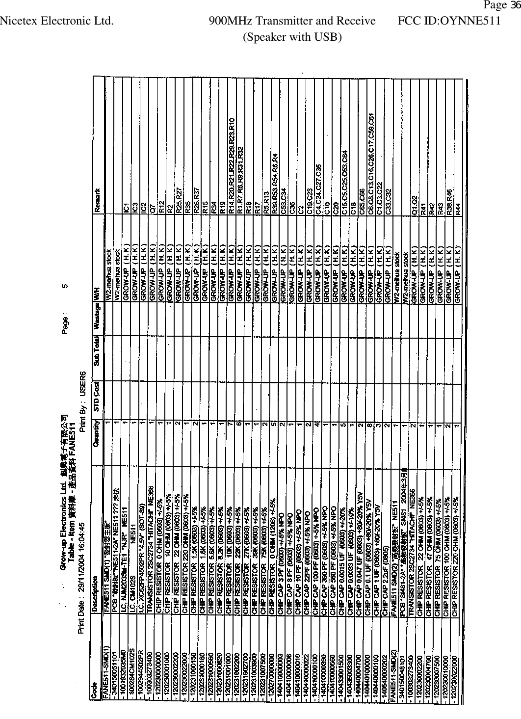                Page 36 Nicetex Electronic Ltd. 900MHz Transmitter and Receive (Speaker with USB) FCC ID:OYNNE511    