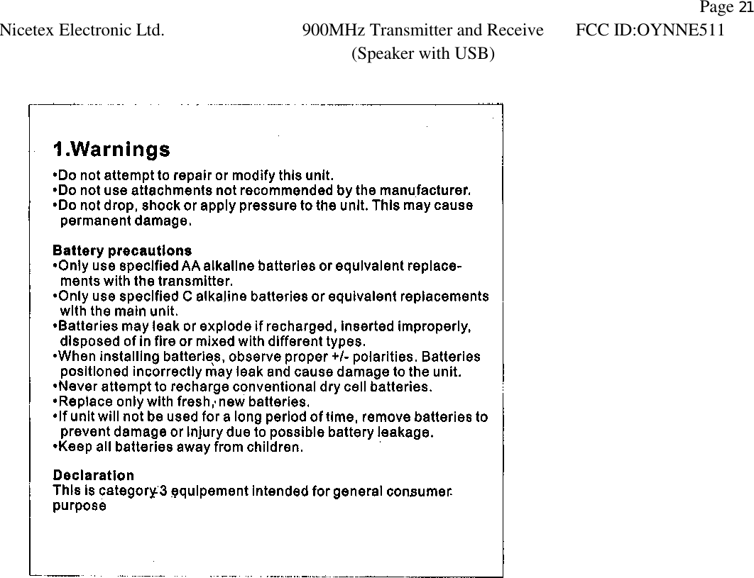                Page 21 Nicetex Electronic Ltd. 900MHz Transmitter and Receive (Speaker with USB) FCC ID:OYNNE511    